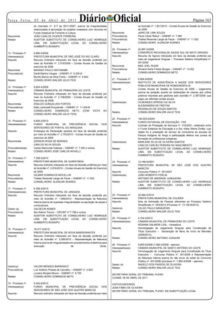 Te r ç a F e i r a , 0 5 d e A b r i l d e 2 0 11             Diário Oficial
                    do chamado nº. 317 de 05/11/2007, acerca de irregularidades
                                                                                                                                                               Página 13
                                                                                                               do Acórdão nº. 1.821/2010 – Contas Anuais de Gestão do Exercício
                    relacionadas à aprovação de projetos custeados com recursos do                             de 2009.
                    Fundo Estadual de Fomento à Cultura.                                   Recorrente          JAIRO DE LIMA SOUZA
Recorrente          JOÃO CARLOS VICENTE FERREIRA                                           Procurador(a)       Paulo Cézar Rebuli – OAB/MT nº. 7.565
Relator             AUDITOR SUBSTITUTO DE CONSELHEIRO LUIZ HENRIQUE                        Procurador(a)       Thalles Rezende Lange de Paula – OAB/MT nº. 11.922
                    LIMA, EM SUBSTITUIÇÃO LEGAL AO CONSELHEIRO                             Relator             CONSELHEIRO ALENCAR SOARES
                    HUMBERTO BOSAIPO
                                                                                           20 - Processo nº.   20.897-3/2009
13 - Processo nº.   6.890-0/2009                                                           Interessado(a)      CONSÓRCIO REGIONALDE SAÚDE SUL DE MATO GROSSO
Interessado(a)      PREFEITURA MUNICIPAL DE SÃO JOSÉ DO RIO CLARO                          Assunto             Recurso de Agravo interposto em face da decisão proferida por
Assunto             Recurso Ordinário interposto em face da decisão proferida por                              meio de Julgamento Singular – Processo Seletivo Simplificado nº.
                    meio do Acórdão nº. 2.516/2009 – Contas Anuais de Gestão do                                001/2009.
                    exercício de 2008.                                                     Recorrente          MAX JOEL RUSSI
Recorrente          MASSAO PAULO WATANABE                                                  Procurador(a)       Wiviane Karla Freitas Borges – OAB/MT nº. 13.052
Procurador(a)       Darlã Martins Vargas – OAB/MT nº. 5.300-B                              Relator             CONSELHEIRO DOMINGOS NETO
                    Murillo Barros da Silva Freire – OAB/MT nº. 8.942
Relator             CONSELHEIRO WALDIR JÚLIO TEIS                                          21 - Processo nº.   6.994-9/2009
                                                                                           Interessados(as)    INSTITUTO DE ASSISTÊNCIA A SAÚDE DOS SERVIDORES
                                                                                                               PÚBLICOS MUNICIPAIS DE RONDONÓPOLIS
14 - Processo nº.   6.604-4/2009
                                                                                           Assunto             Contas Anuais de Gestão do Exercício de 2008 – Julgamento
Interessado(a)      CÂMARA MUNICIPAL DE PRIMAVERA DO LESTE
                                                                                                               acerca da quitação quanto às restituições de valores aos cofres
Assunto             Recurso Ordinário interposto em face da decisão proferida por
                                                                                                               públicos impostas aos gestores pelo acórdão nº. 2.387/2009, que
                    meio do Acórdão nº. 2.108/2009 – Contas Anuais de Gestão do
                                                                                                               julgou as referidas contas anuais.
                    Exercício de 2008.
                                                                                           Gestores(as)        VILMONDES APRIGIO DA SILVA
Recorrentes         ERALDO GONÇALVES FORTES
                                                                                                               ALESSANDRA DE FREITAS
Procurador(a)       Kelly Lorenzetti Krzyzaniak – OAB/MT nº. 11.224-B
                                                                                                               REGINALDO DE SOUZA SANTOS
Relator             CONSELHEIRO DOMINGOS NETO (COM VISTA AO
                                                                                           Relator             CONSELHEIRO WALDIR JÚLIO TEIS
                    CONSELHEIRO WALDIR JÚLIO TEIS)
                                                                                           22 - Processo nº.   150.003-0/2001
15 - Processo nº.   6.605-2/2010
                                                                                           Interessado(a)      FUNDO ESTADUAL DE EDUCAÇÃO - FEE
Interessados(as)    FUNDO MUNICIPAL DE PREVIDÊNCIA SOCIAL DOS                              Assunto             Contrato de Prestação de Serviços nº. 016/2001, celebrado entre
                    SERVIDORES DE PONTAL DO ARAGUAIA                                                           o Fundo Estadual de Educação e a Sra. Kátia Silene Zortêa, cujo
Assunto             Embargos de Declaração opostos em face da decisão proferida                                objeto foi a prestação de serviço de consultoria às escolas do
                    por meio do Acórdão nº. 2.703/2010 – Contas Anuais de Gestão do                            Parque Indígena do Xingú e participação efetiva nos cursos de
                    exercício de 2009.                                                                         formação de professores indígenas.
Recorrentes         GERSON ROSA DE MORAES                                                  Gestores(as)        MARLENE SILVA DE OLIVEIRA SANTOS
                    CARLOS SILVA SOUZA                                                                         CARLOS CARLÃO PEREIRA DO NASCIMENTO
Procuradores(as)    Carlos Raimundo Esteves – OAB/MT nº. 7.255 e outros                    Relator             AUDITOR SUBSTITUTO DE CONSELHEIRO LUIZ HENRIQUE
Relator             CONSELHEIRO JOSÉ CARLOS NOVELLI                                                            LIMA, EM SUBSTITUIÇÃO LEGAL AO CONSELHEIRO
                                                                                                               HUMBERTO BOSAIPO
16 - Processo nº.   7.358-0/2010
Interessado(a)      PREFEITURA MUNICIPAL DE GUIRATINGA                                     23 - Processo nº.   12.748-5/2007
Assunto             Recurso ordinário interposto em face da Decisão proferida por meio     Interessado(a)      PREFEITURA MUNICIPAL DE SÃO JOSÉ DOS QUATRO
                    do Acórdão nº. 2.674/2010 – Contas Anuais de Gestão do Exercício                           MARCOS
                    de 2009.                                                               Assunto             Concurso Público nº. 001/2007
Recorrente          GILMAR DOMINGOS MOCELLIN                                               Gestores(as)        JOÃO ROBERTO FERLIN
Procurador(a)       Thalles Rezende Lange de Paula – OAB/MT nº. 11.922                                         ANTONIO DE ANDRADE JUNQUEIRA
Relator             CONSELHEIRO ALENCAR SOARES                                             Relator             AUDITOR SUBSTITUTO DE CONSELHEIRO LUIZ HENRIQUE
                                                                                                               LIMA, EM SUBSTITUIÇÃO LEGAL AO CONSELHEIRO
17 - Processo nº.   6.358-4/2010                                                                               HUMBERTO BOSAIPO
Interessados(as)    PREFEITURA MUNICIPAL DE JANGADA
Assunto             Recurso Ordinário interposto em face da decisão proferida por          24 - Processo nº.   20.664-4/2010
                    meio do Acórdão nº. 1.846/2010 - Representação de Natureza             Interessado(a)      PREFEITURA MUNICIPAL DE COLÍDER
                    Interna acerca de supostas irregularidades na aquisição de peças e     Assunto             Atos de Admissão de Pessoal referentes ao Processo Seletivo
                    combustíveis.                                                                              Simplificado nº. 003/2010 (Processo nº. 13.159-8/2010).
Gestor (a)          VALDECIR KEMER                                                         Gestor(a)           CELSO PAULO BANAZESKI
Procurador(a)       Ildo Ademir Faccio – CRC/MT nº 7.788 e outros                          Relator             CONSELHEIRO WALDIR JÚLIO TEIS
Relator             AUDITOR SUBSTITUTO DE CONSELHEIRO LUIZ HENRIQUE
                    LIMA, EM SUBSTITUIÇÃO LEGAL AO CONSELHEIRO                             25 - Processo nº.   4.704-0/2010
                    HUMBERTO BOSAIPO                                                       Interessados(as)    CÂMARA MUNICIPAL DE PRIMAVERA DO LESTE
                                                                                                               ROSANA GALBIERI LEAL - Vereadora
18 - Processo nº.   16.017-2/2010                                                          Assunto             Homologação de Julgamento Singular para Constituição de
Interessado(a)      PREFEITURA MUNICIPAL DE NOVA BANDEIRANTES                                                  Título Executivo – Declaração de Bens de Início de Mandato
                                                                                                               (2009/2012).
Assunto             Recurso Ordinário interposto em face da decisão proferida por
                                                                                           Relator             CONSELHEIRO ANTONIO JOAQUIM
                    meio do Acórdão nº. 3.285/2010 – Representação de Natureza
                    Interna acerca de irregularidades em procedimentos licitatórios para
                                                                                           26 - Processo nº.   9.855-8/2008 (7.882-4/2008 - apenso)
                    execução                           de                         obras.
                                                                                           Interessados(as)    CÂMARA MUNICIPAL DE SANTO ANTÔNIO DO LESTE
                                                                                           Assunto             Homologação de Julgamento Singular para Constituição de Título
                                                                                                               Executivo – Concurso Público nº. 001/2009 e Representação
                                                                                                               de Natureza Interna acerca do não envio do edital do Concurso
                                                                                                               Público nº. 001/2008 (processo nº. 7.882-4/2008 – apenso).
                                                                                           Gestor (a)          ÂNGELO DOS PASSOS DE OLIVEIRA
Gestor(a)           VALDIR MENDES BARRANCO
                                                                                           Relator             CONSELHEIRO WALDIR JÚLIO TEIS
Procurador(a)       Luiz Antônio Possas de Carvalho – OAB/MT nº. 2.623
                    Luciana Borges Moura – OAB/MT nº. 6.755
                                                                                           SECRETARIA GERAL DO TRIBUNAL PLENO
Relator             CONSELHEIRO DOMINGOS NETO                                              CUIABÁ, 05 DE ABRIL DE 2011.

19 - Processo nº.   5.420-8/2010                                                           VISTO/CONFERIDO
Interessado(a)      FUNDO MUNICIPAL DE PREVIDÊNCIA SOCIAL DOS                              JEAN FÁBIO DE OLIVEIRA
                    SERVIDORES DE SÃO JOSÉ DOS QUATRO MARCOS                               SECRETÁRIO GERAL DO TRIBUNAL PLENO, EM SUBSTITUIÇÃO LEGAL
Assunto             Recurso ordinário interposto em face da Decisão proferida por meio
 
