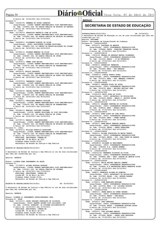Página 3
        A Partir de: 01/02/2011 Até 01/02/2011
                                                     Diário Oficial                                 Te r ç a F e i r a , 0 5 d e A b r i l d e 2 0 11

Processo N.:                                                                 SEDUC
    Nome: (141247/5) SAMMARA DE SOUZA CORDEIRO
        Cargo/Função: (10288) AGENTE PENITENCIARIO SIST.PENITENCIARIO
        Un. Adm: (130320) DIR. DE CADEIA PÚBLICA DE PEIXOTO DE AZEVEDO          SECRETARIA DE ESTADO DE EDUCAÇÃO
        A Partir de: 04/03/2011 Até 04/03/2011
Processo N.: 126cc
    Nome: (217763/1) SEBASTIAO HERVECIO LIMA DA SILVA
                                                                             PORTARIA/SEDUC/00147/2011                               DE: 05/04/2011
        Cargo/Função: (10288) AGENTE PENITENCIARIO SIST.PENITENCIARIO
                                                                             O Secretária de Estado de Educação no uso de suas atribuições que lhes são
        Un. Adm: (130320) DIR. DE CADEIA PÚBLICA DE PEIXOTO DE AZEVEDO
                                                                             conferidas por lei,
        A Partir de: 01/03/2011 Até 01/03/2011
                                                                             Resolve: DESIGNAR
Processo N.:
                                                                             Evento: Designação de Função/Função de Confiança
    Nome: (226439/1) SILVANETE RIBEIRO DA SILVA
                                                                             Processo N.: 1000001005850
        Cargo/Função: (8990) ASSISTENTE SISTEMA PRISIONAL
                                                                                 Nome: (87019/1) ALAIRSON DE AMORIM
        Un. Adm: (129895) DIR. DO CENTRO DE RESSOCIALIZAÇÃO DE CUIABÁ
                                                                                     Cargo/Função: (9903) COORDENADOR PEDAGOGICO/FDE
        A Partir de: 04/03/2011 Até 04/03/2011
                                                                                     Un. Adm: (009466) EEPSG JOAQUINA CERQUEIRA CALDAS
Processo N.:
                                                                                     A Partir de: 07/02/2011 Até 23/12/2011
    Nome: (217961/1) SOLANGE MAMEDES DA SILVA
                                                                             Processo N.: 1000001008174
        Cargo/Função: (10288) AGENTE PENITENCIARIO SIST.PENITENCIARIO
        Un. Adm: (130290) DIR. DE CADEIA PÚBLICA DE JUÍNA                        Nome: (76235/6) ANDREA DE ANDRADE BRETAS GUIMARAES
        A Partir de: 03/03/2011 Até 03/03/2011                                       Cargo/Função: (9903) COORDENADOR PEDAGOGICO/FDE
Processo N.: 126cc                                                                   Un. Adm: (013102) EEPSG - 14 DE FEVEREIRO
    Nome: (217875/1) TEMER JOSE MACIEL                                               A Partir de: 07/02/2011 Até 23/12/2011
        Cargo/Função: (10288) AGENTE PENITENCIARIO SIST.PENITENCIARIO        Processo N.: 1000001008403
        Un. Adm: (130575) DIR. DE CADEIA PÚBLICA DE PARANATINGA                  Nome: (35099/1) APARECIDO FERREIRA
        A Partir de: 01/03/2011 Até 01/03/2011                                       Cargo/Função: (9903) COORDENADOR PEDAGOGICO/FDE
Processo N.: 126cc                                                                   Un. Adm: (016322) EEPG - SAO GERALDO
    Nome: (49793/3) VALDIR CARLETTO                                                  A Partir de: 07/02/2011 Até 23/12/2011
        Cargo/Função: (10288) AGENTE PENITENCIARIO SIST.PENITENCIARIO        Processo N.: 1000001006259
        Un. Adm: (130605) DIR. DE CADEIA PÚBLICA DE PORTO DOS GAÚCHOS            Nome: (100080/1) CINTIA GUAZZI BIRAL
        A Partir de: 26/03/2011 Até 26/03/2011                                       Cargo/Função: (9903) COORDENADOR PEDAGOGICO/FDE
Processo N.:                                                                         Un. Adm: (012157) EEPG - DEP. EMANUEL PINHEIRO
    Nome: (127075/3) VANDERLEI COELHO                                                A Partir de: 28/02/2011 Até 31/12/2011
        Cargo/Função: (10288) AGENTE PENITENCIARIO SIST.PENITENCIARIO        Processo N.: 1000001006485
        Un. Adm: (130290) DIR. DE CADEIA PÚBLICA DE JUÍNA                        Nome: (30298/1) DARLETE BISPO DE SOUZA
        A Partir de: 01/03/2011 Até 01/03/2011                                       Cargo/Função: (9903) COORDENADOR PEDAGOGICO/FDE
Processo N.:                                                                         Un. Adm: (015075) EEPG - ARLINDO ESTILAC LEAL
    Nome: (141390/2) VANIRA KUSTER PLASTER                                           A Partir de: 07/02/2011 Até 23/12/2011
        Cargo/Função: (10288) AGENTE PENITENCIARIO SIST.PENITENCIARIO        Processo N.: 1000001007895
        Un. Adm: (130230) DIR. DE CADEIA PÚBLICA DE ARIPUANÃ                     Nome: (71045/23) DELVI ROSA DA SILVA
        A Partir de: 04/03/2011 Até 04/03/2011                                       Cargo/Função: (3697) SECRETARIO DE ESCOLA/FDE
Processo N.: 126cc                                                                   Un. Adm: (012610) EEPSG - MARIA S. PEIXOTO MOURA
    Nome: (219203/1) VERIDIANA BEATRIZ HIPLLER                                       A Partir de: 24/02/2011 Até 31/12/2011
        Cargo/Função: (10288) AGENTE PENITENCIARIO SIST.PENITENCIARIO        Processo N.: 1000001007118
        Un. Adm: (130575) DIR. DE CADEIA PÚBLICA DE PARANATINGA                  Nome: (39912/1) EDLAMAR VENTURA DE OLIVEIRA
        A Partir de: 03/03/2011 Até 03/03/2011                                       Cargo/Função: (9903) COORDENADOR PEDAGOGICO/FDE
Processo N.:                                                                         Un. Adm: (038512) EEPG - ANGELO NADIN
    Nome: (221961/1) WANCLEI COUTINHO SOLDERA                                        A Partir de: 07/02/2011 Até 23/12/2011
        Cargo/Função: (10278) AGENTE PRISIONAL DO SIST.PRISIONAL             Processo N.: 1000001008524
        Un. Adm: (130290) DIR. DE CADEIA PÚBLICA DE JUÍNA                        Nome: (31056/1) EDNA LOPES DE LIMA FARIA
        A Partir de: 03/03/2011 Até 03/03/2011                                       Cargo/Função: (9903) COORDENADOR PEDAGOGICO/FDE
Processo N.:                                                                         Un. Adm: (016225) EEPG - IRENE ORTEGA
    Nome: (217757/1) WESLEY SILVA RODRIGUES                                          A Partir de: 07/02/2011 Até 23/12/2011
        Cargo/Função: (10288) AGENTE PENITENCIARIO SIST.PENITENCIARIO        Processo N.: 1000001007312
        Un. Adm: (130320) DIR. DE CADEIA PÚBLICA DE PEIXOTO DE AZEVEDO           Nome: (25756/1) EDNA MARIA PEREIRA ARAUJO
        A Partir de: 03/03/2011 Até 03/03/2011                                       Cargo/Função: (9903) COORDENADOR PEDAGOGICO/FDE
Processo N.: 126cc                                                                   Un. Adm: (014150) EEPSG - SANTA TEREZINHA
    Nome: (217872/1) WILLIAN PATRICIO RODRIGUES                                      A Partir de: 07/02/2011 Até 23/12/2011
        Cargo/Função: (10288) AGENTE PENITENCIARIO SIST.PENITENCIARIO        Processo N.: 1000001008955
        Un. Adm: (130575) DIR. DE CADEIA PÚBLICA DE PARANATINGA                  Nome: (30825/1) ELIANA GONCALVES DE MEIRA FRANCA
        A Partir de: 03/03/2011 Até 03/03/2011                                       Cargo/Função: (9903) COORDENADOR PEDAGOGICO/FDE
          PUBLICADA, REGISTRADA, CUMPRA-SE.                                          Un. Adm: (013943) EEPSG - GOV. JOAO PONCE DE ARRUDA
          Cuiabá-MT, 05 de Abril de 2011.                                            A Partir de: 07/02/2011 Até 23/12/2011
          Diógenes Gomes Curado Filho                                        Processo N.: 1000001006952
          Secretário de Estado de Justiça e Seg Pública                          Nome: (200698/5) ELIZANE DO NASCIMENTO
                                                                                     Cargo/Função: (9903) COORDENADOR PEDAGOGICO/FDE
                                                                                     Un. Adm: (158399) E.E. CLEUFA HUBNER
BOLETIM DE PESSOAL/SEJUS/00115/2011                     DE: 05/04/2011
                                                                                     A Partir de: 10/02/2011 Até 23/12/2011
                                                                             Processo N.: 1000001006208
O Secretário de Estado de Justiça e Seg Pública no uso de suas atribuições
                                                                                 Nome: (105015/16) FERNANDA OLIVEIRA DA SILVA
que lhes são conferidas por lei,
                                                                                     Cargo/Função: (9903) COORDENADOR PEDAGOGICO/FDE
                                                                                     Un. Adm: (009890) EES - PROF. ALMIRA DE AMORIM SILVA
Resolve: DEFERIR
                                                                                     A Partir de: 15/03/2011 Até 23/12/2011
                                                                             Processo N.: 1000001006360
Evento: LICENCA PARA TRATAMENTO DE SAUDE
                                                                                 Nome: (23754/1) HELIA REGINA CANDIDO ORMOND
Processo N.:
                                                                                     Cargo/Função: (9903) COORDENADOR PEDAGOGICO/FDE
    Nome: (117358/1) ELIANA AUGUSTA BOTELHO
                                                                                     Un. Adm: (124060) E.E.PROFESSORA MARIA HERMINIA ALVES
        Cargo/Função: (10288) AGENTE PENITENCIARIO SIST.PENITENCIARIO
                                                                                     A Partir de: 07/02/2011 Até 23/12/2011
        Un. Adm: (130141) DIR. DE CADEIA PÚBLICA DE CÁCERES
                                                                             Processo N.: 1000001006805
        A Partir de: 29/03/2011 Até 27/04/2011
                                                                                 Nome: (3889/1) HERMINIA ALIANA DE ALMEIDA
          PUBLICADA, REGISTRADA, CUMPRA-SE.
                                                                                     Cargo/Função: (3697) SECRETARIO DE ESCOLA/FDE
          Cuiabá-MT, 05 de Abril de 2011.
                                                                                     Un. Adm: (012785) EEPSG - CEL. ARTHUR BORGES
          Diógenes Gomes Curado Filho
                                                                                     A Partir de: 01/01/2011 Até 31/12/2011
          Secretário de Estado de Justiça e Seg Pública
                                                                             Processo N.: 1000001007200
                                                                                 Nome: (17059/1) IONE MANRIQUE MURIANA
BOLETIM DE PESSOAL/SEJUS/00114/2011                     DE: 05/04/2011               Cargo/Função: (9903) COORDENADOR PEDAGOGICO/FDE
                                                                                     Un. Adm: (015334) EEPG - IR. LUCINDA FACHINI
O Secretário de Estado de Justiça e Seg Pública no uso de suas atribuições           A Partir de: 14/02/2011 Até 23/12/2011
que lhes são conferidas por lei,                                             Processo N.: 1000001007046
                                                                                 Nome: (38403/1) JANEA MARIA DA CUNHA BORGES
Resolve: DEFERIR                                                                     Cargo/Função: (9903) COORDENADOR PEDAGOGICO/FDE
                                                                                     Un. Adm: (016470) EEPSG - DOM BOSCO
Evento: LICENÇA P/ TRATAMENTO SAUDE/SEGURADO INSS                                    A Partir de: 07/02/2011 Até 23/12/2011
Processo N.: MLSN                                                            Processo N.: 1000001007215
    Nome: (217153/1) LAURO FABIANO GONCALVES DE OLIVEIRA                         Nome: (23154/1) JOAO GREGOSKI
        Cargo/Função: (9245) AGENTE ORIENT.SIST.SOCIOEDUC.-44H                       Cargo/Função: (9903) COORDENADOR PEDAGOGICO/FDE
        Un. Adm: (129534) SUPERINT. DO SISTEMA SOCIOEDUCATIVO                        Un. Adm: (014206) EEPSG - ALEXANDRE QUIRINO SOUZA
        A Partir de: 16/03/2011 Até 31/03/2011                                       A Partir de: 07/02/2011 Até 23/12/2011
          PUBLICADA, REGISTRADA, CUMPRA-SE.                                  Processo N.: 1000001008398
          Cuiabá-MT, 05 de Abril de 2011.                                        Nome: (32932/1) JOAO ROSIMAR ANGOLA
          Diógenes Gomes Curado Filho                                                Cargo/Função: (9903) COORDENADOR PEDAGOGICO/FDE
          Secretário de Estado de Justiça e Seg Pública                              Un. Adm: (011894) EEPSG - PADRE JOSE ANCHIETA
                                                                                     A Partir de: 07/02/2011 Até 23/12/2011
 