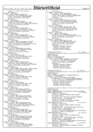 Te r ç a F e i r a , 0 5 d e A b r i l d e 2 0 11
        A Partir de: 14/02/2011 Até 24/03/2011
                                                     Diário Oficial    Qtde Horas: 4
                                                                                                                              Página 3
        Qtde Horas: 4                                          Processo N.: 1000001005240
Processo N.: 1000001006512                                         Nome: (91673/13) TICIANA ERIKA BELLATO
    Nome: (35590/1) MARIA RITA BEZERRA REIS                            Cargo/Função: (3441) PROFESSOR EDUC. BASICA
        Cargo/Função: (3441) PROFESSOR EDUC. BASICA                    Un. Adm: (010065) EEPSG - TANCREDO DE ALMEIDA NEVES
        Un. Adm: (014150) EEPSG - SANTA TEREZINHA                      A Partir de: 14/02/2011 Até 23/12/2011
        A Partir de: 14/02/2011 Até 23/12/2011                         Qtde Horas: 2
        Qtde Horas: 8                                          Processo N.: 1000001004246
Processo N.: 1000001007673                                         Nome: (205939/6) VALDEMIR BENICIO DE SOUZA NETO
    Nome: (17849/1) MARINALVA DA SILVA                                 Cargo/Função: (3441) PROFESSOR EDUC. BASICA
        Cargo/Função: (3441) PROFESSOR EDUC. BASICA                    Un. Adm: (014192) EEPSG - ANTONIO GOMES PRIMO
        Un. Adm: (013412) EEPG - CEL. ANTONIO PAES DE BARROS           A Partir de: 17/02/2011 Até 23/12/2011
        A Partir de: 21/03/2011 Até 14/05/2011                         Qtde Horas: 6
        Qtde Horas: 20                                         Processo N.: 1000001006830
Processo N.: 1000001006872                                         Nome: (85150/1) VANESSA GONCALVES LOPES COSTA
    Nome: (34429/1) MAURICIO DE SOUZA ARAUJO                           Cargo/Função: (3441) PROFESSOR EDUC. BASICA
        Cargo/Função: (3441) PROFESSOR EDUC. BASICA                    Un. Adm: (009482) EEPG - HELIODORO CAPISTRANO
        Un. Adm: (016241) EEPSG - PADRE JOSE DE ANCHIETA               A Partir de: 29/03/2011 Até 23/12/2011
        A Partir de: 14/02/2011 Até 23/12/2011                         Qtde Horas: 20
        Qtde Horas: 1                                          Processo N.: 1000001002773
Processo N.: 1000001006915                                         Nome: (71308/20) VILMA MONTEIRO
    Nome: (34429/1) MAURICIO DE SOUZA ARAUJO                           Cargo/Função: (3441) PROFESSOR EDUC. BASICA
        Cargo/Função: (3441) PROFESSOR EDUC. BASICA                    Un. Adm: (016454) EEPG - LUCIENE CARDOSO DE OLIVEIRA
        Un. Adm: (016241) EEPSG - PADRE JOSE DE ANCHIETA               A Partir de: 14/02/2011 Até 23/12/2011
        A Partir de: 14/02/2011 Até 11/07/2011                         Qtde Horas: 6
        Qtde Horas: 1                                          Processo N.: 1000001008770
Processo N.: 1000001008289                                         Nome: (69454/6) WELTON BERALDO DA SILVA
    Nome: (109152/40) MAURICIO DOS SANTOS DE OLIVEIRA                  Cargo/Função: (3441) PROFESSOR EDUC. BASICA
        Cargo/Função: (3441) PROFESSOR EDUC. BASICA                    Un. Adm: (016500) EEPSG - MARIO SPINELLI
        Un. Adm: (015458) EEPSG - VICTORIA FURLANI DA RIVA             A Partir de: 14/02/2011 Até 12/08/2011
        A Partir de: 01/04/2011 Até 23/12/2011                         Qtde Horas: 9
        Qtde Horas: 2                                                    PUBLICADA, REGISTRADA, CUMPRA-SE.
Processo N.: 1000001005375                                               Cuiabá-MT, 05 de Abril de 2011.
    Nome: (227912/1) MILENE MEDEIROS DE OLIVEIRA                         Rosa Neide Sandes de Almeida
        Cargo/Função: (3441) PROFESSOR EDUC. BASICA                      Secretária de Estado de Educação
        Un. Adm: (127701) E.E. VILA RICA
        A Partir de: 01/03/2011 Até 23/12/2011                 PORTARIA/SEDUC/00152/2011                              DE: 05/04/2011
        Qtde Horas: 20                                         O Secretária de Estado de Educação no uso de suas atribuições que lhes são
Processo N.: 1000001002843                                     conferidas por lei,
    Nome: (26371/1) NAIR CANDIDO DIAS                          Resolve: RETIFICAR
        Cargo/Função: (3441) PROFESSOR EDUC. BASICA            Evento: Aulas Adicionais SEDUC
        Un. Adm: (015636) EEPSG - JOAO PAULO I                 Processo N.: 1000000995924
        A Partir de: 04/03/2011 Até 23/12/2011                     Nome: (84817/23) EMERSON ALEXANDRE DA COSTA NOVAES
        Qtde Horas: 7                                                  Cargo/Função: (3441) PROFESSOR EDUC. BASICA
Processo N.: 1000001004426                                             Un. Adm: (013102) EEPSG - 14 DE FEVEREIRO
    Nome: (60109/10) NATALINA LAURA DE ARAUJO                          A Partir de: 14/02/2011 Até 23/12/2011
        Cargo/Função: (3441) PROFESSOR EDUC. BASICA                    Qtde Horas: 9
        Un. Adm: (014826) EEPSG - ANTONIO FERREIRA SOBRINHO              PUBLICADA, REGISTRADA, CUMPRA-SE.
        A Partir de: 14/02/2011 Até 13/03/2011                           Cuiabá-MT, 05 de Abril de 2011.
        Qtde Horas: 4                                                    Rosa Neide Sandes de Almeida
Processo N.: 1000001006496                                               Secretária de Estado de Educação
    Nome: (97950/14) NELMA FAVALESSA RIBEIRO IBARROLA DUARTE
        Cargo/Função: (3441) PROFESSOR EDUC. BASICA
        Un. Adm: (015970) EEPG - MANOEL MARINHEIRO             PORTARIA/SEDUC/00153/2011                            DE: 05/04/2011
        A Partir de: 14/02/2011 Até 23/11/2011                 O Secretária de Estado de Educação no uso de suas atribuições que lhes são
        Qtde Horas: 2                                          conferidas por lei,
Processo N.: 1000001003216                                     Resolve: DEFERIR
    Nome: (76233/15) NELSON BEU LUIZ                           Evento: LICENCA PARA TRATAMENTO DE INTERESSE PARTICULAR
        Cargo/Função: (3441) PROFESSOR EDUC. BASICA            Processo N.: 1000001009067
        Un. Adm: (015105) EEPG - 9 DE JULHO                        Nome: (4544/1) PAULO BENEDITO DA SILVA BUENO
        A Partir de: 22/03/2011 Até 23/12/2011                         Cargo/Função: 4731 - TEC ADM EDUC PROFISSIONALIZADO-30
        Qtde Horas: 2                                                  Un. Adm: (040371) SUP. DE INFRA ESTRUTURA DA EDUCACAO
Processo N.: 1000001008208                                             A Partir de: 08/02/2011 Ate 07/04/2011
    Nome: (76233/15) NELSON BEU LUIZ                                     PUBLICADA, REGISTRADA, CUMPRA-SE.
        Cargo/Função: (3441) PROFESSOR EDUC. BASICA                      Cuiabá-MT, 05 de Abril de 2011.
        Un. Adm: (015105) EEPG - 9 DE JULHO                              Rosa Neide Sandes de Almeida
        A Partir de: 11/03/2011 Até 23/12/2011                           Secretária de Estado de Educação
        Qtde Horas: 3
Processo N.: 1000001008055                                     O Secretária de Estado de Educação no uso de suas atribuições que lhes são
    Nome: (99983/13) PAULA DANIELLA LEAO BRAUN                 conferidas por lei,
        Cargo/Função: (3441) PROFESSOR EDUC. BASICA            Resolve: AUTORIZAR
        Un. Adm: (015040) EEPSG - CORONEL VANIQUE              Objeto: CONTRATO TEMPORARIO EM SUBSTITUIÇÃO POR MOTIVO DE URGÊNCIA
        A Partir de: 31/03/2011 Até 23/12/2011                 CONTRATO/SEDUC/26872/2011                                DE: 05/04/2011
        Qtde Horas: 6                                                  Processo Nº: 1000001002119
Processo N.: 1000001006499                                             Contratado: (109466/18) ARGENTINA TEODORO MOREIRA
    Nome: (105617/12) PAULA LIMA DA CRUZ VERCIANO                      CPF: 793.462.191-49
        Cargo/Função: (3441) PROFESSOR EDUC. BASICA                    Cargo/Função: (3476) APOIO ADM. EDUCACIONAL-ELEMENTAR
        Un. Adm: (015873) EEPSG - 13 DE MAIO                           Referência: A-001     Carga Horária: 30H
        A Partir de: 14/02/2011 Até 23/12/2011                         Un. Adm: (016560) EEPSG - JOAO SATO
        Qtde Horas: 2                                                  Substituído: (117599/11) EZILDA LUZIA DE AZEVEDO
Processo N.: 1000001000927                                             A Partir de: 14/02/2011 Até 13/06/2011
    Nome: (126105/16) PAULO CESAR MOREIRA PESSOA               CONTRATO/SEDUC/26873/2011                             DE: 05/04/2011
        Cargo/Função: (3441) PROFESSOR EDUC. BASICA                    Processo Nº: 1000001004314
        Un. Adm: (014761) EEPSG - EWALDO MEYER RODERJAN                Contratado: (112497/13) RONALDO MARQUES DE QUEIROZ
        A Partir de: 28/02/2011 Até 23/12/2011                         CPF: 865.883.541-34
        Qtde Horas: 9                                                  Cargo/Função: (3506) CONTR.TEMP.FUNCAO PROF. HABILITADO
Processo N.: 1000001006566                                             Referência: B-001     Carga Horária: 10H
    Nome: (6272/1) RAUL ESTEVAO GOMES DORILEO                          Un. Adm: (094420) E.MADRE CRISTINA
        Cargo/Função: (3441) PROFESSOR EDUC. BASICA                    Substituído: (113803/16) ILDELENE APARECIDA DA COSTA QUEIROZ
        Un. Adm: (013625) EEPG - JOAO PEDRO TORRES                     A Partir de: 09/03/2011 Até 09/05/2011
        A Partir de: 14/02/2011 Até 23/12/2011                 CONTRATO/SEDUC/26874/2011                              DE: 05/04/2011
        Qtde Horas: 1                                                  Processo Nº: 1000001004318
Processo N.: 1000001005035                                             Contratado: (117209/17) ANA LUIZA CARVALHO FURLAN
    Nome: (53954/24) TELMA RODRIGUES DE SOUZA GOMES                    CPF: 218.937.348-46
        Cargo/Função: (3441) PROFESSOR EDUC. BASICA                    Cargo/Função: (3506) CONTR.TEMP.FUNCAO PROF. HABILITADO
        Un. Adm: (014940) EEPSG - DOM WUNIBALDO                        Referência: A-001     Carga Horária: 04H
        A Partir de: 14/02/2011 Até 23/12/2011                         Un. Adm: (094420) E.MADRE CRISTINA
        Qtde Horas: 4                                                  Substituído: (113803/16) ILDELENE APARECIDA DA COSTA QUEIROZ
Processo N.: 1000001007100                                             A Partir de: 09/03/2011 Até 09/05/2011
    Nome: (32792/1) TEREZINHA TONDIM                           CONTRATO/SEDUC/26875/2011                             DE: 05/04/2011
        Cargo/Função: (3441) PROFESSOR EDUC. BASICA                    Processo Nº: 1000001005971
        Un. Adm: (015709) EEPG - LUIZA NUNES BEZERRA                   Contratado: (141950/9) WANDERLUCIA FERREIRA DE CARVALHO
        A Partir de: 23/03/2011 Até 23/12/2011                         CPF: 011.847.661-00
 
