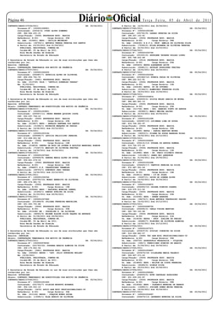 Página 
CONTRATO/SEDUC/27036/2011
                                                           Diário Oficial
                                                                 DE: 05/04/2011
                                                                                                           Te r ç a F e i r a , 0 5 d e A b r i l d e 2 0 11
                                                                                          A Partir de: 14/02/2011 Até 30/04/2011
        Processo Nº: 1000001008921                                                CONTRATO/SEDUC/27045/2011                                        DE:   05/04/2011
        Contratado: (20032/4) IVONI ALVES XIMENES                                         Processo Nº: 1000001005380
        CPF: 384.564.431-15                                                               Contratado: (201761/9) LAZARO PEREIRA DA SILVA
        Cargo/Função: (3506) PROFESSOR EDUC. BASICA                                       CPF: 396.257.101-91
        Referência: B-001        Carga Horária: 20H                                       Cargo/Função: (3506) PROFESSOR EDUC. BASICA
        Un. Adm: (015601) EEPG - CECILIA MEIRELES                                         Referência: B-001        Carga Horária: 08H
        Substituído: (36706/1) ANTONIA TEREZA PEREIRA DOS SANTOS                          Un. Adm: (044245) E.E.P.G. PROF. AMELIA DE OLIVEIRA SILVA
        A Partir de: 23/03/2011 Até 21/04/2011                                            Substituído: (75365/2) NILZA MIRANDA DE OLIVEIRA PEREIRA
          PUBLICADA, REGISTRADA, CUMPRA-SE.                                               A Partir de: 22/02/2011 Até 23/03/2011
          Cuiabá-MT, 05 de Abril de 2011.                                         CONTRATO/SEDUC/27046/2011                                        DE:   05/04/2011
          Rosa Neide Sandes de Almeida                                                    Processo Nº: 1000001000765
          Secretária de Estado de Educação                                                Contratado: (201931/6) SHYRLENE TAVARES ROLDAO LOPES
                                                                                          CPF: 930.768.431-68
O Secretária de Estado de Educação no uso de suas atribuições que lhes são                Cargo/Função: (3514) PROFESSOR EDUC. BASICA
conferidas por lei,                                                                       Referência: A-001        Carga Horária: 20H
Resolve: CANCELAR                                                                         Un. Adm: (045403) EEPSG ALEXANDRE LEITE
Objeto: CONTRATAÇÃO TEMPORARIA POR MOTIVO DE URGÊNCIA                                     Substituído: (22681/1) SHIRLEY RODRIGUES FREITAS
CONTRATO/SEDUC/27037/2011                                       DE: 05/04/2011            A Partir de: 14/02/2011 Até 26/04/2011
        Processo Nº: 1000001002205                                                CONTRATO/SEDUC/27047/2011                                        DE:   05/04/2011
        Contratado: (200487/7) PATRICIA ALVES DE OLIVEIRA                                 Processo Nº: 1000001002564
        CPF: 894.056.761-72                                                               Contratado: (201962/12) EVANIA PAULA DE OLIVEIRA
        Cargo/Função: (3441) PROFESSOR EDUC. BASICA                                       CPF: 984.222.511-91
        Un. Adm: (013749) CEJA - “GETÚLIO DORNELES VARGAS”                                Cargo/Função: (3506) PROFESSOR EDUC. BASICA
        Em: 31/03/2011                                                                    Referência: B-001        Carga Horária: 10H
          PUBLICADA, REGISTRADA, CUMPRA-SE.                                               Un. Adm: (044180) EEPSG. XV DE OUTUBRO
          Cuiabá-MT, 05 de Abril de 2011.                                                 Substituído: (21366/1) ALMERINDO FERREIRA SILVA
          Rosa Neide Sandes de Almeida                                                    A Partir de: 18/03/2011 Até 15/06/2011
          Secretária de Estado de Educação                                        CONTRATO/SEDUC/27048/2011                                        DE:   05/04/2011
                                                                                          Processo Nº: 1000001006814
O Secretária de Estado de Educação no uso de suas atribuições que lhes são                Contratado: (202055/2) SILVIA KELES GARCIA DE MOURA
conferidas por lei,                                                                       CPF: 966.483.841-15
Resolve: AUTORIZAR                                                                        Cargo/Função: (3506) PROFESSOR EDUC. BASICA
Objeto: CONTRATO TEMPORARIO EM SUBSTITUIÇÃO POR MOTIVO DE URGÊNCIA                        Referência: B-001        Carga Horária: 20H
CONTRATO/SEDUC/27038/2011                                       DE: 05/04/2011            Un. Adm: (011754) EEPG - DES. GABRIEL PINTO DE ARRUDA
        Processo Nº: 1000001003851                                                        Substituído: (45389/1) MARLI MEDINA GALVAO
        Contratado: (200557/11) PEDRO WERNER QUIRINO COSTA                                A Partir de: 22/03/2011 Até 20/04/2011
        CPF: 050.037.756-10                                                       CONTRATO/SEDUC/27049/2011                                        DE:   05/04/2011
        Cargo/Função: (3506) PROFESSOR EDUC. BASICA                                       Processo Nº: 1000001001099
        Referência: B-001        Carga Horária: 20H                                       Contratado: (202087/10) LUCIMARA LIMA DE SOUZA
        Un. Adm: (013927) EEPG - GERALDO SANTANA DOS SANTOS                               CPF: 616.704.301-97
        Substituído: (31596/1) EZORAIDE MARQUES DE FARIAS                                 Cargo/Função: (3506) PROFESSOR EDUC. BASICA
        A Partir de: 14/02/2011 Até 23/12/2011                                            Referência: B-001        Carga Horária: 02H
CONTRATO/SEDUC/27039/2011                                       DE: 05/04/2011            Un. Adm: (010880) EEPSG - DANIEL MARTINS MOURA
        Processo Nº: 1000001003194                                                        Substituído: (36553/1) ZILENE DE SOUZA BARBOSA ROJAS
        Contratado: (200560/7) LETICIA PELICCIONI PEREIRA                                 A Partir de: 14/02/2011 Até 23/12/2011
        CPF: 013.668.651-62                                                       CONTRATO/SEDUC/27050/2011                                        DE:   05/04/2011
        Cargo/Função: (3506) PROFESSOR EDUC. BASICA                                       Processo Nº: 1000001006620
        Referência: B-001        Carga Horária: 16H                                       Contratado: (202131/13) SUZANA DE ARRUDA ROMERA
        Un. Adm: (014818) CENTRO DE EDUC.DE JOVENS E ADULTOS MARECHAL RONDON              CPF: 019.724.071-20
        Substituído: (71047/5) MARILEY DE OLIVEIRA FREITAS                                Cargo/Função: (3506) PROFESSOR EDUC. BASICA
        A Partir de: 14/02/2011 Até 30/04/2011                                            Referência: B-001        Carga Horária: 12H
CONTRATO/SEDUC/27040/2011                                       DE: 05/04/2011            Un. Adm: (012882) EEPG - DR. FABIO SILVERIO FARIAS
        Processo Nº: 1000001007940                                                        Substituído: (101188/1) JANES REI QUERUBIM
        Contratado: (200606/8) SANDRA MARIA ALVES DE SOUZA                                A Partir de: 01/04/2011 Até 29/06/2011
        CPF: 026.821.279-16                                                       CONTRATO/SEDUC/27051/2011                                        DE:   05/04/2011
        Cargo/Função: (3506) PROFESSOR EDUC. BASICA                                       Processo Nº: 1000001002368
        Referência: B-001        Carga Horária: 02H                                       Contratado: (202625/17) VANTUIR PEREIRA DA SILVA
        Un. Adm: (096857) E.E. CHAPEUZINHO VERMELHO                                       CPF: 972.687.551-04
        Substituído: (28703/1) DOMINGOS JARI VARGAS                                       Cargo/Função: (3506) PROFESSOR EDUC. BASICA
        A Partir de: 14/02/2011 Até 23/12/2011                                            Referência: B-001        Carga Horária: 16H
CONTRATO/SEDUC/27041/2011                                       DE: 05/04/2011            Un. Adm: (016411) EEPSG - 19 DE JULHO
        Processo Nº: 1000001004336                                                        Substituído: (32407/1) LEIDE DE LORENA ALVES
        Contratado: (200750/10) MOABI BENEDITO DE OLIVEIRA                                A Partir de: 14/02/2011 Até 30/04/2011
        CPF: 495.579.981-72                                                       CONTRATO/SEDUC/27052/2011                                        DE:   05/04/2011
        Cargo/Função: (3506) PROFESSOR EDUC. BASICA                                       Processo Nº: 1000001006870
        Referência: B-001        Carga Horária: 19H                                       Contratado: (202650/10) DAIANA RIBEIRO SOARES
        Un. Adm: (009946) EEPG - PASCHOAL MOREIRA CABRAL                                  CPF: 018.575.211-02
        Substituído: (21456/1) DAMIAO AVELINO DA SILVA                                    Cargo/Função: (3506) PROFESSOR EDUC. BASICA
        A Partir de: 01/03/2011 Até 29/05/2011                                            Referência: B-001        Carga Horária: 20H
CONTRATO/SEDUC/27042/2011                                       DE: 05/04/2011            Un. Adm: (016365) EEPG - KREEN AKARORE
        Processo Nº: 1000001007486                                                        Substituído: (34274/1) ELSA ANTONIA TRAVESSINI PAZINI
        Contratado: (201664/8) JULIANA FERREIRA MARCELINA                                 A Partir de: 14/02/2011 Até 23/12/2011
        CPF: 021.500.751-48                                                       CONTRATO/SEDUC/27053/2011                                        DE:   05/04/2011
        Cargo/Função: (3506) PROFESSOR EDUC. BASICA                                       Processo Nº: 1000000998755
        Referência: B-001        Carga Horária: 20H                                       Contratado: (202692/2) CARLA VIEIRA MARTINS
        Un. Adm: (013188) EE - JUSCELINO K. DE OLIVEIRA                                   CPF: 020.743.101-96
        Substituído: (68925/5) REJANE ELAINE SILVA TAQUES DE ANDRADE                      Cargo/Função: (3506) PROFESSOR EDUC. BASICA
        A Partir de: 01/04/2011 Até 29/06/2011                                            Referência: B-001        Carga Horária: 21H
          PUBLICADA, REGISTRADA, CUMPRA-SE.                                               Un. Adm: (014036) EEPSG - PROF. IDALINA DE FARIAS
          Cuiabá-MT, 05 de Abril de 2011.                                                 Substituído: (40480/7) FLORINDO DE OLIVEIRA ALMEIDA
          Rosa Neide Sandes de Almeida                                                    A Partir de: 14/02/2011 Até 23/12/2011
          Secretária de Estado de Educação                                        CONTRATO/SEDUC/27054/2011                                        DE:   05/04/2011
                                                                                          Processo Nº: 1000001007471
O Secretária de Estado de Educação no uso de suas atribuições que lhes são                Contratado: (203237/5) SIDCLEI CORDEIRO DA SILVA
conferidas por lei,                                                                       CPF: 016.264.661-57
Resolve: CANCELAR                                                                         Cargo/Função: (3468) TEC ADM EDUC PROFISSIONALIZADO-30
Objeto: CONTRATAÇÃO TEMPORARIA POR MOTIVO DE URGÊNCIA                                     Referência: A-001        Carga Horária: 30H
CONTRATO/SEDUC/27043/2011                                       DE: 05/04/2011            Un. Adm: (040720) ASSESSORIA PEDAGOGICA - ITIQUIRA
        Processo Nº: 1000000978592                                                        Substituído: (308/1) FABRICIANO RIBEIRO DE ARAUJO
        Contratado: (201743/22) JUSSARA ABADIA ALMEIDA DA SILVA                           A Partir de: 01/04/2011 Até 29/06/2011
        CPF: 328.175.841-04                                                       CONTRATO/SEDUC/27055/2011                                        DE:   05/04/2011
        Cargo/Função: (3441) PROFESSOR EDUC. BASICA                                       Processo Nº: 1000001004857
        Un. Adm: (040452) EEPSG - “GOV. JULIO STRUBING MULLER”                            Contratado: (203275/18) DILSELENA MARIA VALERIO
        Em: 15/02/2011                                                                    CPF: 559.407.571-20
          PUBLICADA, REGISTRADA, CUMPRA-SE.                                               Cargo/Função: (3506) PROFESSOR EDUC. BASICA
          Cuiabá-MT, 05 de Abril de 2011.                                                 Referência: B-001        Carga Horária: 06H
          Rosa Neide Sandes de Almeida                                                    Un. Adm: (014893) EEPG - MILTON DA COSTA FERREIRA
          Secretária de Estado de Educação                                                Substituído: (65484/4) GISELE SILVA
                                                                                          A Partir de: 25/03/2011 Até 22/06/2011
O Secretária de Estado de Educação no uso de suas atribuições que lhes são        CONTRATO/SEDUC/27056/2011                                        DE:   05/04/2011
conferidas por lei,                                                                       Processo Nº: 1000001008083
Resolve: AUTORIZAR                                                                        Contratado: (204500/5) RUTE CARVALHO RODRIGUES
Objeto: CONTRATO TEMPORARIO EM SUBSTITUIÇÃO POR MOTIVO DE URGÊNCIA                        CPF: 631.209.251-87
CONTRATO/SEDUC/27044/2011                                        DE: 05/04/2011           Cargo/Função: (3506) PROFESSOR EDUC. BASICA
        Processo Nº: 1000001001694                                                        Referência: B-001        Carga Horária: 08H
        Contratado: (201755/7) SILEIDE MODESTO MIRANDA                                    Un. Adm: (014044) EEPG - OLEGARIO MOREIRA DE BARROS
        CPF: 354.125.001-10                                                               Substituído: (14480/1) JOSIANE GOMES MEIRA PEREIRA
        Cargo/Função: (3476) APOIO ADM EDUC PROFISSIONALIZADO-30                          A Partir de: 14/02/2011 Até 30/04/2011
        Referência: A-001        Carga Horária: 30H                               CONTRATO/SEDUC/27057/2011                                        DE:   05/04/2011
        Un. Adm: (011126) EEPSG - JOAQUIM NUNES ROCHA                                     Processo Nº: 1000001004087
        Substituído: (13095/1) ELZA ARAUJO DE OLIVEIRA                                    Contratado: (204676/13) LEONARDO MOREIRA DA SILVA
 