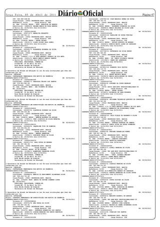 Te r ç a F e i r a , 0 5 d e A b r i l d e 2 0 11
        CPF: 326.689.238-08
                                                           Diário Oficial                 Contratado: (206796/18) JOSE MARCELO NUNES DE SOUZA
                                                                                                                                                       Página 
        Cargo/Função: (3506) PROFESSOR EDUC. BASICA                                       CPF: 468.450.701-72
        Referência: B-001        Carga Horária: 08H                                       Cargo/Função: (3506) PROFESSOR EDUC. BASICA
        Un. Adm: (012106) EEPSG - PROF. ADALGISA DE BARROS                                Referência: B-001        Carga Horária: 01H
        Substituído: (39893/8) HELENA MARIA DA ROSA ARRUDA                                Un. Adm: (009849) EEPSG - RAIMUNDO PINHEIRO DA SILVA
        A Partir de: 14/02/2011 Até 23/12/2011                                            Substituído: (82898/2) MARIA ARLINDA DA SILVA LIMA
CONTRATO/SEDUC/27058/2011                                       DE: 05/04/2011            A Partir de: 14/02/2011 Até 23/12/2011
        Processo Nº: 1000001006345                                                CONTRATO/SEDUC/27067/2011                                        DE: 05/04/2011
        Contratado: (204713/7) ANGELITA PESSATTO                                          Processo Nº: 1000001001495
        CPF: 012.558.541-11                                                               Contratado: (206830/16) KAROLINE DE SOUZA FREITAS
        Cargo/Função: (3506) PROFESSOR EDUC. BASICA                                       CPF: 017.769.491-29
        Referência: B-001        Carga Horária: 20H                                       Cargo/Função: (3506) PROFESSOR EDUC. BASICA
        Un. Adm: (016209) EEPSG - PADRE THIAGO                                            Referência: B-001        Carga Horária: 20H
        Substituído: (38121/1) ILSON IDIONI DALL AGNOL                                    Un. Adm: (010871) EEPSG - ADOLFO AUGUSTO DE MORAES
        A Partir de: 14/02/2011 Até 23/12/2011                                            Substituído: (20434/1) EUNICE BRITO LOPES DE CARVALHO
CONTRATO/SEDUC/27059/2011                                       DE: 05/04/2011            A Partir de: 14/02/2011 Até 23/12/2011
        Processo Nº: 1000001002172                                                CONTRATO/SEDUC/27068/2011                                        DE: 05/04/2011
        Contratado: (205091/7) ROSANGELA MIRANDA DA SILVA                                 Processo Nº: 1000001007185
        CPF: 621.656.661-04                                                               Contratado: (207738/11) ESTEFANIA DA SILVA NEVES
        Cargo/Função: (3506) PROFESSOR EDUC. BASICA                                       CPF: 010.981.491-65
        Referência: B-001        Carga Horária: 29H                                       Cargo/Função: (3506) PROFESSOR EDUC. BASICA
        Un. Adm: (146420) C.E.J.A.PROF.ANTONIO CESARIO DE FIG NETO                        Referência: B-001        Carga Horária: 08H
        Substituído: (33211/1) MARIO MARCIO ARAUJO SANTOS                                 Un. Adm: (012882) EEPG - DR. FABIO SILVERIO FARIAS
        A Partir de: 14/02/2011 Até 20/05/2011                                            Substituído: (101188/1) JANES REI QUERUBIM
          PUBLICADA, REGISTRADA, CUMPRA-SE.                                               A Partir de: 01/04/2011 Até 29/06/2011
          Cuiabá-MT, 05 de Abril de 2011.                                         CONTRATO/SEDUC/27069/2011                                        DE: 05/04/2011
          Rosa Neide Sandes de Almeida                                                    Processo Nº: 1000001005051
          Secretária de Estado de Educação                                                Contratado: (207801/10) ROBERTA IRIS DEITOS
                                                                                          CPF: 929.604.131-72
O Secretária de Estado de Educação no uso de suas atribuições que lhes são                Cargo/Função: (3506) PROFESSOR EDUC. BASICA
conferidas por lei,                                                                       Referência: B-001        Carga Horária: 20H
Resolve: CANCELAR                                                                         Un. Adm: (158330) E.E. ANDRÉ ANTONIO MAGGI
Objeto: CONTRATAÇÃO TEMPORARIA POR MOTIVO DE URGÊNCIA                                     Substituído: (52384/6) MARIA AUXILIADORA DE JESUS
CONTRATO/SEDUC/27060/2011                                       DE: 05/04/2011            A Partir de: 14/02/2011 Até 23/02/2011
        Processo Nº: 1000000981628                                                CONTRATO/SEDUC/27070/2011                                        DE: 05/04/2011
        Contratado: (205687/7) GRASIELA VELOSO DOS SANTOS                                 Processo Nº: 1000001007161
        CPF: 019.803.881-05                                                               Contratado: (208062/6) SIRLENE DA COSTA BARBOSA
        Cargo/Função: (3441) PROFESSOR EDUC. BASICA                                       CPF: 536.307.181-91
        Un. Adm: (013285) EEPG - SAO VICENTE DE PAULA                                     Cargo/Função: (3476) APOIO ADM EDUC PROFISSIONALIZADO-30
        Em: 14/03/2011                                                                    Referência: A-001        Carga Horária: 30H
          PUBLICADA, REGISTRADA, CUMPRA-SE.                                               Un. Adm: (016209) EEPSG - PADRE THIAGO
          Cuiabá-MT, 05 de Abril de 2011.                                                 Substituído: (87365/1) EDINALVA DE LARA MIRANDA
          Rosa Neide Sandes de Almeida                                                    A Partir de: 12/02/2011 Até 17/03/2011
          Secretária de Estado de Educação                                        CONTRATO/SEDUC/27071/2011                                        DE: 05/04/2011
                                                                                          Processo Nº: 1000000998315
O Secretária de Estado de Educação no uso de suas atribuições que lhes são                Contratado: (208328/4) JACIREMA VALDERICE QUEIROZ DA CONCEICAO
conferidas por lei,                                                                       CPF: 912.416.421-68
Resolve: AUTORIZAR                                                                        Cargo/Função: (3506) PROFESSOR EDUC. BASICA
Objeto: CONTRATO TEMPORARIO EM SUBSTITUIÇÃO POR MOTIVO DE URGÊNCIA                        Referência: B-001        Carga Horária: 28H
CONTRATO/SEDUC/27061/2011                                       DE: 05/04/2011            Un. Adm: (146420) C.E.J.A.PROF.ANTONIO CESARIO DE FIG NETO
        Processo Nº: 1000001006632                                                        Substituído: (44662/1) BENEDITO DE FIGUEIREDO VIANA
        Contratado: (205697/6) CLAUDECIA DOURADO DA SILVA                                 A Partir de: 14/02/2011 Até 20/05/2011
        CPF: 005.046.231-84                                                       CONTRATO/SEDUC/27072/2011                                        DE: 05/04/2011
        Cargo/Função: (3506) PROFESSOR EDUC. BASICA                                       Processo Nº: 1000000998046
        Referência: B-001        Carga Horária: 20H                                       Contratado: (208539/10) LEIA VILELA DE REZENDE E SILVA
        Un. Adm: (009970) EEPSG - NEWTON ALFREDO DE AGUIAR                                CPF: 034.613.109-05
        Substituído: (14803/1) VANI LIONIZIA DA SILVA MOREIRA                             Cargo/Função: (3506) PROFESSOR EDUC. BASICA
        A Partir de: 02/03/2011 Até 30/05/2011                                            Referência: B-001        Carga Horária: 02H
CONTRATO/SEDUC/27062/2011                                       DE: 05/04/2011            Un. Adm: (011959) EEPSG - GONCALO BOTELHO DE CAMPOS
        Processo Nº: 1000001008153                                                        Substituído: (39454/3) SONIA LUIZA DE SOUZA PINHEIRO
        Contratado: (205943/6) JAQUELINE TISO DE ALMEIDA                                  A Partir de: 14/02/2011 Até 23/12/2011
        CPF: 019.934.931-23                                                       CONTRATO/SEDUC/27073/2011                                        DE: 05/04/2011
        Cargo/Função: (3506) PROFESSOR EDUC. BASICA                                       Processo Nº: 1000001007811
        Referência: B-001        Carga Horária: 20H                                       Contratado: (208567/8) FABIANA APARECIDA NUNES
        Un. Adm: (015490) EEPSG - MANOEL BANDEIRA                                         CPF: 939.507.481-72
        Substituído: (33542/1) DONISETE TELES DA SILVA                                    Cargo/Função: (3506) PROFESSOR EDUC. BASICA
        A Partir de: 25/02/2011 Até 13/03/2011                                            Referência: B-001        Carga Horária: 20H
CONTRATO/SEDUC/27063/2011                                       DE: 05/04/2011            Un. Adm: (016543) EEPSG - CANDIDO PORTINARI
        Processo Nº: 1000001002579                                                        Substituído: (91510/6) PATRICIA RODRIGUES
        Contratado: (205971/15) IEDA SOUZA DE MORAES                                      A Partir de: 21/03/2011 Até 19/04/2011
        CPF: 361.347.081-00                                                       CONTRATO/SEDUC/27074/2011                                        DE: 05/04/2011
        Cargo/Função: (3506) PROFESSOR EDUC. BASICA                                       Processo Nº: 1000001006720
        Referência: B-001        Carga Horária: 02H                                       Contratado: (208815/7) GISELI MOREIRA DA SILVA
        Un. Adm: (044180) EEPSG. XV DE OUTUBRO                                            CPF: 007.820.651-04
        Substituído: (21366/1) ALMERINDO FERREIRA SILVA                                   Cargo/Função: (3468) TEC ADM EDUC PROFISSIONALIZADO-30
        A Partir de: 18/03/2011 Até 15/06/2011                                            Referência: A-001        Carga Horária: 30H
          PUBLICADA, REGISTRADA, CUMPRA-SE.                                               Un. Adm: (010898) CEJA - “PROF. ALFREDO MARIEN”
          Cuiabá-MT, 05 de Abril de 2011.                                                 Substituído: (4956/1) JOANA MARIA PEREIRA
          Rosa Neide Sandes de Almeida                                                    A Partir de: 31/03/2011 Até 20/05/2011
          Secretária de Estado de Educação                                        CONTRATO/SEDUC/27075/2011                                        DE: 05/04/2011
                                                                                          Processo Nº: 1000001005236
O Secretária de Estado de Educação no uso de suas atribuições que lhes são                Contratado: (209242/5) CLAUDIA PEREIRA DA SILVA
conferidas por lei,                                                                       CPF: 923.996.571-87
Resolve: CANCELAR                                                                         Cargo/Função: (3506) PROFESSOR EDUC. BASICA
Objeto: CONTRATAÇÃO TEMPORARIA POR MOTIVO DE URGÊNCIA                                     Referência: B-001        Carga Horária: 04H
CONTRATO/SEDUC/27064/2011                                       DE: 05/04/2011            Un. Adm: (145769) E.E.FRANCISCA BARROS DE CARVALHO
        Processo Nº: 1000000981513                                                        Substituído: (75095/2) VANUSA FERREIRA DA SILVA SOUZA
        Contratado: (206684/6) MARCIA DO NASCIMENTO ALCANTARA SILVA                       A Partir de: 14/03/2011 Até 23/12/2011
        CPF: 949.616.701-20                                                       CONTRATO/SEDUC/27076/2011                                        DE: 05/04/2011
        Cargo/Função: (3441) PROFESSOR EDUC. BASICA                                       Processo Nº: 1000001004507
        Un. Adm: (076180) PROF. MARIA DE FATIMA GIMENEZ LOPES                             Contratado: (209500/8) JOSUE SILVINO DA SILVA
        Em: 26/03/2011                                                                    CPF: 011.656.301-09
          PUBLICADA, REGISTRADA, CUMPRA-SE.                                               Cargo/Função: (3506) PROFESSOR EDUC. BASICA
          Cuiabá-MT, 05 de Abril de 2011.                                                 Referência: B-001        Carga Horária: 06H
          Rosa Neide Sandes de Almeida                                                    Un. Adm: (012106) EEPSG - PROF. ADALGISA DE BARROS
          Secretária de Estado de Educação                                                Substituído: (6509/1) PAULO CELIO DE ARRUDA
                                                                                          A Partir de: 14/02/2011 Até 23/12/2011
O Secretária de Estado de Educação no uso de suas atribuições que lhes são        CONTRATO/SEDUC/27077/2011                                        DE: 05/04/2011
conferidas por lei,                                                                       Processo Nº: 1000001003327
Resolve: AUTORIZAR                                                                        Contratado: (209936/4) MARIETE ROSENIL DE ARRUDA
Objeto: CONTRATO TEMPORARIO EM SUBSTITUIÇÃO POR MOTIVO DE URGÊNCIA                        CPF: 022.508.731-60
CONTRATO/SEDUC/27065/2011                                        DE: 05/04/2011           Cargo/Função: (3468) TEC ADM EDUC PROFISSIONALIZADO-30
        Processo Nº: 1000000998246                                                        Referência: A-001        Carga Horária: 30H
        Contratado: (206701/9) ANA PAULA DA SILVA                                         Un. Adm: (012688) EEPSG - ANTONIO JOAO RIBEIRO
        CPF: 730.827.241-91                                                               Substituído: (11916/1) NAIRDE DO CARMO GUIMARAES SILVA
        Cargo/Função: (3506) PROFESSOR EDUC. BASICA                                       A Partir de: 14/02/2011 Até 07/03/2011
        Referência: B-001        Carga Horária: 05H                               CONTRATO/SEDUC/27078/2011                                        DE: 05/04/2011
        Un. Adm: (011070) EEPG - DOMINGOS APARECIDO DOS SANTOS                            Processo Nº: 1000001001215
        Substituído: (45621/2) CLEUSA MOREIRA DOS ANJOS BARCELOS                          Contratado: (210112/6) IVANILDE DOS SANTOS
        A Partir de: 14/02/2011 Até 23/12/2011                                            CPF: 581.395.401-53
CONTRATO/SEDUC/27066/2011                                        DE: 05/04/2011           Cargo/Função: (3506) PROFESSOR EDUC. BASICA
        Processo Nº: 1000001001599                                                        Referência: B-001        Carga Horária: 20H
 