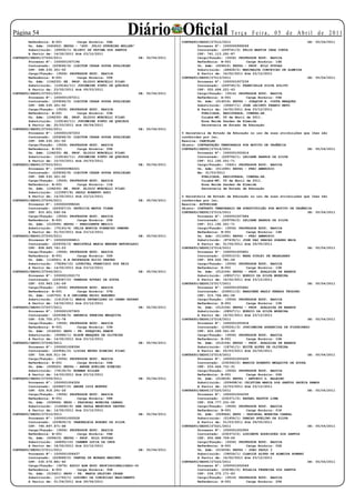 Página 5
        Referência: B-001        Carga Horária: 04H
                                                           Diário Oficial           CONTRATO/SEDUC/27212/2011
                                                                                                             Te r ç a F e i r a , 0 5 d e A b r i l d e 2 0 11
                                                                                                                                                    DE: 05/04/2011
        Un. Adm: (040452) EEPSG - “GOV. JULIO STRUBING MULLER”                              Processo Nº: 1000000999269
        Substituído: (28930/1) ELIETI DE FATIMA DOS SANTOS                                  Contratado: (229741/3) FELIX MARTIN INGA CUNYA
        A Partir de: 14/02/2011 Até 23/12/2011                                              CPF: 741.113.291-87
CONTRATO/SEDUC/27200/2011                                        DE:   05/04/2011           Cargo/Função: (3506) PROFESSOR EDUC. BASICA
        Processo Nº: 1000001007196                                                          Referência: B-001        Carga Horária: 14H
        Contratado: (229262/4) CLEITON CESAR SOUSA GUGLIELMI                                Un. Adm: (009415) EEPSG - PROF. NILO POVOAS
        CPF: 588.530.301-00                                                                 Substituído: (48628/2) MARINALVA CONCEICAO DE ALMEIDA
        Cargo/Função: (3506) PROFESSOR EDUC. BASICA                                         A Partir de: 14/02/2011 Até 23/12/2011
        Referência: B-001        Carga Horária: 05H                                 CONTRATO/SEDUC/27213/2011                                       DE: 05/04/2011
        Un. Adm: (104230) EE. PROF. ELIDIO MURCELLI FILHO                                   Processo Nº: 1000001007239
        Substituído: (129142/11) JUSIMEIRE PINTO DE QUEIROZ                                 Contratado: (229745/3) FRANCIELLE SILVA SOLITO
        A Partir de: 23/02/2011 Até 09/03/2011                                              CPF: 020.694.221-43
CONTRATO/SEDUC/27201/2011                                        DE:   05/04/2011           Cargo/Função: (3514) PROFESSOR EDUC. BASICA
        Processo Nº: 1000001007211                                                          Referência: A-001        Carga Horária: 04H
        Contratado: (229262/5) CLEITON CESAR SOUSA GUGLIELMI                                Un. Adm: (014516) EEPSG - JOAQUIM A. COSTA MARQUES
        CPF: 588.530.301-00                                                                 Substituído: (30647/1) JOSE JACINTO FRANCO NETO
        Cargo/Função: (3506) PROFESSOR EDUC. BASICA                                         A Partir de: 14/02/2011 Até 23/12/2011
        Referência: B-001        Carga Horária: 03H                                           PUBLICADA, REGISTRADA, CUMPRA-SE.
        Un. Adm: (104230) EE. PROF. ELIDIO MURCELLI FILHO                                     Cuiabá-MT, 05 de Abril de 2011.
        Substituído: (129142/11) JUSIMEIRE PINTO DE QUEIROZ                                   Rosa Neide Sandes de Almeida
        A Partir de: 25/03/2011 Até 08/04/2011                                                Secretária de Estado de Educação
CONTRATO/SEDUC/27202/2011                                        DE:   05/04/2011
        Processo Nº: 1000001007203                                                  O Secretária de Estado de Educação no uso de suas atribuições que lhes são
        Contratado: (229262/6) CLEITON CESAR SOUSA GUGLIELMI                        conferidas por lei,
        CPF: 588.530.301-00                                                         Resolve: CANCELAR
        Cargo/Função: (3506) PROFESSOR EDUC. BASICA                                 Objeto: CONTRATAÇÃO TEMPORARIA POR MOTIVO DE URGÊNCIA
        Referência: B-001        Carga Horária: 05H                                 CONTRATO/SEDUC/27214/2011                                       DE: 05/04/2011
        Un. Adm: (104230) EE. PROF. ELIDIO MURCELLI FILHO                                   Processo Nº: 1000001002614
        Substituído: (129142/11) JUSIMEIRE PINTO DE QUEIROZ                                 Contratado: (229756/1) LELIANE BARROS DA SILVA
        A Partir de: 10/03/2011 Até 24/03/2011                                              CPF: 011.192.551-71
CONTRATO/SEDUC/27203/2011                                        DE:   05/04/2011           Cargo/Função: (3441) PROFESSOR EDUC. BASICA
        Processo Nº: 1000000982221                                                          Un. Adm: (011690) EEPSG - FREI AMBROSIO
        Contratado: (229262/8) CLEITON CESAR SOUSA GUGLIELMI                                Em: 31/03/2011
        CPF: 588.530.301-00                                                                   PUBLICADA, REGISTRADA, CUMPRA-SE.
        Cargo/Função: (3506) PROFESSOR EDUC. BASICA                                           Cuiabá-MT, 05 de Abril de 2011.
        Referência: B-001        Carga Horária: 11H                                           Rosa Neide Sandes de Almeida
        Un. Adm: (104230) EE. PROF. ELIDIO MURCELLI FILHO                                     Secretária de Estado de Educação
        Substituído: (123997/8) PAULO ROBERTO AUDI
        A Partir de: 14/02/2011 Até 23/12/2011                                      O Secretária de Estado de Educação no uso de suas atribuições que lhes são
CONTRATO/SEDUC/27204/2011                                        DE:   05/04/2011   conferidas por lei,
        Processo Nº: 1000000998045                                                  Resolve: AUTORIZAR
        Contratado: (229327/2) PATRICIA MATOS VIANA                                 Objeto: CONTRATO TEMPORARIO EM SUBSTITUIÇÃO POR MOTIVO DE URGÊNCIA
        CPF: 910.601.092-04                                                         CONTRATO/SEDUC/27215/2011                                       DE: 05/04/2011
        Cargo/Função: (3506) PROFESSOR EDUC. BASICA                                         Processo Nº: 1000001007684
        Referência: B-001        Carga Horária: 20H                                         Contratado: (229756/2) LELIANE BARROS DA SILVA
        Un. Adm: (010596) EEPSG - PRESIDENTE MEDICI                                         CPF: 011.192.551-71
        Substituído: (75143/4) CELIA MONICA PINHEIRO ORMOND                                 Cargo/Função: (3506) PROFESSOR EDUC. BASICA
        A Partir de: 01/03/2011 Até 23/12/2011                                              Referência: B-001        Carga Horária: 14H
CONTRATO/SEDUC/27205/2011                                        DE:   05/04/2011           Un. Adm: (011690) EEPSG - FREI AMBROSIO
        Processo Nº: 1000000999811                                                          Substituído: (87439/1) JOSE DAS GRACAS SOARES MAIA
        Contratado: (229335/3) MARISTELA MARIA MERGEN ANTONIAZZI                            A Partir de: 01/04/2011 Até 29/05/2011
        CPF: 808.865.741-53                                                         CONTRATO/SEDUC/27216/2011                                       DE: 05/04/2011
        Cargo/Função: (3506) PROFESSOR EDUC. BASICA                                         Processo Nº: 1000001005851
        Referência: B-001        Carga Horária: 02H                                         Contratado: (230010/2) NARA SIRLEI DE MAGALHAES
        Un. Adm: (114561) E.E.PROFESSOR ELCIO PRATES                                        CPF: 959.632.781-04
        Substituído: (78284/15) LOURIVAL FRANCISCO DOS REIS                                 Cargo/Função: (3506) PROFESSOR EDUC. BASICA
        A Partir de: 14/02/2011 Até 23/12/2011                                              Referência: B-001        Carga Horária: 10H
CONTRATO/SEDUC/27206/2011                                        DE:   05/04/2011           Un. Adm: (012106) EEPSG - PROF. ADALGISA DE BARROS
        Processo Nº: 1000001002173                                                          Substituído: (28527/1) EDEZIO DA SILVA MOREIRA
        Contratado: (229347/2) VANESSA ROVARI DE SOUZA                                      A Partir de: 14/02/2011 Até 23/12/2011
        CPF: 033.963.191-09                                                         CONTRATO/SEDUC/27217/2011                                       DE: 05/04/2011
        Cargo/Função: (3506) PROFESSOR EDUC. BASICA                                         Processo Nº: 1000001005861
        Referência: B-001        Carga Horária: 07H                                         Contratado: (230011/2) NARGIWRE NAGLY KENADS TEODORO
        Un. Adm: (145750) E.E.INDIGENA KRIXI BAROMPO                                        CPF: 015.764.661-08
        Substituído: (141318/1) MARIA DEVANILDES DO CARMO KAYABY                            Cargo/Função: (3506) PROFESSOR EDUC. BASICA
        A Partir de: 14/02/2011 Até 23/12/2011                                              Referência: B-001        Carga Horária: 10H
CONTRATO/SEDUC/27207/2011                                        DE:   05/04/2011           Un. Adm: (012106) EEPSG - PROF. ADALGISA DE BARROS
        Processo Nº: 1000001007905                                                          Substituído: (28527/1) EDEZIO DA SILVA MOREIRA
        Contratado: (229348/5) ANDREIA PEREIRA MESQUITA                                     A Partir de: 14/02/2011 Até 23/12/2011
        CPF: 034.750.271-78                                                         CONTRATO/SEDUC/27218/2011                                       DE: 05/04/2011
        Cargo/Função: (3506) PROFESSOR EDUC. BASICA                                         Processo Nº: 1000001005918
        Referência: B-001        Carga Horária: 03H                                         Contratado: (230241/3) JUSCIMEIRE APARECIDA DE FIGUEIREDO
        Un. Adm: (014630) EEPG - PE. EZEQUIEL RAMIN                                         CPF: 420.269.541-00
        Substituído: (35960/1) ELSON MARQUES DE OLIVEIRA                                    Cargo/Função: (3506) PROFESSOR EDUC. BASICA
        A Partir de: 14/02/2011 Até 23/12/2011                                              Referência: B-001        Carga Horária: 10H
CONTRATO/SEDUC/27208/2011                                        DE:   05/04/2011           Un. Adm: (012106) EEPSG - PROF. ADALGISA DE BARROS
        Processo Nº: 1000001008396                                                          Substituído: (18741/1) EDITE ALVES DE OLIVEIRA
        Contratado: (229541/2) LIZIAS NEVES RIBEIRO FILHO                                   A Partir de: 25/03/2011 Até 22/05/2011
        CPF: 724.926.511-34                                                         CONTRATO/SEDUC/27219/2011                                       DE: 05/04/2011
        Cargo/Função: (3506) PROFESSOR EDUC. BASICA                                         Processo Nº: 1000001005455
        Referência: B-001        Carga Horária: 04H                                         Contratado: (230340/2) MARCOS ROBERTO MESQUITA DE SOUZA
        Un. Adm: (009520) EEPSG - ANDRE AVELINO RIBEIRO                                     CPF: 033.444.731-31
        Substituído: (76130/5) EDEMAR HILLER                                                Cargo/Função: (3506) PROFESSOR EDUC. BASICA
        A Partir de: 14/03/2011 Até 23/12/2011                                              Referência: B-001        Carga Horária: 02H
CONTRATO/SEDUC/27209/2011                                        DE:   05/04/2011           Un. Adm: (010839) EEPSG - ANTONIO G. BALBINO
        Processo Nº: 1000001004326                                                          Substituído: (209498/4) CRISTINA MARIA DOS SANTOS SAUEIA RAMOS
        Contratado: (229627/2) ANDRE LUIZ MONTES                                            A Partir de: 12/03/2011 Até 23/12/2011
        CPF: 024.918.291-26                                                         CONTRATO/SEDUC/27220/2011                                       DE: 05/04/2011
        Cargo/Função: (3506) PROFESSOR EDUC. BASICA                                         Processo Nº: 1000001004335
        Referência: B-001        Carga Horária: 08H                                         Contratado: (230371/2) RAFAEL BASTOS LIMA
        Un. Adm: (009946) EEPG - PASCHOAL MOREIRA CABRAL                                    CPF: 008.777.531-05
        Substituído: (124282/4) ANA PAULA MEDEIROS DESTRO                                   Cargo/Função: (3506) PROFESSOR EDUC. BASICA
        A Partir de: 14/02/2011 Até 23/12/2011                                              Referência: B-001        Carga Horária: 01H
CONTRATO/SEDUC/27210/2011                                        DE:   05/04/2011           Un. Adm: (009946) EEPG - PASCHOAL MOREIRA CABRAL
        Processo Nº: 1000001005528                                                          Substituído: (21456/1) DAMIAO AVELINO DA SILVA
        Contratado: (229630/3) VANDERLEIA BORGES DA SILVA                                   A Partir de: 01/03/2011 Até 29/05/2011
        CPF: 790.897.471-68                                                         CONTRATO/SEDUC/27221/2011                                       DE: 05/04/2011
        Cargo/Função: (3506) PROFESSOR EDUC. BASICA                                         Processo Nº: 1000001002955
        Referência: B-001        Carga Horária: 04H                                         Contratado: (230373/2) LUZINETE RODRIGUES DOS SANTOS
        Un. Adm: (009415) EEPSG - PROF. NILO POVOAS                                         CPF: 450.888.709-06
        Substituído: (49693/10) CARMEN LUCIA DA CRUZ                                        Cargo/Função: (3506) PROFESSOR EDUC. BASICA
        A Partir de: 18/02/2011 Até 23/12/2011                                              Referência: A-001        Carga Horária: 02H
CONTRATO/SEDUC/27211/2011                                        DE:   05/04/2011           Un. Adm: (015636) EEPSG - JOAO PAULO I
        Processo Nº: 1000001006437                                                          Substituído: (39024/1) CLARICE ALVES DE ALMEIDA RONNAU
        Contratado: (229669/2) VANUZA DE MORAES MARINHO                                     A Partir de: 14/02/2011 Até 23/12/2011
        CPF: 030.576.881-60                                                         CONTRATO/SEDUC/27222/2011                                       DE: 05/04/2011
        Cargo/Função: (3476) APOIO ADM EDUC PROFISSIONALIZADO-30                            Processo Nº: 1000001002549
        Referência: A-001        Carga Horária: 30H                                         Contratado: (230381/2) EULALIA FERREIRA DOS SANTOS
        Un. Adm: (010421) EEPG - PE. WANIR DELFINO CESAR                                    CPF: 036.375.171-83
        Substituído: (11763/1) LUZINEI DA CONCEICAO NASCIMENTO                              Cargo/Função: (3514) PROFESSOR EDUC. BASICA
        A Partir de: 01/04/2011 Até 29/06/2011                                              Referência: A-001        Carga Horária: 20H
 