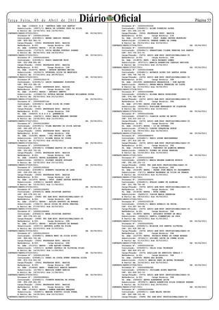 Te r ç a F e i r a , 0 5 d e A b r i l d e 2 0 11
        Un. Adm: (158623) E.E. “ANTÔNIA LEÃO DOS SANTOS”
                                                          Diário Oficial                 Processo Nº: 1000001005224
                                                                                                                                                        Página 55
        Substituído: (28571/1) MARIA DE LOURDES CRUZ DA SILVA                            Contratado: (230483/1) ALINE PINHEIRO ALVES
        A Partir de: 14/02/2011 Até 14/05/2011                                           CPF: 021.528.151-90
CONTRATO/SEDUC/27223/2011                                       DE: 05/04/2011           Cargo/Função: (3506) PROFESSOR EDUC. BASICA
        Processo Nº: 1000001003245                                                       Referência: B-001        Carga Horária: 21H
        Contratado: (230389/1) ANDRE CANDIDO FERRAZ                                      Un. Adm: (011975) EEPSG - PROF. ELMAZ GATTAZ MONTEIRO
        CPF: 829.920.961-72                                                              Substituído: (113680/4) TEREZA GOMES DA CUNHA
        Cargo/Função: (3506) PROFESSOR EDUC. BASICA                                      A Partir de: 05/03/2011 Até 03/04/2011
        Referência: B-001        Carga Horária: 20H                              CONTRATO/SEDUC/27236/2011                                        DE:   05/04/2011
        Un. Adm: (038652) EEPSG - 29 DE JULHO                                            Processo Nº: 1000001003368
        Substituído: (71574/3) LUCIA HELENA FURTADO SOARES                               Contratado: (230484/1) SEBASTIANA CILENE PEREIRA DOS SANTOS
        A Partir de: 28/02/2011 Até 29/03/2011                                           CPF: 015.733.611-51
CONTRATO/SEDUC/27224/2011                                       DE: 05/04/2011           Cargo/Função: (3476) APOIO ADM EDUC PROFISSIONALIZADO-30
        Processo Nº: 1000001003450                                                       Referência: A-001        Carga Horária: 30H
        Contratado: (230390/1) FABIO SABATINE BOCK                                       Un. Adm: (013870) EEPG - BRIG EDUARDO GOMES
        CPF: 022.898.891-80                                                              Substituído: (87073/1) MARCIA APARECIDA CARDOSO BATISTA
        Cargo/Função: (3506) PROFESSOR EDUC. BASICA                                      A Partir de: 17/03/2011 Até 15/04/2011
        Referência: B-001        Carga Horária: 12H                              CONTRATO/SEDUC/27237/2011                                        DE:   05/04/2011
        Un. Adm: (014575) EEPSG - ARTHUR ANTUNES MACIEL                                  Processo Nº: 1000001004808
        Substituído: (61206/3) STOESSEL SILVA DE MEDEIROS                                Contratado: (230485/1) ADVANIR ALVES DOS SANTOS SOUZA
        A Partir de: 07/03/2011 Até 28/05/2011                                           CPF: 594.756.761-04
CONTRATO/SEDUC/27225/2011                                       DE: 05/04/2011           Cargo/Função: (3476) APOIO ADM EDUC PROFISSIONALIZADO-30
        Processo Nº: 1000001003176                                                       Referência: A-001        Carga Horária: 30H
        Contratado: (230391/1) LEDIR CANABARRO SCHUSTER                                  Un. Adm: (041009) ASSESSORIA PEDAGOGICA - DOM AQUINO
        CPF: 928.010.481-00                                                              Substituído: (84906/1) PEDRA MARIA FERREIRA DA COSTA
        Cargo/Função: (3506) PROFESSOR EDUC. BASICA                                      A Partir de: 21/03/2011 Até 18/06/2011
        Referência: B-001        Carga Horária: 12H                              CONTRATO/SEDUC/27238/2011                                        DE:   05/04/2011
        Un. Adm: (016381) EEPSG - ANTONIO OMETTO                                         Processo Nº: 1000001000895
        Substituído: (105480/12) ESTELA REGINA FAGUNDES MILLANESE SOUZA                  Contratado: (230486/1) ELIANA MARIA RODRIGUES
        A Partir de: 24/03/2011 Até 23/12/2011                                           CPF: 076.546.768-24
CONTRATO/SEDUC/27226/2011                                       DE: 05/04/2011           Cargo/Função: (3476) APOIO ADM EDUC PROFISSIONALIZADO-30
        Processo Nº: 1000000997164                                                       Referência: A-001        Carga Horária: 30H
        Contratado: (230394/1) ALINE SILVA DE PINHO                                      Un. Adm: (071790) EEPSG JOSE BEJO
        CPF: 006.159.061-41                                                              Substituído: (84269/1) ROSILANE BRESSANIN DE SIQUEIRA
        Cargo/Função: (3506) PROFESSOR EDUC. BASICA                                      A Partir de: 10/02/2011 Até 10/05/2011
        Referência: B-001        Carga Horária: 20H                              CONTRATO/SEDUC/27239/2011                                        DE:   05/04/2011
        Un. Adm: (044253) E.E.P.S.G. QUERENCIA                                           Processo Nº: 1000001005594
        Substituído: (34478/1) SOELI MARIA WERLANG RHODEN                                Contratado: (230487/1) CLARICE ALVES DE BRITO
        A Partir de: 14/02/2011 Até 15/03/2011                                           CPF: 318.510.531-15
CONTRATO/SEDUC/27227/2011                                       DE: 05/04/2011           Cargo/Função: (3476) APOIO ADM EDUC PROFISSIONALIZADO-30
        Processo Nº: 1000001003893                                                       Referência: A-001        Carga Horária: 30H
        Contratado: (230395/1) VILMA MARINHO DA SILVA AGUIAR                             Un. Adm: (016187) EEPSG - 12 DE OUTUBRO
        CPF: 545.695.671-34                                                              Substituído: (27460/2) CLEUZA CERQUEIRA BONIN
        Cargo/Função: (3506) PROFESSOR EDUC. BASICA                                      A Partir de: 09/03/2011 Até 06/06/2011
        Referência: B-001        Carga Horária: 20H                              CONTRATO/SEDUC/27240/2011                                        DE:   05/04/2011
        Un. Adm: (015180) EEPSG - CEL ONDINO R. LIMA                                     Processo Nº: 1000000989970
        Substituído: (22733/1) SILENE PAULA DA COSTA                                     Contratado: (230488/1) FABIO SODRE MASCARENHAS
        A Partir de: 01/03/2011 Até 29/05/2011                                           CPF: 027.914.091-65
CONTRATO/SEDUC/27228/2011                                       DE: 05/04/2011           Cargo/Função: (3476) APOIO ADM EDUC PROFISSIONALIZADO-30
        Processo Nº: 1000000994105                                                       Referência: A-001        Carga Horária: 30H
        Contratado: (230396/1) DINAMAR BASTOS DE LIMA PEREIRA                            Un. Adm: (010235) EEPSG - TANCREDO DE ALMEIDA MENDES
        CPF: 353.820.741-00                                                              Substituído: (59666/4) SIDNEY DE SOUZA PEREIRA
        Cargo/Função: (3506) PROFESSOR EDUC. BASICA                                      A Partir de: 10/02/2011 Até 10/05/2011
        Referência: B-001        Carga Horária: 20H                              CONTRATO/SEDUC/27241/2011                                        DE:   05/04/2011
        Un. Adm: (045403) EEPSG ALEXANDRE LEITE                                          Processo Nº: 1000001002588
        Substituído: (25556/1) SILVANI SALETE GOULART                                    Contratado: (230489/1) MARIA HELENA ALMEIDA NOVAIS
        A Partir de: 14/02/2011 Até 23/12/2011                                           CPF: 395.093.201-10
CONTRATO/SEDUC/27229/2011                                       DE: 05/04/2011           Cargo/Função: (3468) TEC ADM EDUC PROFISSIONALIZADO-30
        Processo Nº: 1000001005222                                                       Referência: A-001        Carga Horária: 30H
        Contratado: (230398/1) ROBERTO CALDEIRA DE LARA                                  Un. Adm: (010189) EEPSG - PADRE JOSE MARIA DO SACRAMENTO
        CPF: 006.003.581-19                                                              Substituído: (747/1) ANGELA RAIMUNDA DA SILVA DE FRANCA
        Cargo/Função: (3506) PROFESSOR EDUC. BASICA                                      A Partir de: 03/03/2011 Até 01/05/2011
        Referência: B-001        Carga Horária: 21H                              CONTRATO/SEDUC/27242/2011                                        DE:   05/04/2011
        Un. Adm: (011975) EEPSG - PROF. ELMAZ GATTAZ MONTEIRO                            Processo Nº: 1000001005670
        Substituído: (18945/1) DAIRCE DEDIO                                              Contratado: (230490/1) EVALDO GOMES DE ALENCAR
        A Partir de: 14/03/2011 Até 11/06/2011                                           CPF: 023.786.781-85
CONTRATO/SEDUC/27230/2011                                       DE: 05/04/2011           Cargo/Função: (3476) APOIO ADM EDUC PROFISSIONALIZADO-30
        Processo Nº: 1000001004950                                                       Referência: A-001        Carga Horária: 30H
        Contratado: (230452/2) MARA CRISTINA SARTORI                                     Un. Adm: (013536) EEPSG - NOVA CANAA
        CPF: 655.078.001-20                                                              Substituído: (56950/3) CLEIDE MARIA FERREIRA
        Cargo/Função: (3468) TEC ADM EDUC PROFISSIONALIZADO-30                           A Partir de: 08/03/2011 Até 06/04/2011
        Referência: A-001        Carga Horária: 30H                              CONTRATO/SEDUC/27243/2011                                        DE:   05/04/2011
        Un. Adm: (010871) EEPSG - ADOLFO AUGUSTO DE MORAES                               Processo Nº: 1000001005139
        Substituído: (7262/1) ZELIA LUIZA DE SOUZA FREITAS                               Contratado: (230491/1) MARCO AURELIO DA VEIGA
        A Partir de: 07/02/2011 Até 02/03/2011                                           CPF: 014.287.351-94
CONTRATO/SEDUC/27231/2011                                       DE: 05/04/2011           Cargo/Função: (3476) APOIO ADM EDUC PROFISSIONALIZADO-30
        Processo Nº: 1000001004954                                                       Referência: A-001        Carga Horária: 30H
        Contratado: (230452/3) MARA CRISTINA SARTORI                                     Un. Adm: (013803) EEPSG - APOLONIO BOURET DE MELO
        CPF: 655.078.001-20                                                              Substituído: (28465/2) GENTIL CLEMENTINO DA CRUZ
        Cargo/Função: (3468) TEC ADM EDUC PROFISSIONALIZADO-30                           A Partir de: 03/03/2011 Até 01/05/2011
        Referência: A-001        Carga Horária: 30H                              CONTRATO/SEDUC/27244/2011                                        DE:   05/04/2011
        Un. Adm: (010871) EEPSG - ADOLFO AUGUSTO DE MORAES                               Processo Nº: 1000001005251
        Substituído: (2267/1) ANTONIA LOPES DA SILVA                                     Contratado: (230492/1) MILEIDE DOS SANTOS OLIVEIRA
        A Partir de: 03/03/2011 Até 21/03/2011                                           CPF: 021.918.081-40
CONTRATO/SEDUC/27232/2011                                       DE: 05/04/2011           Cargo/Função: (3476) APOIO ADM EDUC PROFISSIONALIZADO-30
        Processo Nº: 1000001005523                                                       Referência: A-001        Carga Horária: 30H
        Contratado: (230480/1) KENNIA MARY DA SILVA BIOTO                                Un. Adm: (012700) EEPSG EUCARIS NUNES DA CUNHA MORAES
        CPF: 969.843.761-49                                                              Substituído: (87283/1) LUCINEI LEITE DA CUNHA SILVA
        Cargo/Função: (3506) PROFESSOR EDUC. BASICA                                      A Partir de: 01/03/2011 Até 30/03/2011
        Referência: B-001        Carga Horária: 20H                              CONTRATO/SEDUC/27245/2011                                        DE:   05/04/2011
        Un. Adm: (011231) EEPSG - DOM AQUINO CORREA                                      Processo Nº: 1000001004144
        Substituído: (33610/1) ALVARO CASTELO DE OLIVEIRA FILHO                          Contratado: (230493/1) CELIA DIAS TRINDADE
        A Partir de: 14/03/2011 Até 11/06/2011                                           CPF: 964.609.971-87
CONTRATO/SEDUC/27233/2011                                       DE: 05/04/2011           Cargo/Função: (3476) AUXILIAR DE SERVICOS GERAIS I
        Processo Nº: 1000001001358                                                       Referência: A-001        Carga Horária: 30H
        Contratado: (230481/1) YARAY DA COSTA BUENO PEREIRA SILVA                        Un. Adm: (049549) EEPSG SAO MIGUEL
        CPF: 872.514.501-00                                                              Substituído: (3120/1) MARIZA PAES DE MOURA TRINDADE
        Cargo/Função: (3506) PROFESSOR EDUC. BASICA                                      A Partir de: 10/02/2011 Até 02/03/2011
        Referência: B-001        Carga Horária: 20H                              CONTRATO/SEDUC/27246/2011                                        DE:   05/04/2011
        Un. Adm: (014842) EEPG - FRANCISCO ARAUJO BARRETO                                Processo Nº: 1000000996392
        Substituído: (21784/1) MARILIA GOMES GARCIA                                      Contratado: (230494/1) JUCILENE ALVES MARTINS
        A Partir de: 14/03/2011 Até 11/06/2011                                           CPF: 622.626.021-15
CONTRATO/SEDUC/27234/2011                                       DE: 05/04/2011           Cargo/Função: (3476) APOIO ADM EDUC PROFISSIONALIZADO-30
        Processo Nº: 1000000989421                                                       Referência: A-001        Carga Horária: 30H
        Contratado: (230482/1) IVONETE MOREIRA DE SOUZA                                  Un. Adm: (045403) EEPSG ALEXANDRE LEITE
        CPF: 655.262.601-00                                                              Substituído: (87256/1) MARIA APARECIDA SILVA RIBEIRO BORGES
        Cargo/Função: (3506) PROFESSOR EDUC. BASICA                                      A Partir de: 01/03/2011 Até 29/05/2011
        Referência: B-001        Carga Horária: 20H                              CONTRATO/SEDUC/27247/2011                                        DE:   05/04/2011
        Un. Adm: (015911) EEPSG - RAMON SANCHES MARQUES                                  Processo Nº: 1000001006565
        Substituído: (35489/1) MARINA FINOTTI SILVA TURRA                                Contratado: (230495/1) LUAN MALTA URSINO
        A Partir de: 14/02/2011 Até 23/12/2011                                           CPF: 040.368.101-46
CONTRATO/SEDUC/27235/2011                                       DE: 05/04/2011           Cargo/Função: (3468) TEC ADM EDUC PROFISSIONALIZADO-30
 