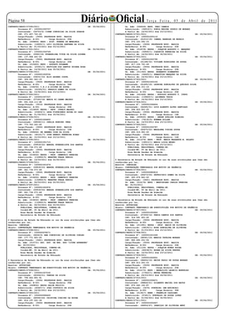 Página 5
CONTRATO/SEDUC/27290/2011
                                                           Diário Oficial
                                                                 DE: 05/04/2011
                                                                                                           Te r ç a F e i r a , 0 5 d e A b r i l d e 2 0 11
                                                                                          Un. Adm: (046434) EEPG. FREI CANECA
        Processo Nº: 1000001005757                                                        Substituído: (36919/1) SONIA REGINA OZORIO DE MORAES
        Contratado: (54753/4) CIENE CONCEICAO DA SILVA GUARIM                             A Partir de: 14/02/2011 Até 23/12/2011
        CPF: 571.457.761-20                                                       CONTRATO/SEDUC/27301/2011                                       DE:   05/04/2011
        Cargo/Função: (3506) PROFESSOR EDUC. BASICA                                       Processo Nº: 1000001005110
        Referência: B-001        Carga Horária: 20H                                       Contratado: (61012/18) ISMAEL BARBOSA DE MORAIS
        Un. Adm: (009806) EEPG - HIST. RUBENS DE MENDONCA                                 CPF: 572.153.591-15
        Substituído: (18450/1) LUCI OLIVEIRA SANTANA DA SILVA                             Cargo/Função: (3506) PROFESSOR EDUC. BASICA
        A Partir de: 01/03/2011 Até 23/12/2011                                            Referência: B-001        Carga Horária: 20H
CONTRATO/SEDUC/27291/2011                                        DE: 05/04/2011           Un. Adm: (016578) EEPSG - JOAQUIM AUGUSTO C. MARQUES
        Processo Nº: 1000001004769                                                        Substituído: (30840/1) CLEONICE FERREIRA DA SILVA
        Contratado: (5560/18) EVANGELINA VITOR DA SILVA LUCENA                            A Partir de: 14/02/2011 Até 30/04/2011
        CPF: 137.968.441-20                                                       CONTRATO/SEDUC/27302/2011                                       DE:   05/04/2011
        Cargo/Função: (3506) PROFESSOR EDUC. BASICA                                       Processo Nº: 1000001002790
        Referência: B-001        Carga Horária: 20H                                       Contratado: (61188/32) VIVIANE RODRIGUES DE SOUZA
        Un. Adm: (010405) EEPG - GUSTAVO KULMANN                                          CPF: 617.104.741-49
        Substituído: (23301/1) EROTILDE DOS SANTOS GUIRRA ROSA                            Cargo/Função: (3506) PROFESSOR EDUC. BASICA
        A Partir de: 14/02/2011 Até 30/04/2011                                            Referência: B-001        Carga Horária: 20H
CONTRATO/SEDUC/27292/2011                                        DE: 05/04/2011           Un. Adm: (011363) EEPSG NORBERTO SCHWANTES
        Processo Nº: 1000001002534                                                        Substituído: (36425/1) SEBASTIAO MARQUES DA SILVA
        Contratado: (56031/33) ELIO ADORNO COSTA                                          A Partir de: 14/02/2011 Até 23/12/2011
        CPF: 309.581.561-15                                                       CONTRATO/SEDUC/27303/2011                                       DE:   05/04/2011
        Cargo/Função: (3506) PROFESSOR EDUC. BASICA                                       Processo Nº: 1000001000150
        Referência: B-001        Carga Horária: 06H                                       Contratado: (61495/18) LEONINA GONCALVES DE QUEIROZ SILVA
        Un. Adm: (154032) C.E.J.A.GILVAN DE SOUZA                                         CPF: 432.508.311-15
        Substituído: (52305/51) DEASSIS GOMES DA SILVA                                    Cargo/Função: (3506) PROFESSOR EDUC. BASICA
        A Partir de: 14/02/2011 Até 23/12/2011                                            Referência: B-001        Carga Horária: 20H
CONTRATO/SEDUC/27293/2011                                        DE: 05/04/2011           Un. Adm: (021628) EEPSG - RODOLFO AUGUSTO T. CURVO
        Processo Nº: 1000001007337                                                        Substituído: (139625/1) LAISMARA TASCA
        Contratado: (57183/18) MARIA DO CARMO MACEDO                                      A Partir de: 14/02/2011 Até 23/12/2011
        CPF: 691.524.111-68                                                       CONTRATO/SEDUC/27304/2011                                       DE:   05/04/2011
        Cargo/Função: (3514) PROFESSOR EDUC. BASICA                                       Processo Nº: 1000001008404
        Referência: A-001        Carga Horária: 20H                                       Contratado: (62265/31) LUIS ALBERTO ALVES SANTIAGO
        Un. Adm: (013609) EEPSG - PROF. JURACY MACEDO                                     CPF: 594.453.601-25
        Substituído: (23629/1) LEDA FIGUEIREDO ROCHA DO LAGO                              Cargo/Função: (3506) PROFESSOR EDUC. BASICA
        A Partir de: 01/04/2011 Até 30/04/2011                                            Referência: B-001        Carga Horária: 16H
CONTRATO/SEDUC/27294/2011                                        DE: 05/04/2011           Un. Adm: (009520) EEPSG - ANDRE AVELINO RIBEIRO
        Processo Nº: 1000001006450                                                        Substituído: (76130/5) EDEMAR HILLER
        Contratado: (58506/11) OZELIA RONCONI VERA                                        A Partir de: 14/03/2011 Até 23/12/2011
        CPF: 773.783.261-00                                                       CONTRATO/SEDUC/27305/2011                                       DE:   05/04/2011
        Cargo/Função: (3506) PROFESSOR EDUC. BASICA                                       Processo Nº: 1000001002787
        Referência: B-001        Carga Horária: 12H                                       Contratado: (62675/22) MADALENA VIEIRA SOUZA
        Un. Adm: (069264) EE HERMES JOSE DA SILVA                                         CPF: 840.319.991-00
        Substituído: (45101/7) JOSE RENATO FERREIRA BINAS                                 Cargo/Função: (3506) PROFESSOR EDUC. BASICA
        A Partir de: 10/03/2011 Até 23/12/2011                                            Referência: B-001        Carga Horária: 12H
CONTRATO/SEDUC/27295/2011                                        DE: 05/04/2011           Un. Adm: (011274) EEPG - PROF. MARIA NAZARETH M. NOLETO
        Processo Nº: 1000001001715                                                        Substituído: (18912/1) MARIA LIGIA NEGRO
        Contratado: (59918/22) MANOEL EVANGELISTA DOS SANTOS                              A Partir de: 22/02/2011 Até 23/12/2011
        CPF: 441.734.071-49                                                                 PUBLICADA, REGISTRADA, CUMPRA-SE.
        Cargo/Função: (3506) PROFESSOR EDUC. BASICA                                         Cuiabá-MT, 05 de Abril de 2011.
        Referência: B-001        Carga Horária: 14H                                         Rosa Neide Sandes de Almeida
        Un. Adm: (016632) EEPSG - PROF. DEMETRIO PEREIRA                                    Secretária de Estado de Educação
        Substituído: (132855/5) WEBSTER FRAGA PENIDO
        A Partir de: 14/03/2011 Até 02/05/2011                                    O Secretária de Estado de Educação no uso de suas atribuições que lhes são
CONTRATO/SEDUC/27296/2011                                        DE: 05/04/2011   conferidas por lei,
        Processo Nº: 1000001001679                                                Resolve: CANCELAR
        Contratado: (59918/23) MANOEL EVANGELISTA DOS SANTOS                      Objeto: CONTRATAÇÃO TEMPORARIA POR MOTIVO DE URGÊNCIA
        CPF: 441.734.071-49                                                       CONTRATO/SEDUC/27306/2011                                       DE: 05/04/2011
        Cargo/Função: (3506) PROFESSOR EDUC. BASICA                                       Processo Nº: 1000000982819
        Referência: B-001        Carga Horária: 02H                                       Contratado: (66473/24) PATROCINIO GOMES DA SILVA
        Un. Adm: (016632) EEPSG - PROF. DEMETRIO PEREIRA                                  CPF: 283.476.841-20
        Substituído: (132855/5) WEBSTER FRAGA PENIDO                                      Cargo/Função: (3441) PROFESSOR EDUC. BASICA
        A Partir de: 04/03/2011 Até 02/05/2011                                            Un. Adm: (014176) EEPG - MARTINIANO CARLOS PEREIRA
CONTRATO/SEDUC/27297/2011                                        DE: 05/04/2011           Em: 30/03/2011
        Processo Nº: 1000001002976                                                          PUBLICADA, REGISTRADA, CUMPRA-SE.
        Contratado: (59918/24) MANOEL EVANGELISTA DOS SANTOS                                Cuiabá-MT, 05 de Abril de 2011.
        CPF: 441.734.071-49                                                                 Rosa Neide Sandes de Almeida
        Cargo/Função: (3506) PROFESSOR EDUC. BASICA                                         Secretária de Estado de Educação
        Referência: B-001        Carga Horária: 01H
        Un. Adm: (016632) EEPSG - PROF. DEMETRIO PEREIRA                          O Secretária de Estado de Educação no uso de suas atribuições que lhes são
        Substituído: (132855/5) WEBSTER FRAGA PENIDO                              conferidas por lei,
        A Partir de: 04/03/2011 Até 02/05/2011                                    Resolve: AUTORIZAR
          PUBLICADA, REGISTRADA, CUMPRA-SE.                                       Objeto: CONTRATO TEMPORARIO EM SUBSTITUIÇÃO POR MOTIVO DE URGÊNCIA
          Cuiabá-MT, 05 de Abril de 2011.                                         CONTRATO/SEDUC/27307/2011                                       DE: 05/04/2011
          Rosa Neide Sandes de Almeida                                                    Processo Nº: 1000001005963
          Secretária de Estado de Educação                                                Contratado: (67259/14) FANIA CAMPOS DOS SANTOS
                                                                                          CPF: 314.591.451-00
O Secretária de Estado de Educação no uso de suas atribuições que lhes são                Cargo/Função: (3506) PROFESSOR EDUC. BASICA
conferidas por lei,                                                                       Referência: B-001        Carga Horária: 20H
Resolve: CANCELAR                                                                         Un. Adm: (011991) EEPSG - PROF. NADIR DE OLIVEIRA
Objeto: CONTRATAÇÃO TEMPORARIA POR MOTIVO DE URGÊNCIA                                     Substituído: (34035/1) ROSA GONCALINA DE OLIVEIRA
CONTRATO/SEDUC/27298/2011                                        DE: 05/04/2011           A Partir de: 01/03/2011 Até 23/12/2011
        Processo Nº: 1000000978271                                                CONTRATO/SEDUC/27308/2011                                       DE: 05/04/2011
        Contratado: (6026/4) ANA CONCEICAO DE OLIVEIRA COELHO                             Processo Nº: 1000001001569
        CPF: 177.771.601-25                                                               Contratado: (68361/19) MARCOS TATAIRA MORAES
        Cargo/Função: (3441) PROFESSOR EDUC. BASICA                                       CPF: 860.692.251-04
        Un. Adm: (010731) ESC. EST. DE ENS. ESP.”LIVRE APRENDER”                          Cargo/Função: (3506) PROFESSOR EDUC. BASICA
        Em: 30/03/2011                                                                    Referência: B-001        Carga Horária: 20H
          PUBLICADA, REGISTRADA, CUMPRA-SE.                                               Un. Adm: (011126) EEPSG - JOAQUIM NUNES ROCHA
          Cuiabá-MT, 05 de Abril de 2011.                                                 Substituído: (65238/5) EDGAR DA SILVA PRATES
          Rosa Neide Sandes de Almeida                                                    A Partir de: 14/02/2011 Até 23/12/2011
          Secretária de Estado de Educação                                        CONTRATO/SEDUC/27309/2011                                       DE: 05/04/2011
                                                                                          Processo Nº: 1000001006931
O Secretária de Estado de Educação no uso de suas atribuições que lhes são                Contratado: (68454/16) NEIDE PAULO DE SOUZA MORAES
conferidas por lei,                                                                       CPF: 405.613.051-53
Resolve: AUTORIZAR                                                                        Cargo/Função: (3506) PROFESSOR EDUC. BASICA
Objeto: CONTRATO TEMPORARIO EM SUBSTITUIÇÃO POR MOTIVO DE URGÊNCIA                        Referência: B-001        Carga Horária: 20H
CONTRATO/SEDUC/27299/2011                                       DE: 05/04/2011            Un. Adm: (012173) EEPG - HERACLITO LEONCIO MONTEIRO
        Processo Nº: 1000001007030                                                        Substituído: (17922/1) NEUSA FERREIRA
        Contratado: (60326/21) VANUSA DA SILVA                                            A Partir de: 29/03/2011 Até 26/06/2011
        CPF: 799.643.891-91                                                       CONTRATO/SEDUC/27310/2011                                       DE: 05/04/2011
        Cargo/Função: (3506) PROFESSOR EDUC. BASICA                                       Processo Nº: 1000001008471
        Referência: B-001        Carga Horária: 05H                                       Contratado: (68826/21) GILBERTO MACIEL DOS ANJOS
        Un. Adm: (049832) EEPSG SALIM FELICIO                                             CPF: 870.042.161-87
        Substituído: (40467/1) JOAO CUSTODIO DA SILVA                                     Cargo/Função: (3476) PORTEIRO (EM EXTINCAO)
        A Partir de: 14/02/2011 Até 23/12/2011                                            Referência: A-001        Carga Horária: 30H
CONTRATO/SEDUC/27300/2011                                       DE: 05/04/2011            Un. Adm: (013617) EEEB - FRANKLIN CASSIANO
        Processo Nº: 1000000999400                                                        Substituído: (5745/1) ETEVALDO DE SOUZA LOPES
        Contratado: (60595/26) CRISTINA CORCINO DA ROCHA                                  A Partir de: 01/04/2011 Até 30/05/2011
        CPF: 814.197.241-34                                                       CONTRATO/SEDUC/27311/2011                                       DE: 05/04/2011
        Cargo/Função: (3506) PROFESSOR EDUC. BASICA                                       Processo Nº: 1000001002427
        Referência: B-001        Carga Horária: 20H                                       Contratado: (68904/47) IRANILDO DE OLIVEIRA NERY
 
