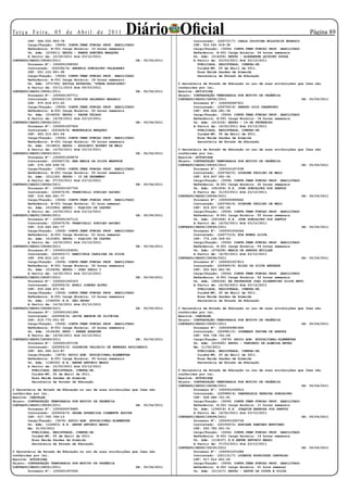 Te r ç a F e i r a , 0 5 d e A b r i l d e 2 0 11
        CPF: 466.555.900-78
                                                          Diário Oficial                 Contratado: (220737/7) CARLA CRISTINA WOLSCHICK MORESCO
                                                                                                                                                     Página 
        Cargo/Função: (3506) CONTR.TEMP.FUNCAO PROF. HABILITADO                          CPF: 053.591.019-38
        Referência: B-001 Carga Horária: 10 horas semanais                               Cargo/Função: (3506) CONTR.TEMP.FUNCAO PROF. HABILITADO
        Un. Adm: (015911) EEPSG - RAMON SANCHES MARQUES                                  Referência: B-001 Carga Horária: 04 horas semanais
        A Partir de: 15/02/2011 Até 23/12/2011                                           Un. Adm: (014206) EEPSG - ALEXANDRE QUIRINO SOUZA
CONTRATO/SEDUC/28080/2011                                       DE: 05/04/2011           A Partir de: 03/03/2011 Até 23/12/2011
        Processo Nº: 1000001008350                                                         PUBLICADA, REGISTRADA, CUMPRA-SE.
        Contratado: (220392/4) ANDREIA GONCALVES VALADARES                                 Cuiabá-MT, 05 de Abril de 2011.
        CPF: 001.103.951-58                                                                Rosa Neide Sandes de Almeida
        Cargo/Função: (3506) CONTR.TEMP.FUNCAO PROF. HABILITADO                            Secretária de Estado de Educação
        Referência: B-001 Carga Horária: 18 horas semanais
        Un. Adm: (071765) ESCOLA ESTADUAL “DUNGA RODRIGUES”                      O Secretária de Estado de Educação no uso de suas atribuições que lhes são
        A Partir de: 03/11/2010 Até 09/03/2011                                   conferidas por lei,
CONTRATO/SEDUC/28081/2011                                       DE: 05/04/2011   Resolve: RETIFICAR
        Processo Nº: 1000001007711                                               Objeto: CONTRATAÇÃO TEMPORARIA POR MOTIVO DE URGÊNCIA
        Contratado: (220422/10) ROBISON GALHARDO MAZARIO                         CONTRATO/SEDUC/28092/2011                                       DE: 05/04/2011
        CPF: 975.818.871-20                                                              Processo Nº: 1000000997911
        Cargo/Função: (3506) CONTR.TEMP.FUNCAO PROF. HABILITADO                          Contratado: (220755/4) SANDRO LUIZ CHARNOSKI
        Referência: B-001 Carga Horária: 02 horas semanais                               CPF: 896.464.281-34
        Un. Adm: (016209) EEPSG - PADRE THIAGO                                           Cargo/Função: (3506) CONTR.TEMP.FUNCAO PROF. HABILITADO
        A Partir de: 14/02/2011 Até 23/12/2011                                           Referência: B-001 Carga Horária: 18 horas semanais
CONTRATO/SEDUC/28082/2011                                       DE: 05/04/2011           Un. Adm: (013102) EEPSG - 14 DE FEVEREIRO
        Processo Nº: 1000001007920                                                       A Partir de: 14/02/2011 Até 23/12/2011
        Contratado: (220426/6) WANDERLEIA MARQUES                                          PUBLICADA, REGISTRADA, CUMPRA-SE.
        CPF: 943.313.401-04                                                                Cuiabá-MT, 05 de Abril de 2011.
        Cargo/Função: (3506) CONTR.TEMP.FUNCAO PROF. HABILITADO                            Rosa Neide Sandes de Almeida
        Referência: B-001 Carga Horária: 06 horas semanais                                 Secretária de Estado de Educação
        Un. Adm: (013803) EEPSG - APOLONIO BOURET DE MELO
        A Partir de: 14/02/2011 Até 23/12/2011                                   O Secretária de Estado de Educação no uso de suas atribuições que lhes são
CONTRATO/SEDUC/28083/2011                                       DE: 05/04/2011   conferidas por lei,
        Processo Nº: 1000001005879                                               Resolve: AUTORIZAR
        Contratado: (220427/6) ANA MARIA DA SILVA MANFRIM                        Objeto: CONTRATAÇÃO TEMPORARIA POR MOTIVO DE URGÊNCIA
        CPF: 276.309.638-74                                                      CONTRATO/SEDUC/28093/2011                                       DE: 05/04/2011
        Cargo/Função: (3506) CONTR.TEMP.FUNCAO PROF. HABILITADO                          Processo Nº: 1000001007038
        Referência: B-001 Carga Horária: 05 horas semanais                               Contratado: (220760/5) GIDEONE PAULINO DE MELO
        Un. Adm: (011193) EEPSG - 10 DE DEZEMBRO                                         CPF: 919.937.091-34
        A Partir de: 07/03/2011 Até 23/12/2011                                           Cargo/Função: (3506) CONTR.TEMP.FUNCAO PROF. HABILITADO
CONTRATO/SEDUC/28084/2011                                       DE: 05/04/2011           Referência: B-001 Carga Horária: 22 horas semanais
        Processo Nº: 1000001007750                                                       Un. Adm: (091456) E.E. JOSE GONCALVES DOS SANTOS
        Contratado: (220475/8) FRANCIELLI DORILEO ASCARI                                 A Partir de: 31/03/2011 Até 23/12/2011
        CPF: 016.462.641-77                                                      CONTRATO/SEDUC/28094/2011                                       DE: 05/04/2011
        Cargo/Função: (3506) CONTR.TEMP.FUNCAO PROF. HABILITADO                          Processo Nº: 1000000999462
        Referência: B-001 Carga Horária: 01 hora semanal                                 Contratado: (220760/6) GIDEONE PAULINO DE MELO
        Un. Adm: (015385) EEPSG - PLACIDO DE CASTRO                                      CPF: 919.937.091-34
        A Partir de: 14/02/2011 Até 23/12/2011                                           Cargo/Função: (3506) CONTR.TEMP.FUNCAO PROF. HABILITADO
CONTRATO/SEDUC/28085/2011                                       DE: 05/04/2011           Referência: B-001 Carga Horária: 05 horas semanais
        Processo Nº: 1000001007112                                                       Un. Adm: (091456) E.E. JOSE GONCALVES DOS SANTOS
        Contratado: (220475/9) FRANCIELLI DORILEO ASCARI                                 A Partir de: 14/02/2011 Até 23/12/2011
        CPF: 016.462.641-77                                                      CONTRATO/SEDUC/28095/2011                                       DE: 05/04/2011
        Cargo/Função: (3506) CONTR.TEMP.FUNCAO PROF. HABILITADO                          Processo Nº: 1000001006344
        Referência: B-001 Carga Horária: 01 hora semanal                                 Contratado: (220773/5) EVA NUNES SILVA
        Un. Adm: (015385) EEPSG - PLACIDO DE CASTRO                                      CPF: 772.156.304-63
        A Partir de: 14/02/2011 Até 23/12/2011                                           Cargo/Função: (3506) CONTR.TEMP.FUNCAO PROF. HABILITADO
CONTRATO/SEDUC/28086/2011                                       DE: 05/04/2011           Referência: B-001 Carga Horária: 09 horas semanais
        Processo Nº: 1000001006091                                                       Un. Adm: (076228) MARIA DE ARRUDA MUILLER
        Contratado: (220503/7) RAMICIELE CAROLINA DA SILVA                               A Partir de: 14/02/2011 Até 23/12/2011
        CPF: 004.815.121-10                                                      CONTRATO/SEDUC/28096/2011                                       DE: 05/04/2011
        Cargo/Função: (3506) CONTR.TEMP.FUNCAO PROF. HABILITADO                          Processo Nº: 1000001007813
        Referência: B-001 Carga Horária: 02 horas semanais                               Contratado: (220900/9) ELIAS DA SILVA ANDRADE
        Un. Adm: (015636) EEPSG - JOAO PAULO I                                           CPF: 022.843.641-95
        A Partir de: 14/02/2011 Até 23/12/2011                                           Cargo/Função: (3506) CONTR.TEMP.FUNCAO PROF. HABILITADO
CONTRATO/SEDUC/28087/2011                                       DE: 05/04/2011           Referência: B-001 Carga Horária: 02 horas semanais
        Processo Nº: 1000001005323                                                       Un. Adm: (084336) EE PROFESSOR JOAO FLORENTINO SILVA NETO
        Contratado: (220505/4) NOELI SIMOES ALVES                                        A Partir de: 14/02/2011 Até 23/12/2011
        CPF: 003.644.471-50                                                                PUBLICADA, REGISTRADA, CUMPRA-SE.
        Cargo/Função: (3506) CONTR.TEMP.FUNCAO PROF. HABILITADO                            Cuiabá-MT, 05 de Abril de 2011.
        Referência: B-001 Carga Horária: 12 horas semanais                                 Rosa Neide Sandes de Almeida
        Un. Adm: (154059) E.E. SÃO PEDRO                                                   Secretária de Estado de Educação
        A Partir de: 14/02/2011 Até 23/12/2011
CONTRATO/SEDUC/28088/2011                                       DE: 05/04/2011   O Secretária de Estado de Educação no uso de suas atribuições que lhes são
        Processo Nº: 1000001001388                                               conferidas por lei,
        Contratado: (220506/6) LEIVA AMORIM DE OLIVEIRA                          Resolve: CANCELAR
        CPF: 819.770.001-00                                                      Objeto: CONTRATAÇÃO TEMPORARIA POR MOTIVO DE URGÊNCIA
        Cargo/Função: (3506) CONTR.TEMP.FUNCAO PROF. HABILITADO                  CONTRATO/SEDUC/28097/2011                                       DE: 05/04/2011
        Referência: B-001 Carga Horária: 18 horas semanais                               Processo Nº: 1000000981656
        Un. Adm: (016438) EEPG - KREEN AKARORE                                           Contratado: (220981/2) JOSEMARY FATIMA DE ARRUDA
        A Partir de: 14/02/2011 Até 23/12/2011                                           CPF: 936.738.761-04
CONTRATO/SEDUC/28089/2011                                       DE: 05/04/2011           Cargo/Função: (3476) APOIO ADM. EDUCACIONAL-ELEMENTAR
        Processo Nº: 1000001007190                                                       Un. Adm: (010065) EEPSG - TANCREDO DE ALMEIDA NEVES
        Contratado: (220520/2) OLDONIRA VALCACIO DE MENEZES APOLINARIO                   Em: 11/02/2011
        CPF: 461.360.612-87                                                                PUBLICADA, REGISTRADA, CUMPRA-SE.
        Cargo/Função: (3476) APOIO ADM. EDUCACIONAL-ELEMENTAR                              Cuiabá-MT, 05 de Abril de 2011.
        Referência: A-001 Carga Horária: 30 horas semanais                                 Rosa Neide Sandes de Almeida
        Un. Adm: (158330) E.E. ANDRÉ ANTONIO MAGGI                                         Secretária de Estado de Educação
        A Partir de: 10/03/2011 Até 23/12/2011
          PUBLICADA, REGISTRADA, CUMPRA-SE.                                      O Secretária de Estado de Educação no uso de suas atribuições que lhes são
          Cuiabá-MT, 05 de Abril de 2011.                                        conferidas por lei,
          Rosa Neide Sandes de Almeida                                           Resolve: AUTORIZAR
          Secretária de Estado de Educação                                       Objeto: CONTRATAÇÃO TEMPORARIA POR MOTIVO DE URGÊNCIA
                                                                                 CONTRATO/SEDUC/28098/2011                                       DE: 05/04/2011
O Secretária de Estado de Educação no uso de suas atribuições que lhes são               Processo Nº: 1000001006912
conferidas por lei,                                                                      Contratado: (220989/4) VANDERLEIA PEREIRA GONCALVES
Resolve: CANCELAR                                                                        CPF: 528.686.721-91
Objeto: CONTRATAÇÃO TEMPORARIA POR MOTIVO DE URGÊNCIA                                    Cargo/Função: (3506) CONTR.TEMP.FUNCAO PROF. HABILITADO
CONTRATO/SEDUC/28090/2011                                       DE: 05/04/2011           Referência: B-001 Carga Horária: 11 horas semanais
        Processo Nº: 1000000979485                                                       Un. Adm: (156019) E.E. JOAQUIM BARBOSA DOS SANTOS
        Contratado: (220634/3) SELMA APARECIDA CLEMENTE XAVIER                           A Partir de: 14/02/2011 Até 23/12/2011
        CPF: 017.705.749-13                                                      CONTRATO/SEDUC/28099/2011                                       DE: 05/04/2011
        Cargo/Função: (3476) APOIO ADM. EDUCACIONAL-ELEMENTAR                            Processo Nº: 1000001005736
        Un. Adm: (124923) E.E. ANDRE ANTONIO MAGGI                                       Contratado: (221009/5) ADRIANA RAMIRES MURTINHO
        Em: 31/03/2011                                                                   CPF: 020.783.001-01
          PUBLICADA, REGISTRADA, CUMPRA-SE.                                              Cargo/Função: (3506) CONTR.TEMP.FUNCAO PROF. HABILITADO
          Cuiabá-MT, 05 de Abril de 2011.                                                Referência: B-001 Carga Horária: 14 horas semanais
          Rosa Neide Sandes de Almeida                                                   Un. Adm: (119237) E.E.ANDRE ANTONIO MAGGI
          Secretária de Estado de Educação                                               A Partir de: 07/03/2011 Até 23/12/2011
                                                                                 CONTRATO/SEDUC/28100/2011                                       DE: 05/04/2011
O Secretária de Estado de Educação no uso de suas atribuições que lhes são               Processo Nº: 1000001003386
conferidas por lei,                                                                      Contratado: (221131/7) LUGERYA RODRIGUES CARVALHO
Resolve: AUTORIZAR                                                                       CPF: 017.912.451-02
Objeto: CONTRATAÇÃO TEMPORARIA POR MOTIVO DE URGÊNCIA                                    Cargo/Função: (3506) CONTR.TEMP.FUNCAO PROF. HABILITADO
CONTRATO/SEDUC/28091/2011                                       DE: 05/04/2011           Referência: B-001 Carga Horária: 01 hora semanal
        Processo Nº: 1000001007265                                                       Un. Adm: (011517) EEPSG - ARTUR DA COSTA E SILVA
 