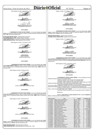 Sexta Feira, 10 de Fevereiro de 2012
                      Palácio Paiaguás, em Cuiabá, 10 de fevereiro de 2012.
                                                                                      Diário Oficial                                                                                Nº 25742
                                                                                                                                                     Paiaguás, em Cuiabá, 10 de fevereiro de 2012.
                                                                                                                                                                                                                                Página 10




                                                                                                                                                                                   ATO Nº 6.229/2012.
                                                  ATO Nº 6.225/2012.
                                                                                                                                                   O GOVERNADOR DO ESTADO DE MATO GROSSO, no uso de suas atribuições legais, resolve
                 O GOVERNADOR DO ESTADO DE MATO GROSSO, no uso de suas atribuições legais, resolve                          nomear os senhores abaixo nominados para exercerem os cargos em comissão que especifica, da Perícia Oficial e
nomear os senhores abaixo nominados para exercerem os cargos em comissão que especifica, da Secretaria de Estado de         Identificação Técnica – POLITEC, a partir de 07 de fevereiro de 2012.
Saúde – SES, a partir de 03 de fevereiro de 2012.
                                                                                                                            BÁRBARA CRISTINE ZANATTA – Assessora Técnica II, Nível DGA-5;
GLEIDS DUARTE MARTINS TAQUES – Assessora Especial II, Nível DGA-4;                                                          DIVA MARIA DA SILVA CAMPOS PRADO – Assessora Técnica III, Nível DGA-6.
PAULA MIRANDA MELO EL HAGE – Assessora Técnica II, Nível DGA-5;
LAURA ALENCAR DA SILVA – Coordenadora de Assistência Farmacêutica, Nível DGA-6;                                                                      Paiaguás, em Cuiabá, 10 de fevereiro de 2012.
KAREN CRISTINA SALES PAIS – Médica Reguladora do SUS, Nível DGA-4.

                     Palácio Paiaguás, em Cuiabá, 10 de fevereiro de 2012.




                                                   (Original assinado)
                                                VANDER FERNANDES                                                                                                                   ATO Nº 6.230/2012.
                                             Secretário de Estado de Saúde
                                                                                                                                                 O GOVERNADOR DO ESTADO DE MATO GROSSO, no uso de suas atribuições legais, resolve
                                                                                                                            nomear ANTONITO LUIZ FRANÇA DE CARVALHO para exercer o cargo em comissão de Direção Geral e Assessoramento,
                                                                                                                            Nível DGA-8, de Gerente de Processos de Aquisições, da Secretaria Executiva do Núcleo Agropecuário, a partir de 04
                                                  ATO Nº 6.226/2012.                                                        de janeiro de 2012.

                                                                                                                                                     Palácio Paiaguás, em Cuiabá, 10 de fevereiro de 2012.
                      O GOVERNADOR DO ESTADO DE MATO GROSSO, no uso de suas atribuições legais, resolve
nomear ADEMIR RIBEIRO DE SOUZA para exercer o cargo em comissão de Direção Geral e Assessoramento, Nível
DGA-4, de Assessor Técnico I, da Secretaria de Estado de Indústria, Comércio, Minas e Energia – SICME, a partir de 15
de fevereiro de 2012.

                  Palácio Paiaguás, em Cuiabá, 10 de fevereiro de 2012.



                                                                                                                                                                                   ATO Nº 6.231/2012.

                                                                                                                                                        O GOVERNADOR DO ESTADO DE MATO GROSSO, no uso das atribuições que lhe são
                                                                                                                            conferidas pelo artigo 66, incisos III e XI da Constituição Estadual.
                                                                                                                                                        Considerando o disposto no inciso II do artigo 129 da Constituição Estadual;
                                                                                                                                                        Considerando o disposto no inciso II do artigo 37 da Constituição Federal;
                                                                                                                                                        Considerando o Edital nº 003/2005-PJC, que dispõe sobre o Concurso Público para a Polícia
                                                                                                                            Judiciária Civil de Mato Grosso, publicado no Diário Oficial do Estado de 08 de setembro de 2005;
                                                                                                                                                        Considerando a Homologação do Resultado Final do Concurso Público publicada no Diário Oficial
                                                                                                                            de 23 de junho de 2006 e as Retificações do Resultado Final do Concurso Público publicadas no Diário Oficial do Estado,
                                                                                                                            edições de 26 de dezembro de 2006, 16 de fevereiro de 2007, 17 de janeiro de 2012 e 25 de janeiro de 2012;
                                                                                                                                                        Considerando a decisão exarada pelo Juiz de Direito da Quinta Vara Especializada da Fazenda
                                                                                                                            Pública – Comarca de Cuiabá – Ação Ordinária – Autos n. 225/2006,
                                                  ATO Nº 6.227/2012.                                                                                    Considerando, finalmente o que determina o item 18 e seus subitens do Edital nº 003/2005-PJC.

                                                                                                                                                         R E S O L V E:
                      O GOVERNADOR DO ESTADO DE MATO GROSSO, no uso de suas atribuições legais, resolve
nomear JÚLIO CÉSAR YULE para exercer o cargo em comissão de Direção Geral e Assessoramento, Nível DGA-5, de                                           Nomear por *ordem judicial para a Polícia Judiciária Civil - PJC, no cargo de Investigador de
Assessor Técnico II, da Secretaria de Estado de Indústria, Comércio, Minas e Energia – SICME, a partir de 10 de fevereiro   Polícia, os candidatos aprovados e classificados que seguem:
de 2012.

                  Palácio Paiaguás, em Cuiabá, 10 de fevereiro de 2012.                                                      Class    Inscrição                             Nome                                 Identidade        Nascimento    PF
                                                                                                                              63     11902-4      SIMONE CRISTINA ALKMIM DE ARAÚJO *                    21441781 5 - SSP/SP            22/8/1972 43
                                                                                                                              132 02176-8         RICARDO RODRIGUES DE ALMEIDA *                        10060375 - SJ/MT              12/12/1975 40
                                                                                                                              166 10687-9         JOSE CORSINO DA SILVA NETO *                          746434 - SSP/MT                 1/7/1973 39
                                                                                                                              186 10740-9         JOSIANY APARECIDA SERRA *                             16863240 - SSP/MT               5/1/1979 38
                                                                                                                              195 09711-0         CLEIDENIL DOS SANTOS SILVA *                          695729 - SSP/MT                 2/3/1970 38
                                                                                                                              196 10944-4         LIA CLAUDINE DA SILVA *                               695746 - SSP/MT                29/4/1972 38
                                                                                                                              230 10597-0         JOÃO BOSCO DE SIQUEIRA JUNIOR *                       526110 - SSP/MT                 7/7/1970 36
                                                                                                                              233 10544-9         JAYME MACHADO NETO                                    7266493 – SDS/ PE           24/09/1956   36
                                                                                                                              237 09785-3         DANIELLY CRISTINA DAVILA BARROS *                     1018262 4 - SJ/MT              26/5/1981 36
                                                                                                                              248 14676-5         ELSON SOUSA MIRANDA *                                 502 563 - SSP/MT               27/5/1970 36
                                                                                                                              250 09452-8         ANTONIA JANNYKELLY SILVA *                            14293030 - SSP/MT              15/2/1983 36
                                                                                                                              269 16568-9         IVANILDO RORIGO RIOS *                                424501 - SSP/RO                15/4/1976 35
                                                                                                                              283 11114-7         MARCELO APARECIDO DE LIMA *                           10073531 - SSP/MT              25/1/1977 35
                                                                                                                              292 10386-1         HELDER AUGUSTO SANTOS ARRUDA *                        0804447 3 - SSP/MT             11/7/1973 35
                                                  ATO Nº 6.228/2012.                                                          332 11015-9         LUCIANY CRISTINA DE LIMA *                            949198 - SSP/MT                 9/3/1972 34
                                                                                                                              369 10008-0         ELISABETH MARIA TEIXEIRA DA SILVA *                   1041103 8 - SSP/MT            24/12/1959 34
                       O GOVERNADOR DO ESTADO DE MATO GROSSO, no uso de suas atribuições legais, resolve                      375 11598-3         RAYD WASSEM OSTI DUQUE *                              1333833 1 - SSP/MT            17/12/1972 34
nomear os senhores abaixo nominados para exercerem os cargos em comissão que especifica, da Perícia Oficial e                 376 09821-3         DENISE CHAVAGLIA PIMENTEL *                           0455081 1 - SSP/MT            16/11/1970 34
Identificação Técnica – POLITEC, a partir de 07 de fevereiro de 2012.                                                         381 11642-4         RENATO LEOTERIO SAHU *                                236568693 - SSP/SP             17/2/1973 33
                                                                                                                              385 09938-4         EDSON SÓCRATES DE ARRUDA E SILVA *                    761639 - SSP/MT                17/6/1970 33
PIERRE BIANCARDINI JÚNIOR – Diretor-Geral Adjunto, Nível DGA-4;
                                                                                                                              423 16651-0         LAERCIO BENEDITO DE CAMPOS *                          0621185 2 - SJ/MT              22/5/1970 33
ROSANA BORGES MONTEIRO – Diretora Metropolitana de Criminalística, Nível DGA-5.
                                                                                                                              429 11405-7         NARA MARIA CAMPOS FRAGA BUENO *                       10157905 - SSP/MT              23/5/1967 33
 