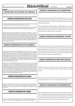 Sexta Feira, 10 de Fevereiro de 2012                                                       Diário Oficial                                                                 Nº 25742                                                  Página 21
 SEFAZ
                                                                                                                               AGÊNCIA FAZENDÁRIA DE DIAMANTINO
     SECRETARIA DE ESTADO DE FAZENDA
                                                 A G Ê N C I A S   F A Z E N D Á R I A S                                                                                                    T D I




                                                                                                                            TERMO DE RECONHECIMENTO DE DISPENSA DE INSCRIÇÃO DE MICROPRODUTOR RURAL – TDI - Reconheço que
                 AGÊNCIA FAZENDÁRIA DE ÁGUA BOA
                                                                                                                            o(s) Micro(s) Produtor (es) Rural (is) abaixo relacionado(s) cumpriu (ram) a exigência do art. 26 da Portaria 114/2002. NOME:

                                                                                                                            DALTINA FERREIRA DE MACEDO CPF N.: 535.146.701-10 E-PROCESS N.: 5036719/2012. Diamantino em 10/02/2012.
                                                                   T D I




                                                                                                                            Célio Cavalcante – Gerente Fazendário.
REQUERIMENTO DE BAIXA DE DISPENSA DE ISENÇÃO DE INSCRIÇÃO DE MICROPRODUTOR RURAL-TDI. NOME/
CPF ADRIANO BERTELLA-929690110-34. ÁGUA BOA, 09/02/2012 - Reinaldo J de Sousa-AAF.
                                                                                                                            TERMO DE RECONHECIMENTO DE DISPENSA DE INSCRIÇÃO DE MICROPRODUTOR RURAL – TDI - Reconheço
REQUERIMENTO DE BAIXA DE DISPENSA DE ISENÇÃO DE INSCRIÇÃO DE MICROPRODUTOR RURAL-TDI. NOME/
                                                                                                                            que o(s) Micro(s) Produtor (es) Rural (is) abaixo relacionado(s) cumpriu (ram) a exigência do art. 26 da Portaria 114/2002.
CPF: AMARILDO BECKER GALERA, 162331901-34 - ÁGUA BOA, 09/02/2012. Elizandra de Almeida-AAF-Gerente.
                                                                                                                            NOME: ALEXANDRE GALAN DE FREITAS CPF N.: 867.403.341-53 E-PROCESS N.: 5036879/2012 – COMODATÁRIO,
                                                      T E R M O    D E     O P Ç Ã O




                                                                                                                            Até 25/05/2022. Diamantino em 10/02/2012 Célio Cavalcante – Gerente Fazendário.

TERMO DE OPÇÃO PARA A REALIZAÇÃO/PRESTAÇÃO COM DIFERIMENTO DO ICMS. ANEXO I, NOME E IE:
ANSELMO GERALDO FERREIRA E OUTROS-13442489-1, BRUNO DAVID SILVA CAMPOS-13442375-5, CELY OLIVEIRA
DOS SANTOS-13442681-9, KARINA APARECIDA CASALI PEREIRA-13443403-0, LUIZ FERNANDO DE OLIVEIRA-
13444593-7, MARCOS ANTONIO ALCOLEA-13443405-6, MARCOS BRASIL-13442305-4, MARIA ESTELENE ALVES-
13442687-8, MARIA JOSE FERREIRA-13442940-0, MARILIA FRANCIELLE DO NASCIMENTO-13443354-8, MABIO DA
                                                                                                                               AGÊNCIA FAZENDÁRIA DE MIRASSOL D’OESTE
SILVA BENTO-13443407-2, PAULO OZORIO MACHADO-13442645-2, FERNANDO ALVES SANTIN-13442605-3, VILMA
SILVERIO DA SILVA-13442596-0, TONYPORTT FERREIRA DE ARAUJO-13442474-3, WANDER FERREIRA DA ROCHA-
13442651-7. Reinaldo J. de Sousa - AAF                                                                                                                                                      T D I




   AGÊNCIA FAZENDÁRIA DE ALTA FLORESTA
                                                                                                                            TERMO DE RECONHECIMENTO DE DISPENSA DE INSCRIÇÃO ESTADUAL DE MICRO-PRODUTOR RURAL- TDI

                                                                                                                            nº 027/2012, Município: SÃO JOSÉ DOS QUATRO MARCOS – MT. Reconheço que o Micro-produtor Rural abaixo

                                                                                                                            relacionado: MARIA PERPETUA DE SOUZA OLIVEIRA – CPF: 415.996.161-49 –ESTÂNCIA SANTO EXPEDITO – Validade
                                                                   T D I




                                                                                                                            INDETERMINADA Apresentou junto a esta Agência Fazendária, os documentos comprobatórios que explora atividade rural
Para efeito do Reconhecimento da DISPENSA DE INSCRIÇÃO ESTADUAL (TDI) previsto no § 19 do Art. 26 da Portaria
114/2002 com fulcro no Inc. III do Art. 435-T-8 do RICMS/MT (Dec. 1944/89) declaramos que o Microprodutor Sr(a)             em área com extensão igual ou inferior a 100 hectares. Atendendo aos dispositivos do § 19 do Art. 26 da Portaria 114/2002.
GERALDO CORREA DE ARAUJO, portador do CPF nº 38718049915, apresentou através do e-Process nº 5037184/2012,
                                                                                                                            Mirassol D’ Oeste – MT, 09 de Fevereiro de 2012– Evanil Rodrigues Tapajós - AAIG
documentos comprobatórios de que explora atividade rural em área com extensão igual/inferior a 100 hectares, denominada
SITIO ANDORINHAS, localizada no endereço VICINAL 2ª LESTE, COM. MONTE SANTO LOTE 304/01, no município de
ALTA FLORESTA/MT, cientificando-se de que caso sejam alteradas as condições exigidas para a dispensa, inclusive com
relação ao faturamento limite de 5350UPFMT/ano, deve imediatamente informar a Secretaria Estadual de Fazenda. O
presente termo tem prazo indeterminado ou até data final de contrato null. Agência Fazendária de Alta Floresta. Servidor:      AGÊNCIA FAZENDÁRIA DE PORTO DOS GAÚCHOS
LARYSSA MOREIRA MONTANHER Matr: 41283481


Para efeito do Reconhecimento da DISPENSA DE INSCRIÇÃO ESTADUAL (TDI) previsto no § 19 do Art. 26 da Portaria
114/2002 com fulcro no Inc. III do Art. 435-T-8 do RICMS/MT (Dec. 1944/89) declaramos que o Microprodutor Sr(a) ODALIO                                                                      T D I




ALVES BARBOSA, portador do CPF nº 52414256915, apresentou através do e-Process nº 5037084/2012, documentos
comprobatórios de que explora atividade rural em área com extensão igual/inferior a 100 hectares, denominada ARREND.
                                                                                                                            Contribuinte José Alves de Oliveira CPF nº 597.462.119-00 solicita baixa do Termo de Reconhecimento de Dispensa
FAZENDA MONTE OREBE, localizada no endereço ESTRADA VICINAL 4ª LESTE, COM. LAGOA SANTA, LOTE AF 6/44,
no município de ALTA FLORESTA/MT,  cientificando-se de que caso sejam alteradas as condições exigidas para a dispensa,      de Inscrição – T D I nº 027/2010 Porto dos Gaúchos/MT e-process nº 5033965-2012 - 495630012. – Maria Madalena
inclusive com relação ao faturamento limite de 5350UPFMT/ano,  deve imediatamente informar a Secretaria Estadual de
                                                                                                                            Nunes bernini
Fazenda. O presente termo tem prazo indeterminado ou até data final de contrato  29/01/2015. Agência Fazendária de Alta
Floresta. Servidor: LARYSSA MOREIRA MONTANHER Matr: 41283481                                                                                                                    T E R M O   D E     O P Ç Ã O




                     AGÊNCIA FAZENDÁRIA DE COLIDER
                                                                                                                            Apresentaram junto a esta Agência Fazendária Termo de Opção para realização de operação/prestação com Diferimento do

                                                                                                                            ICMS Sadi Affonso Schwantes – I.E nº 13.445.339-5 - Maria Madalena Nunes Bernini – Gerente Fazendária.
                                                              O U T R O S




RELAÇÃO DOS CONTRIBUINTES QUE OPTARAM PELO TERMO DE ADESÃO AO FUNDO PARTILHADO DE
INVESTIMENTO SOCIAL – FUPIS (Decr 4314/2004-SEFAZ). CNPJ CONTRIBUINTE 00.103.582/0080-02 ENGEVIX                               AGÊNCIA FAZENDÁRIA DE RONDONÓPOLIS
ENGENHARIA LTDA. Sandra Lúcia Luna Falqueto Tomé – Gerente da Agência Fazendária de Colider. Colider 10 de
fevereiro de 2012.

                                                                                                                                                                                            T D I




                     AGÊNCIA FAZENDÁRIA DE CUIABÁ
                                                                                                                            TERMO DE RECONHECIMENTO DE DISPENSA DE INSCRIÇÃO ESTADUAL DE MICROPRODUTOR RURAL-TDI Nº

                                                                                                                            070/2011 – RONDONÓPOLIS. Reconheço que os microprodutores rurais abaixo relacionados cumpriram a exigência do art.

                                                              O U T R O S
                                                                                                                            26 da Portaria 114/02. Asdrúbal Rodrigues de Freitas, CPF 048.470.911-91; Givaldo Rodrigues Queiroz, CPF 531.649.621-

                                                                                                                            34; Ilza Alves da Silva, CPF 459.787.511-53, válido até 12/11/2023, e, Marcio Rodrigues Galvão, CPF 384.768.191-53.

RELAÇÃO DO CONTRIBUINTE QUE OPTOU PELA ADESÃO AO FUNDO PARTILHADO DE INVESTIMENTO SOCIAL                                    Agência Fazendária de Rondonópolis/MT. Em 07/02/2012. Adilson Mikuska - Gerente Fazendário, Mat. 225744.
– FUPIS. (Decreto nº 4314/2004- SEFAZ) - MB ENGENHARIA SPE 073 S/A 13.368.640-0. ROGÉRIO PRUDÊNCIO
                                                                                                                                                                                      B A L A N Ç O
 