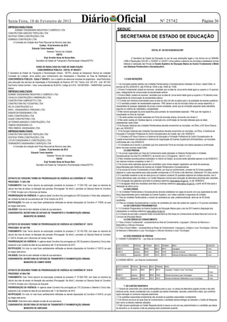 Sexta Feira, 10 de Fevereiro de 2012
EMPRESAS INABILITADAS:
                                                                                    Diário Oficial                                                                                   Nº 25742                                                        Página 36

      AGRIMAT ENGENHARIA INDÚSTRIA E COMÉRCIO LTDA                                                                         SEDUC
CONSTRUTORA SANCHES TRIPOLONI LTDA
DESTESA TERRA CONSTRUÇÕES LTDA
SOBRADO CONSTRUÇÃO LTDA.
                                                                                                                               SECRETARIA DE ESTADO DE EDUCAÇÃO
    A Comissão de Licitação abre Prazo Recursal de 05(cinco) dias úteis.
                                  Cuiabá., 10 de fevereiro de 2012                                                                                                                   E D I T A L




                         Eduardo Tomio Iwashita
                                                                                                                                                                         EDITAL Nº. 001/2012/GS/SEDUC/MT
                                           Assessor Técnico de Licitação
                                                     VISTO:
                                       Engº Arnaldo Alves de Souza Neto                                                                        O Secretário de Estado de Educação no uso de suas atribuições legais e nos termos da Lei 9394/96-
                              Secretário de Estado de Transporte e Pavimentação Urbana/SETPU                                         LDBN e Resoluções CEE-MT n.123/2007 e n.05/2011 torna pública a abertura de inscrições e estabelece normas
                                                                                                                                     relativas à realização das Provas do Exame Supletivo de Educação Básica do Ensino Fundamental e Médio
                                AVISO DE RESULTADO DA FASE DE HABILITAÇÃO                                                            nos Sistemas Penitenciário e Socioeducativo.
                                 CONCORRÊNCIA PÚBLICA - EDITAL Nº 004/2011
A Secretaria de Estado de Transporte e Pavimentação Urbana - SETPU, através da Assessoria Técnica de Licitação/
Comissão de Licitação, torna público para conhecimento dos interessados o Resultado da Fase de Habilitação da
CONCORRÊNCIA PÚBLICA - Edital nº 004/2011, com o objetivo de selecionar empresa de engenharia – área Rodoviária,                     1.0 DAS INCRIÇÕES
para execução dos serviços de Implantação e Pavimentação da Rodovia: MT-140, Trecho: Entr. MT-419 – Entr. MT-225,
                                                                                                                          1.1 As inscrições estarão abertas nas Unidades Penitenciárias e Socioeducativas indicadas no Anexo I deste Edital, no
SubTrecho: Santa Carmem – Vera, numa extensão de 30,50 Km, Código do S.R.E: 140 EMT0520 – 140EMT0550, conforme
                                                                                                                          período de 09 a 20/04/2012, das 07h00 às 12h30 e das 13h00 às 17h00.
abaixo:
                                                                                                                          1.2 Ensino Fundamental: poderá se inscrever, candidato que na data da prova tenha idade igual ou superior a 15 (quinze)
EMPRESAS HABILITADAS:                                                                                                     anos, independente de comprovação da escolaridade anterior.
AGRIMAT ENGENHARIA INDÚSTRIA E COMÉRCIO LTDA                                                                              1.3 Ensino Médio: poderá se inscrever, candidato que na data da prova tenha idade igual ou superior a 18 (dezoito) anos,
CAVALCA CONSTRUÇÕES E MINERAÇÃO LTDA                                                                                      independente de comprovação da escolaridade anterior.
CONSTRUTORA CAMPESATTO LTDA                                                                                               1.4 O direito dos menores emancipados para os atos da vida civil não se aplica para o da prestação de exames supletivos.
CONSTRUTORA RIO TOCANTINS LTDA                                                                                            1.5 O candidato portador de necessidades especiais - PNE deverá no ato da inscrição indicar em campo específico, a
DELTA CONSTRUÇÕES S.A                                                                                                     necessidade de qualquer adaptação de provas a serem prestadas, sendo que as condições especiais serão atendidas
ENPA – ENGENHARIA E PARCERIA LTDA                                                                                         segundo os critérios de viabilidade e razoabilidade.
ENSERCON ENGENHARIA LTDA                                                                                                  1.6 Não haverá aplicação de prova específica para portador de necessidades especiais - PNE que não registrar a
                                                                                                                          necessidade na ficha de inscrição.
EWEC CONSTRUÇÕES LTDA
                                                                                                                          1.7 Só serão aceitas inscrições realizadas em Ficha de Inscrição própria, de acordo com Anexo II.
GUAXE CONSTRUTORA LTDA                                                                                                    1.8 Não serão aceitas em hipótese alguma, a inscrição e/ou confirmação de inscrição efetuada após as datas
JM TERRAPLANAGEM E CONSTRUÇÕES LTDA                                                                                       estabelecidas neste Edital.
TAMASA ENGENHARIA S.A                                                                                                     1.9 As Equipes Gestoras das Unidades Penitenciárias deverão encaminhar as inscrições, via Ofício, à EE Nova Chance,
TRÊS IRMÃOS ENGENHARIA LTDA.                                                                                              até o dia 16/05/2012.
EMPRESAS INABILITADAS:                                                                                                    1.10 As Equipes Gestoras das Unidades Socioeducativas deverão encaminhar as inscrições, via Ofício, à Gerência de
CONSTRUTORA SANCHES TRIPOLONI LTDA                                                                                        Educação e Formação Profissional do Centro Socioeducativo de Cuiabá, até o dia 16/05/2012.
DESTESA TERRA CONSTRUÇÕES LTDA                                                                                            1.11 Compete a EE Nova Chance e a Gerência de Educação e Formação Profissional do Centro Socioeducativo de
LOTUFO ENGENHARIA E CONSTRUÇÕES LTDA                                                                                      Cuiabá encaminharem formalmente à Gerência de Organização de Exames Supletivos/CJA/Sude/Seduc, as inscrições
                                                                                                                          confirmadas até o dia 23/05/2012.
TERRANORTE ENGENHARIA E SERVIÇOS LTDA
                                                                                                                          1.12 Considerar-se-á inscrito o candidato que tiver preenchido Ficha de Inscrição com dados pessoais e confirmação
      A Comissão de Licitação abre Prazo Recursal de 05(cinco) dias úteis.                                                dentro de prazo previsto neste Edital.
                                    Cuiabá., 10 de fevereiro de 2012                                                                2.0 DAS PROVAS:
                          Eduardo Tomio Iwashita                                                                          2.1 As provas organizadas por Área de Conhecimento serão aplicadas no Sistema Penitenciário e Unidades
                                             Assessor Técnico de Licitação                                                Socioeducativas nos dias 04 e 05/06/2012, de acordo com o Cronograma - itens 6.1 e 6.2.
                                                       VISTO:                                                             2.2 Nas Unidades socioeducativas localizadas no interior do Estado, as provas serão aplicadas apenas no dia 04/06/2012,
                                         Engº Arnaldo Alves de Souza Neto                                                 nos mesmos horários constantes no item 2.1.
                                Secretário de Estado de Transporte e Pavimentação Urbana/SETPU                            2.3 As provas serão aplicadas apenas aos candidatos cujos nomes estejam registrados nas listas de presenças,
                                                                                                                          disponibilizadas pela Gerência de Exames às Unidade Penitenciária e Socioeducativas.
                                                     E X T R A T O
                                                                                                                          2.4 As provas do Ensino Fundamental e Ensino Médio, por Área do conhecimento, constam de 30 (trinta) questões
                                                                                                                          objetivas e o peso equivalente para cada questão corresponde a 0,33 (trinta e três décimos), totalizando 10,0 (dez) pontos.
                                                                                                                          2.5 O candidato receberá no ato de cada prova um Caderno contendo 30 questões objetivas de múltipla escolha, com 5
EXTRATO DO TERCEIRO TERMO DE PRORROGAÇÃO DE VIGÊNCIA AO CONVÊNIO Nº. 179/09                                               (cinco) alternativas cada uma delas e um Cartão Resposta nominal para marcação da alternativa escolhida pelo candidato.
PROCESSO: 71.025-1/09                                                                                                     2.6 A divulgação dos gabaritos será feita no endereço eletrônico www.seduc.mt.gov.br, no dia 18/06/2012.
                                                                                                                          2.7 A divulgação oficial dos resultados será feita no endereço eletrônico www.seduc.mt.gov.br, a partir de 60 dias após a
FUNDAMENTO: Este Termo decorre da autorização constante do processo nº. 71.025-1/09, com base na memória de               realização da última prova.
cálculo dos dias de atraso na liberação das parcelas (Prorrogação “de ofício”), previstas na Cláusula Sexta do Convênio             3.0 DAS VAGAS
nº.179/09, firmado com o Município de Nobres.                                                                             3.1 As Unidades Penitenciárias e Socioeducativas deverão estabelecer as vagas de acordo com sua capacidade da rede
PRORROGAÇÃO DA VIGÊNCIA: A vigência deste Convênio fica prorrogada por 220 (Duzentos e Vinte) dias, passando a            física disponibilizadas para a realização do Exame Supletivo, com vistas a atender a segurança da Unidade.
                                                                                                                          3.1 Para as Unidades Penitenciárias o número de candidatos por sala, preferencialmente, deve ser de 30 (trinta)
ser contada da data de sua assinatura até 19 de Outubro de 2012.                                                          candidatos.
RATIFICAÇÃO: Em tudo no mais ficam perfeitamente ratificadas as demais disposições do Convênio nº.179/09, ao qual         3.2 Para as Unidades Socioeducativas o número de candidatos por sala não poderá ser superior a 15 (quinze) candidatos.
se integra este termo.                                                                                                              4.0 DO CONTEÚDO PROGRAMÁTICO
VALIDADE: Este termo terá validade na data de sua assinatura.                                                             4.1 O Conteúdo Programático do Exame Supletivo de Educação Básica para o ano de 2012 estará à disposição dos
                                                                                                                          interessados no endereço eletrônico www.seduc.mt.gov.br.
CONVENENTES: SECRETARIA DE ESTADO DE TRANSPORTE E PAVIMENTAÇÃO URBANA
                                                                                                                          4.2 O Exame de que trata o presente Edital compreenderá as três Áreas do Conhecimento da Base Nacional Comum do
                  MUNICIPIO DE NOBRES                                                                                     Currículo da Educação Básica.
                                                                                                                                    5.0 DAS ÁREAS DO CONHECIMENTO
                                                                                                                          5.1 Para o Ensino Fundamental - compreenderá as Área de Conhecimento: Linguagem, Ciências da Natureza e
EXTRATO DO SEGUNDO TERMO DE PRORROGAÇÃO DE VIGÊNCIA AO CONVÊNIO Nº. 125/10                                                Matemática e Ciências Humanas.
PROCESSO: 40.140-7/09                                                                                                     5.2 Para o Ensino Médio – compreenderá as Áreas de Conhecimento: Linguagens, Códigos e suas Tecnologias, Ciências
FUNDAMENTO: Este Termo decorre da autorização constante do processo nº. 40.140-7/09, com base na memória de               da Natureza e Matemática e suas Tecnologias e Ciências Humanas e suas Tecnologias
cálculo dos dias de atraso na liberação das parcelas (Prorrogação “de ofício”), previstas na Cláusula Sexta do Convênio
                                                                                                                                  6.0 DOS HORÁRIOS DE PROVAS
nº.125/10, firmado com o Município de Campo Verde.                                                                        6.1 ENSINO FUNDAMENTAL – por Área de Conhecimento
PRORROGAÇÃO DA VIGÊNCIA: A vigência deste Convênio fica prorrogada por 245 (Duzentos e Quarenta e Cinco) dias,
passando a ser contada da data de sua assinatura até 12 de Novembro de 2012.                                              DATA/ HORÁRIO         PERÍODO        ENTRADA      INÍCIO    TÉRMINO               ÁREA                                         DURAÇÃO
RATIFICAÇÃO: Em tudo no mais ficam perfeitamente ratificadas as demais disposições do Convênio nº.125/10, ao qual         04/06/12              matutino       08h00        08h15     09h15                 Linguagem                                    1 hora
se integra este termo.                                                                                                    05/06/12              matutino       09h30        09h45     10h45                 Ciências Humanas                             1 hora
VALIDADE: Este termo terá validade na data de sua assinatura.                                                             04 e 05/06/12         vespertino     14h00        14h15     15h15                 Ciências da Natureza e Matemática            1 hora

CONVENENTES: SECRETARIA DE ESTADO DE TRANSPORTE E PAVIMENTAÇÃO URBANA
                                                                                                                          6.2 ENSINO MÉDIO – por Área de Conhecimento
                  MUNICIPIO DE CAMPO VERDE
                                                                                                                          DATA/ HORÁRIO      PERÍODO ENTRADA INÍCIO TÉRMINO ÁREA                                                                          DURAÇÃO
EXTRATO DO SEGUNDO TERMO DE PRORROGAÇÃO DE VIGÊNCIA AO CONVÊNIO Nº. 018/10                                                04/06/12           matutino      08h00       08h15 09h15                 Linguagem, Códigos e suas Tecnologias
                                                                                                                                                                                                                                                          1 hora
PROCESSO: 67.604-7/09
                                                                                                                          05/06/12           matutino      09h30       09h45 10h45                 Ciências Humanas e suas Tecnologias                    1 hora
FUNDAMENTO: Este Termo decorre da autorização constante do processo nº. 67.604-7/09, com base na memória de               04 e 05/06/12      vespertino 14h00          14h15 15h15                 Ciências da Natureza, Matemática e suas Tecnologias    1 hora
cálculo dos dias de atraso na liberação das parcelas (Prorrogação “de ofício”), previstas na Cláusula Sexta do Convênio
nº.018/10, firmado com o Município de Aripuanã.
                                                                                                                                   7. DO CARTÃO RESPOSTA
PRORROGAÇÃO DA VIGÊNCIA: A vigência deste Convênio fica prorrogada por 275 (Duzentos e Setenta e Cinco) dias,
                                                                                                                          7.1 Deverá ser preenchido com caneta esferográfica preta ou azul, no campo da alternativa julgada correta e não será
passando a ser contada da data de sua assinatura até 11 de Dezembro de 2012.                                              atribuído ponto, sendo considerada nula, à questão que estiver emendada, rasurada, preenchida a lápis, que contenha
RATIFICAÇÃO: Em tudo no mais ficam perfeitamente ratificadas as demais disposições do Convênio nº.018/10, ao qual         dupla marcação ou nenhuma resposta preenchida.
se integra este termo.                                                                                                    7.2 As questões respondidas erradamente não anularão as questões respondidas corretamente.
                                                                                                                          7.3 Ao término da prova de cada Área de Conhecimento o candidato deverá entregar ao Aplicador o Cartão de Resposta,
VALIDADE: Este termo terá validade na data de sua assinatura.
                                                                                                                          bem como os demais materiais utilizados.
CONVENENTES: SECRETARIA DE ESTADO DE TRANSPORTE E PAVIMENTAÇÃO URBANA                                                     7.4 Não haverá substituição do Cartão Resposta devido à rasura ou erro em seu preenchimento e o candidato que deixar
                  MUNICIPIO DE ARIPUANA                                                                                   de devolvê-lo ou de assinar a lista de presença será considerado ausente.
 