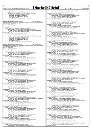 Sexta Feira, 10 de Fevereiro de 2012
    Nome: (31173/1) THAIS CAMARINHO
                                                     Diário Oficial                                       Nº 25742
                                                                                  Un. Adm: (134074) DELEGACIA MUNIC. DE RONDONÓPOLIS
                                                                                                                                        Página 46
        Cargo/Função: (2348) DELEGADO DE POLICIA                                  A Partir de: 26/01/2012 Até 26/01/2012
        Qüinqüênio de Referência: 17/05/2003 Ate 16/05/2008               Processo N.: 09-02-12jmn.
        A Partir de: 23/01/2012 Ate 22/03/2012                                Nome: (203373/1) ANDRE LUIZ GUIMARAES MARTINS
          PUBLICADA, REGISTRADA, CUMPRA-SE.                                       Cargo/Função: (9175) INVESTIGADOR DE POLICIA/LC344
          Cuiabá-MT, 10 de Fevereiro de 2012.                                     Un. Adm: (154113) DELEGACIA REG. DE ÁGUA BOA
          Paulo Rubens Vilela                                                     A Partir de: 03/01/2012 Até 03/01/2012
          Delegado Geral da Polícia Judiciária Civil                      Processo N.: 09-02-12jmn.
                                                                              Nome: (13321/1) ANTONIO ALVES MONTEL
BOLETIM DE PESSOAL/PJC/00067/2012                    DE: 10/02/2012               Cargo/Função: (9175) INVESTIGADOR DE POLICIA/LC344
O Delegado Geral da Polícia Judiciária Civil no uso de suas atribuições           Un. Adm: (154113) DELEGACIA REG. DE ÁGUA BOA
que lhes são conferidas por lei,                                                  A Partir de: 04/01/2012 Até 04/01/2012
Resolve: RETIFICAR                                                        Processo N.: 09-02-12jmn.
Evento: ADICIONAL NOTURNO                                                     Nome: (97458/1) ANTONIO CARLOS HERINGER
Processo N.: aj                                                                   Cargo/Função: (11665) FUNÇÃO DGA 10 LC/266 SERVIDOR
    Nome: (21275/1) CLAUDENIL FERREIRA DOS SANTOS                                 Un. Adm: (133850) DELEGACIA MUNIC. DE ARIPUANÃ
        Cargo/Função: (9175) INVESTIGADOR DE POLICIA/LC344                        A Partir de: 01/01/2012 Até 01/01/2012
        Un. Adm: (118761) UNID.ESPEC. DE CONTR. DE MOVIM. DE PESSOAL      Processo N.: aj
        A Partir de: 02/01/2012 Até 02/01/2012                                Nome: (97303/1) ANTONIO DOS SANTOS SILVA
Processo N.: aj                                                                   Cargo/Função: (9200) ESCRIVAO DE POLICIA/LC318
    Nome: (17444/1) JAIRO BEZERRA DA SILVA                                        Un. Adm: (118761) UNID.ESPEC. DE CONTR. DE MOVIM. DE PESSOAL
        Cargo/Função: (9175) INVESTIGADOR DE POLICIA/LC344                        A Partir de: 01/01/2012 Até 01/01/2012
        Un. Adm: (118761) UNID.ESPEC. DE CONTR. DE MOVIM. DE PESSOAL      Processo N.: 09-02-12jmn.
        A Partir de: 06/01/2012 Até 06/01/2012                                Nome: (26706/1) ARLINDO CLARO DA SILVA
          PUBLICADA, REGISTRADA, CUMPRA-SE.                                       Cargo/Função: (9200) ESCRIVAO DE POLICIA/LC318
          Cuiabá-MT, 10 de Fevereiro de 2012.                                     Un. Adm: (133850) DELEGACIA MUNIC. DE ARIPUANÃ
                                                                                  A Partir de: 04/01/2012 Até 04/01/2012
          Paulo Rubens Vilela
                                                                          Processo N.: aj
          Delegado Geral da Polícia Judiciária Civil
                                                                              Nome: (127544/3) BENITES MIRANDA DE FARIAS
                                                                                  Cargo/Função: (9200) ESCRIVAO DE POLICIA/LC318
BOLETIM DE PESSOAL/PJC/00066/2012                     DE: 10/02/2012              Un. Adm: (134643) DELEGACIA MUNIC. NOVA OLÍMPIA
O Delegado Geral da Polícia Judiciária Civil no uso de suas atribuições           A Partir de: 01/01/2012 Até 01/01/2012
que lhes são conferidas por lei,                                          Processo N.: 09-02-12JMN.
Resolve: CONCEDER                                                             Nome: (21252/1) BONIFACIO PEDROSO DA SILVA
Evento: ADICIONAL NOTURNO                                                         Cargo/Função: (9175) INVESTIGADOR DE POLICIA/LC344
Processo N.: aj                                                                   Un. Adm: (133175) DELEGACIA DE POLÍCIA DO COXIPÓ
    Nome: (100881/3) ADAO FERREIRA DA SILVA DIAS                                  A Partir de: 04/01/2012 Até 04/01/2012
        Cargo/Função: (9175) INVESTIGADOR DE POLICIA/LC344                Processo N.: aj
        Un. Adm: (164100) DIR. DE EXECUÇAO ESTRATEGICA                        Nome: (112191/3) CACIO ROBERTO ALVES DOS SANTOS
        A Partir de: 01/01/2012 Até 01/01/2012                                    Cargo/Função: (9175) INVESTIGADOR DE POLICIA/LC344
Processo N.: aj                                                                   Un. Adm: (154113) DELEGACIA REG. DE ÁGUA BOA
    Nome: (49338/4) ADEMIR DIAS DE MATOS                                          A Partir de: 01/01/2012 Até 01/01/2012
        Cargo/Função: (9175) INVESTIGADOR DE POLICIA/LC344                Processo N.: aj
        Un. Adm: (134074) DELEGACIA MUNIC. DE RONDONÓPOLIS                    Nome: (45094/7) CAETANO CARLOS FALONE
        A Partir de: 01/01/2012 Até 01/01/2012                                    Cargo/Função: (9175) INVESTIGADOR DE POLICIA/LC344
Processo N.: 09-02-12jmn.                                                        Un. Adm: (133590) DELEGACIA REG. DE CÁCERES
    Nome: (33797/1) ADEMIR PALLETINI                                              A Partir de: 18/01/2012 Até 18/01/2012
        Cargo/Função: (9175) INVESTIGADOR DE POLICIA/LC344                Processo N.: 09-02-12JMN.
        Un. Adm: (134473) DELEGACIA MUNIC. DE MATUPÁ                          Nome: (115906/2) CARLA EVANGELISTA LINDENBERG NOGUEIRA
        A Partir de: 01/01/2012 Até 01/01/2012                                    Cargo/Função: (9175) INVESTIGADOR DE POLICIA/LC344
Processo N.: 09-02-12JMN.                                                        Un. Adm: (134031) DELEGACIA MUNIC. DE JAURU
    Nome: (77639/4) AIRTON ROSAN                                                  A Partir de: 03/01/2012 Até 03/01/2012
        Cargo/Função: (9175) INVESTIGADOR DE POLICIA/LC344                Processo N.: 09-02-12jmn.
        Un. Adm: (134031) DELEGACIA MUNIC. DE JAURU                           Nome: (21961/1) CELINO FRANCISCO DE PAULA
        A Partir de: 01/01/2012 Até 01/01/2012                                    Cargo/Função: (9175) INVESTIGADOR DE POLICIA/LC344
Processo N.: aj                                                                   Un. Adm: (133175) DELEGACIA DE POLÍCIA DO COXIPÓ
    Nome: (97503/1) ALESSANDRA NOVAIS ROSA                                        A Partir de: 03/01/2012 Até 03/01/2012
        Cargo/Função: (9175) INVESTIGADOR DE POLICIA/LC344                Processo N.: aj
        Un. Adm: (134074) DELEGACIA MUNIC. DE RONDONÓPOLIS                    Nome: (25989/1) CELSO VIEIRA DE QUEIROZ
        A Partir de: 17/01/2012 Até 17/01/2012                                    Cargo/Função: (9175) INVESTIGADOR DE POLICIA/LC344
Processo N.: 09-02-12jmn.                                                        Un. Adm: (134678) DELEGACIA MUNIC. DE CAMPO NOVO DOS PARECIS
    Nome: (92124/1) ALEX CESAR DA CRUZ LEITE                                      A Partir de: 01/01/2012 Até 01/01/2012
        Cargo/Função: (9175) INVESTIGADOR DE POLICIA/LC344                Processo N.: 09-02-12jmn.
        Un. Adm: (133876) DELEGACIA MUNIC. DE COLNIZA                         Nome: (23193/1) CICERO RODRIGUES DA SILVA
        A Partir de: 14/01/2012 Até 14/01/2012                                    Cargo/Função: (9175) INVESTIGADOR DE POLICIA/LC344
Processo N.: aj                                                                   Un. Adm: (133795) DELEGACIA MUNIC. DE SÃO JOSÉ DO RIO CLARO
    Nome: (95632/1) ALEX JORGE DA SILVA                                           A Partir de: 02/01/2012 Até 02/01/2012
        Cargo/Função: (9175) INVESTIGADOR DE POLICIA/LC344                Processo N.: aj
        Un. Adm: (133612) DELEGACIA MUNIC. DE CÁCERES                         Nome: (136602/1) CINTHIA GOMES DA ROCHA CUPIDO
        A Partir de: 01/01/2012 Até 01/01/2012                                    Cargo/Função: (2348) DELEGADO DE POLICIA
Processo N.:                                                                      Un. Adm: (134651) DELEGACIA MUNIC. DE SAPEZAL
    Nome: (234348/1) ALEX SANDRO LOZANO                                           A Partir de: 01/01/2012 Até 01/01/2012
        Cargo/Função: (9175) INVESTIGADOR DE POLICIA/LC344                Processo N.: aj
        Un. Adm: (133850) DELEGACIA MUNIC. DE ARIPUANÃ                        Nome: (203974/1) CLAUDIANA RANZULLI
        A Partir de: 06/01/2012 Até 06/01/2012                                    Cargo/Função: (9175) INVESTIGADOR DE POLICIA/LC344
Processo N.: aj                                                                   Un. Adm: (134031) DELEGACIA MUNIC. DE JAURU
    Nome: (97451/1) ALLISSON NERES GIESELER                                       A Partir de: 01/01/2012 Até 01/01/2012
        Cargo/Função: (9175) INVESTIGADOR DE POLICIA/LC344                Processo N.: aj
        Un. Adm: (133248) DELEGACIA DE POLICIA DE CHAPADA DOS GUIMARÃES       Nome: (108198/1) CLAUDIO MARCIO NAZARIO CASTELO
        A Partir de: 04/01/2012 Até 04/01/2012                                    Cargo/Função: (9175) INVESTIGADOR DE POLICIA/LC344
Processo N.: 09-02-12JMN.                                                        Un. Adm: (104264) DIR-GERAL ADJ. DE POLÍCIA JUDICIÁRIA CIVIL
    Nome: (25359/1) ALTAMIRO PAULO DE FREITAS                                     A Partir de: 01/01/2012 Até 01/01/2012
        Cargo/Função: (9175) INVESTIGADOR DE POLICIA/LC344                Processo N.: aj
        Un. Adm: (154792) DELEGACIA MUNIC. DE COCALINHO                       Nome: (136286/1) CLAUDIO RAFACHO SANTOS
        A Partir de: 01/01/2012 Até 01/01/2012                                    Cargo/Função: (9175) INVESTIGADOR DE POLICIA/LC344
Processo N.: 09-02-12jmn.                                                        Un. Adm: (134074) DELEGACIA MUNIC. DE RONDONÓPOLIS
    Nome: (16529/1) ANACLETO NUNES MIRANDA                                        A Partir de: 01/01/2012 Até 01/01/2012
        Cargo/Função: (9175) INVESTIGADOR DE POLICIA/LC344                Processo N.: 09-02-12jmn.
        Un. Adm: (134520) DELEGACIA MUNIC. DE TAPURAH                         Nome: (115316/2) CLODOALDO GERMANO BASTOS DE MOURA
        A Partir de: 03/01/2012 Até 03/01/2012                                    Cargo/Função: (9175) INVESTIGADOR DE POLICIA/LC344
Processo N.: 09-02-12jmn.                                                        Un. Adm: (133302) DELEGACIA ESPEC. DE ROUBOS E FURTOS
    Nome: (234326/1) ANDERSON ALVES XAVIER                                        A Partir de: 03/01/2012 Até 03/01/2012
        Cargo/Função: (9175) INVESTIGADOR DE POLICIA/LC344                Processo N.: aj
        Un. Adm: (133833) DELEGACIA REG. DE JUÍNA                             Nome: (23433/1) DAISE BECKMANN MOREL LUCK
        A Partir de: 02/01/2012 Até 02/01/2012                                    Cargo/Função: (11665) FUNÇÃO DGA 10 LC/266 SERVIDOR
Processo N.: 09-02-12JMN.                                                        Un. Adm: (020826) DIR. GERAL DE POLÍCIA JUDICIÁRIA CIVIL
    Nome: (136462/1) ANDERSON SANTANA DE SOUZA                                    A Partir de: 01/01/2012 Até 01/01/2012
        Cargo/Função: (9175) INVESTIGADOR DE POLICIA/LC344                Processo N.: aj
        Un. Adm: (133833) DELEGACIA REG. DE JUÍNA                             Nome: (12709/1) DIANA GLORIA RODRIGUES DA SILVA
        A Partir de: 01/01/2012 Até 01/01/2012                                    Cargo/Função: (9175) INVESTIGADOR DE POLICIA/LC344
Processo N.: aj                                                                   Un. Adm: (134678) DELEGACIA MUNIC. DE CAMPO NOVO DOS PARECIS
    Nome: (65839/7) ANDERSON VIEIRA DA SILVA                                      A Partir de: 01/01/2012 Até 01/01/2012
        Cargo/Função: (9200) ESCRIVAO DE POLICIA/LC318                    Processo N.: aj
 