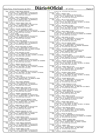 Sexta Feira, 10 de Fevereiro de 2012
    Nome: (86336/6) DILMAR PEREIRA MONTALVAO
                                                     Diário Oficial                                  Nº 25742
                                                                                  A Partir de: 01/01/2012 Até 01/01/2012
                                                                                                                                        Página 47
        Cargo/Função: (9175) INVESTIGADOR DE POLICIA/LC344                Processo N.: aj
        Un. Adm: (134074) DELEGACIA MUNIC. DE RONDONÓPOLIS                    Nome: (95878/1) JANUARIO PINTO
        A Partir de: 01/01/2012 Até 01/01/2012                                    Cargo/Função: (9200) ESCRIVAO DE POLICIA/LC318
Processo N.: aj                                                                   Un. Adm: (134074) DELEGACIA MUNIC. DE RONDONÓPOLIS
    Nome: (23928/1) DOROTI APARECIDA BETTI                                        A Partir de: 14/01/2012 Até 14/01/2012
        Cargo/Função: (9175) INVESTIGADOR DE POLICIA/LC344                Processo N.: aj
        Un. Adm: (134074) DELEGACIA MUNIC. DE RONDONÓPOLIS                    Nome: (16182/1) JARI DA SILVA OLIVEIRA
        A Partir de: 01/01/2012 Até 01/01/2012                                    Cargo/Função: (9175) INVESTIGADOR DE POLICIA/LC344
Processo N.: aj                                                                   Un. Adm: (118761) UNID.ESPEC. DE CONTR. DE MOVIM. DE PESSOAL
    Nome: (203450/1) DOUGLAS OSWALDO PRADO LIMA                                   A Partir de: 03/01/2012 Até 03/01/2012
        Cargo/Função: (9175) INVESTIGADOR DE POLICIA/LC344                Processo N.: aj
        Un. Adm: (134031) DELEGACIA MUNIC. DE JAURU                           Nome: (90972/2) JEAN RUDNEY DE JESUS
        A Partir de: 01/01/2012 Até 01/01/2012                                    Cargo/Função: (9175) INVESTIGADOR DE POLICIA/LC344
Processo N.: aj                                                                   Un. Adm: (118761) UNID.ESPEC. DE CONTR. DE MOVIM. DE PESSOAL
    Nome: (108229/1) DULCINEY ALCANTARA DE CAMPOS                                 A Partir de: 01/01/2012 Até 01/01/2012
        Cargo/Função: (9175) INVESTIGADOR DE POLICIA/LC344                Processo N.: aj
        Un. Adm: (133248) DELEGACIA DE POLICIA DE CHAPADA DOS GUIMARÃES       Nome: (98543/2) JOELSO SOARES DA CRUZ
        A Partir de: 01/01/2012 Até 01/01/2012                                    Cargo/Função: (9175) INVESTIGADOR DE POLICIA/LC344
Processo N.: 09-02-12JMN.                                                        Un. Adm: (133248) DELEGACIA DE POLICIA DE CHAPADA DOS GUIMARÃES
    Nome: (97459/1) ECILMAN RONDON CARVALHO                                       A Partir de: 01/01/2012 Até 01/01/2012
        Cargo/Função: (9175) INVESTIGADOR DE POLICIA/LC344                Processo N.: aj
        Un. Adm: (164496) DELEGACIA DE POLICIA VIRTUAL                        Nome: (95683/1) JORGE DANIEL DA SILVA
        A Partir de: 01/01/2012 Até 01/01/2012                                    Cargo/Função: (9175) INVESTIGADOR DE POLICIA/LC344
Processo N.: aj                                                                   Un. Adm: (134651) DELEGACIA MUNIC. DE SAPEZAL
    Nome: (67597/8) EDEZIO SOUZA PEREIRA                                          A Partir de: 01/01/2012 Até 01/01/2012
        Cargo/Função: (9175) INVESTIGADOR DE POLICIA/LC344                Processo N.: aj
        Un. Adm: (134074) DELEGACIA MUNIC. DE RONDONÓPOLIS                    Nome: (92879/2) JOSE LUIZ PEREIRA SOARES
        A Partir de: 01/01/2012 Até 01/01/2012                                    Cargo/Função: (9175) INVESTIGADOR DE POLICIA/LC344
Processo N.: aj                                                                   Un. Adm: (154784) DELEGACIA MUNIC. DE RIBEIRÃO CASCALHEIRA
    Nome: (24949/1) EDNILSA ALVES MEZZA DE ARRUDA                                 A Partir de: 01/01/2012 Até 01/01/2012
        Cargo/Função: (9175) INVESTIGADOR DE POLICIA/LC344                Processo N.: aj
        Un. Adm: (133086) DELEGACIA ESPEC. DE DEFESA DA MULHER                Nome: (70958/2) JOSE ROMULO MENESES GONCALVES
        A Partir de: 02/01/2012 Até 02/01/2012                                    Cargo/Função: (9175) INVESTIGADOR DE POLICIA/LC344
Processo N.: aj                                                                   Un. Adm: (134643) DELEGACIA MUNIC. NOVA OLÍMPIA
    Nome: (92225/1) ELIEL RODRIGUES DE SOUZA                                      A Partir de: 01/01/2012 Até 01/01/2012
        Cargo/Função: (9175) INVESTIGADOR DE POLICIA/LC344                Processo N.: aj
        Un. Adm: (118761) UNID.ESPEC. DE CONTR. DE MOVIM. DE PESSOAL          Nome: (33804/1) JOSE SIPLAKI NETTO
        A Partir de: 01/01/2012 Até 01/01/2012                                    Cargo/Função: (11665) FUNÇÃO DGA 10 LC/266 SERVIDOR
Processo N.: aj                                                                   Un. Adm: (133248) DELEGACIA DE POLICIA DE CHAPADA DOS GUIMARÃES
    Nome: (92227/1) ELSON FERNANDES DA MATA                                       A Partir de: 01/01/2012 Até 01/01/2012
        Cargo/Função: (9175) INVESTIGADOR DE POLICIA/LC344                Processo N.: aj
        Un. Adm: (133248) DELEGACIA DE POLICIA DE CHAPADA DOS GUIMARÃES       Nome: (36016/1) JOSELINA DE PAULA METRAN
        A Partir de: 02/01/2012 Até 02/01/2012                                    Cargo/Função: (9200) ESCRIVAO DE POLICIA/LC318
Processo N.: aj                                                                   Un. Adm: (118761) UNID.ESPEC. DE CONTR. DE MOVIM. DE PESSOAL
    Nome: (101690/1) EMERSON GONCALVES DA COSTA                                   A Partir de: 03/01/2012 Até 03/01/2012
        Cargo/Função: (9175) INVESTIGADOR DE POLICIA/LC344                Processo N.: aj
        Un. Adm: (118761) UNID.ESPEC. DE CONTR. DE MOVIM. DE PESSOAL          Nome: (45071/13) JOSENIL BRAZ DA SILVA
        A Partir de: 01/01/2012 Até 01/01/2012                                    Cargo/Função: (11665) FUNÇÃO DGA 10 LC/266 SERVIDOR
Processo N.: aj                                                                   Un. Adm: (133620) DELEGACIA MUNIC. DE ARAPUTANGA
    Nome: (20797/1) EREMITA DE SIQUEIRA                                           A Partir de: 20/01/2012 Até 20/01/2012
        Cargo/Função: (9175) INVESTIGADOR DE POLICIA/LC344                Processo N.: aj
        Un. Adm: (118761) UNID.ESPEC. DE CONTR. DE MOVIM. DE PESSOAL          Nome: (23879/1) JULDINEIA JOSEFA CURSINE
        A Partir de: 01/01/2012 Até 01/01/2012                                    Cargo/Função: (9175) INVESTIGADOR DE POLICIA/LC344
Processo N.: aj                                                                   Un. Adm: (118761) UNID.ESPEC. DE CONTR. DE MOVIM. DE PESSOAL
    Nome: (97357/1) EVALDO LOOSE                                                  A Partir de: 01/01/2012 Até 01/01/2012
        Cargo/Função: (9200) ESCRIVAO DE POLICIA/LC318                    Processo N.: aj
        Un. Adm: (134600) DELEGACIA MUNIC. DE TANGARÁ DA SERRA                Nome: (140357/2) JULIANO MARTINS GODOY
        A Partir de: 01/01/2012 Até 01/01/2012                                    Cargo/Função: (9175) INVESTIGADOR DE POLICIA/LC344
Processo N.: aj                                                                   Un. Adm: (134651) DELEGACIA MUNIC. DE SAPEZAL
    Nome: (136113/1) FABIO ROGERIO MENEGHETE                                      A Partir de: 01/01/2012 Até 01/01/2012
        Cargo/Função: (9200) ESCRIVAO DE POLICIA/LC318                    Processo N.: aj
        Un. Adm: (134074) DELEGACIA MUNIC. DE RONDONÓPOLIS                    Nome: (70420/2) JULIANO PETERSON DA SILVA
        A Partir de: 01/01/2012 Até 01/01/2012                                    Cargo/Função: (9200) ESCRIVAO DE POLICIA/LC318
Processo N.: aj                                                                   Un. Adm: (134678) DELEGACIA MUNIC. DE CAMPO NOVO DOS PARECIS
    Nome: (97235/4) FERNANDA GOMES VIEIRA TIBRI                                   A Partir de: 01/01/2012 Até 01/01/2012
        Cargo/Função: (9175) INVESTIGADOR DE POLICIA/LC344                Processo N.: aj
        Un. Adm: (133493) DELEGACIA REG. DE BARRA DO GARÇAS                   Nome: (234263/1) JULIANO SARTORI EKO
        A Partir de: 01/01/2012 Até 01/01/2012                                    Cargo/Função: (9200) ESCRIVAO DE POLICIA/LC318
Processo N.: aj                                                                   Un. Adm: (134406) DELEGACIA MUNIC. DE SINOP
    Nome: (69674/11) FERNANDO CAVALCANTE FARIAS                                   A Partir de: 09/01/2012 Até 09/01/2012
        Cargo/Função: (9175) INVESTIGADOR DE POLICIA/LC344                Processo N.: aj
        Un. Adm: (133507) DELEGACIA MUNIC. DE BARRA DO GARÇAS                 Nome: (95789/1) JURACY CAMPOS DE AGUIAR
        A Partir de: 01/01/2012 Até 01/01/2012                                    Cargo/Função: (9175) INVESTIGADOR DE POLICIA/LC344
Processo N.: aj                                                                   Un. Adm: (132179) DELEGACIA DE POLICIA DE CUIABA
    Nome: (203542/1) FRANCISCO DE ASSIS MACHADO E SILVA                           A Partir de: 01/01/2012 Até 01/01/2012
        Cargo/Função: (9175) INVESTIGADOR DE POLICIA/LC344                Processo N.: aj
        Un. Adm: (134651) DELEGACIA MUNIC. DE SAPEZAL                         Nome: (28755/1) JUSSARA GOMES PEDROSO
        A Partir de: 01/01/2012 Até 01/01/2012                                    Cargo/Função: (2402) ESCRIVAO DE POLICIA
Processo N.: aj                                                                   Un. Adm: (118761) UNID.ESPEC. DE CONTR. DE MOVIM. DE PESSOAL
    Nome: (85093/2) GEANNE BRAGA DOS SANTOS                                       A Partir de: 01/01/2012 Até 01/01/2012
        Cargo/Função: (9175) INVESTIGADOR DE POLICIA/LC344                Processo N.: aj
        Un. Adm: (154113) DELEGACIA REG. DE ÁGUA BOA                          Nome: (107555/10) KATIA MARTINS GONTIJO
        A Partir de: 01/01/2012 Até 01/01/2012                                    Cargo/Função: (9175) INVESTIGADOR DE POLICIA/LC344
Processo N.: aj                                                                   Un. Adm: (154750) DELEGACIA MUNIC. DE NOVA XAVANTINA
    Nome: (44146/1) GERALDINA GONCALVES DA SILVA                                  A Partir de: 01/01/2012 Até 01/01/2012
        Cargo/Função: (9175) INVESTIGADOR DE POLICIA/LC344                Processo N.: aj
        Un. Adm: (133612) DELEGACIA MUNIC. DE CÁCERES                         Nome: (19525/1) LACIDIO DE FREITAS
        A Partir de: 01/01/2012 Até 01/01/2012                                    Cargo/Função: (9175) INVESTIGADOR DE POLICIA/LC344
Processo N.: aj                                                                   Un. Adm: (133248) DELEGACIA DE POLICIA DE CHAPADA DOS GUIMARÃES
    Nome: (21609/1) GILBERTO MOREIRA PASSOS                                       A Partir de: 04/01/2012 Até 04/01/2012
        Cargo/Função: (9175) INVESTIGADOR DE POLICIA/LC344                Processo N.: aj
        Un. Adm: (134074) DELEGACIA MUNIC. DE RONDONÓPOLIS                    Nome: (234303/1) LEANDRO DE ARRUDA FERRO
        A Partir de: 01/01/2012 Até 01/01/2012                                    Cargo/Função: (9175) INVESTIGADOR DE POLICIA/LC344
Processo N.: aj                                                                   Un. Adm: (134015) DELEGACIA MUNIC. DE PONTES E LACERDA
    Nome: (203644/1) GILNEI ZANELLA NOVACHINSKI                                   A Partir de: 01/01/2012 Até 01/01/2012
        Cargo/Função: (9175) INVESTIGADOR DE POLICIA/LC344                Processo N.: aj
        Un. Adm: (134074) DELEGACIA MUNIC. DE RONDONÓPOLIS                    Nome: (141253/4) LEANDRO LOPES
        A Partir de: 02/01/2012 Até 02/01/2012                                    Cargo/Função: (9175) INVESTIGADOR DE POLICIA/LC344
Processo N.: aj                                                                   Un. Adm: (134155) DELEGACIA MUNIC. DE CAMPO VERDE
    Nome: (116351/5) GISLENE CABRAL DE SOUZA                                      A Partir de: 01/01/2012 Até 01/01/2012
        Cargo/Função: (9175) INVESTIGADOR DE POLICIA/LC344                Processo N.: aj
        Un. Adm: (134074) DELEGACIA MUNIC. DE RONDONÓPOLIS                    Nome: (136326/1) LEOSONIO BEZERRA ARAUJO
 