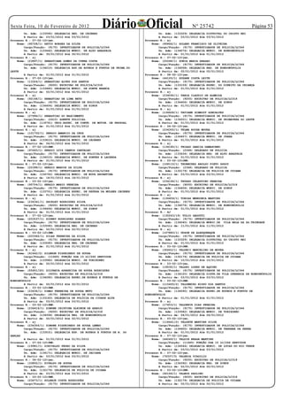 Sexta Feira, 10 de Fevereiro de 2012
        Un. Adm: (133590) DELEGACIA REG. DE CÁCERES
                                                     Diário Oficial                                 Nº 25742
                                                                                 Un. Adm: (133329) DELEGACIA DISTRITAL DO CRISTO REI
                                                                                                                                       Página 53
        A Partir de: 03/01/2012 Até 03/01/2012                                   A Partir de: 03/01/2012 Até 03/01/2012
Processo N.: 07-02-12jmn.                                               Processo N.: aj
    Nome: (95728/1) SAVIO BORGES DA SILVA                                    Nome: (95866/1) SOLANO FRANCISCO DE OLIVEIRA
        Cargo/Função: (9175) INVESTIGADOR DE POLICIA/LC344                       Cargo/Função: (9175) INVESTIGADOR DE POLICIA/LC344
        Un. Adm: (133442) DELEGACIA MUNIC. DE ALTO ARAGUAIA                      Un. Adm: (134074) DELEGACIA MUNIC. DE RONDONÓPOLIS
        A Partir de: 30/01/2012 Até 30/01/2012                                   A Partir de: 01/01/2012 Até 01/01/2012
Processo N.: aj                                                          Processo N.: 07-02-12jmn.
    Nome: (23897/1) SEBASTIANA GOMES DA CUNHA COSTA                          Nome: (25248/1) SONIA MARIA ARAGAO
        Cargo/Função: (9175) INVESTIGADOR DE POLICIA/LC344                       Cargo/Função: (9175) INVESTIGADOR DE POLICIA/LC344
        Un. Adm: (134210) DELEGACIA ESP.DE ROUBOS E FURTOS DE PRIMA.DO           Un. Adm: (134058) DELEGACIA REG. DE RONDONÓPOLIS
LESTE                                                                            A Partir de: 02/01/2012 Até 02/01/2012
        A Partir de: 01/01/2012 Até 01/01/2012                           Processo N.: 08-02-12jmn.
Processo N.: 07-02-12jmn.                                                   Nome: (44125/1) SUZANE COSTA LEITE
    Nome: (13324/1) SEBASTIAO ALVES DOS SANTOS                                   Cargo/Função: (9175) INVESTIGADOR DE POLICIA/LC344
        Cargo/Função: (9200) ESCRIVAO DE POLICIA/LC318                           Un. Adm: (133159) DELEGACIA ESPEC. DO DIREITO DA CRIANÇA
        Un. Adm: (133485) DELEGACIA MUNIC. DE PONTE BRANCA                       A Partir de: 01/01/2012 Até 01/01/2012
        A Partir de: 02/01/2012 Até 02/01/2012                           Processo N.: aj
Processo N.: aj                                                              Nome: (234092/1) TANIA CLAUDIO DE ALMEIDA
    Nome: (92148/1) SEBASTIAO DE LIMA NETO                                       Cargo/Função: (9200) ESCRIVAO DE POLICIA/LC318
        Cargo/Função: (9175) INVESTIGADOR DE POLICIA/LC344                       Un. Adm: (134406) DELEGACIA MUNIC. DE SINOP
        Un. Adm: (134406) DELEGACIA MUNIC. DE SINOP                              A Partir de: 01/01/2012 Até 01/01/2012
        A Partir de: 01/01/2012 Até 01/01/2012                           Processo N.: aj
Processo N.: aj                                                              Nome: (136628/1) TATIANE SCHMIDT GONCALVES
    Nome: (27996/1) SEBASTIAO DO NASCIMENTO                                      Cargo/Função: (9175) INVESTIGADOR DE POLICIA/LC344
        Cargo/Função: (2410) AGENTE POLICIAL                                     Un. Adm: (134201) DELEGACIA MUNIC. DE PRIMAVERA DO LESTE
        Un. Adm: (118761) UNID.ESPEC. DE CONTR. DE MOVIM. DE PESSOAL             A Partir de: 01/01/2012 Até 01/01/2012
        A Partir de: 01/01/2012 Até 01/01/2012                           Processo N.: 06-02-12jmn.
Processo N.: aj                                                              Nome: (234300/1) TELMA ROCHA MOURA
    Nome: (101702/1) SERGIO AMANCIO DA CRUZ                                      Cargo/Função: (9175) INVESTIGADOR DE POLICIA/LC344
        Cargo/Função: (9175) INVESTIGADOR DE POLICIA/LC344                       Un. Adm: (134457) DELEGACIA MUNIC. DE JUARA
        Un. Adm: (133612) DELEGACIA MUNIC. DE CÁCERES                            A Partir de: 01/01/2012 Até 01/01/2012
        A Partir de: 04/01/2012 Até 04/01/2012                           Processo N.: aj
Processo N.: 07-02-12JMN.                                                   Nome: (136185/1) THIAGO GARCIA DAMASCENO
    Nome: (97493/1) SERGIO LUIZ CAMPOS CARVALHO                                  Cargo/Função: (2348) DELEGADO DE POLICIA
        Cargo/Função: (9175) INVESTIGADOR DE POLICIA/LC344                       Un. Adm: (133434) DELEGACIA REG. DE ALTO ARAGUAIA
        Un. Adm: (134015) DELEGACIA MUNIC. DE PONTES E LACERDA                   A Partir de: 01/01/2012 Até 01/01/2012
        A Partir de: 01/01/2012 Até 01/01/2012                           Processo N.: 03-02-12JMN.
Processo N.: 07-02-12jmn.                                                   Nome: (108110/1) THORMIRES AROLDO PINTO GODOY
    Nome: (25398/1) SERGIO MARCOS DA SILVA                                       Cargo/Função: (2348) DELEGADO DE POLICIA
        Cargo/Função: (9175) INVESTIGADOR DE POLICIA/LC344                       Un. Adm: (132179) DELEGACIA DE POLICIA DE CUIABA
        Un. Adm: (154750) DELEGACIA MUNIC. DE NOVA XAVANTINA                     A Partir de: 03/01/2012 Até 03/01/2012
        A Partir de: 18/01/2012 Até 18/01/2012                           Processo N.: aj
Processo N.: 03-02-12jmn.                                                   Nome: (234166/1) THYAGO CELESTINO PEREIRA
    Nome: (95704/1) SERGIO MARIO PEREIRA                                         Cargo/Função: (9200) ESCRIVAO DE POLICIA/LC318
        Cargo/Função: (9175) INVESTIGADOR DE POLICIA/LC344                       Un. Adm: (134406) DELEGACIA MUNIC. DE SINOP
        Un. Adm: (133701) DELEGACIA ESPEC. DE DEFESA DA MULHER CÁCERES           A Partir de: 01/01/2012 Até 01/01/2012
        A Partir de: 01/01/2012 Até 01/01/2012                           Processo N.: aj
Processo N.: aj                                                              Nome: (136459/1) TOBIAS MENDONCA MARTINS
    Nome: (234341/1) SHIRLEY RODRIGUES SILVA                                     Cargo/Função: (9175) INVESTIGADOR DE POLICIA/LC344
        Cargo/Função: (9200) ESCRIVAO DE POLICIA/LC318                           Un. Adm: (134074) DELEGACIA MUNIC. DE RONDONÓPOLIS
        Un. Adm: (134406) DELEGACIA MUNIC. DE SINOP                              A Partir de: 01/01/2012 Até 01/01/2012
        A Partir de: 01/01/2012 Até 01/01/2012                           Processo N.: AJ
Processo N.: 07-02-12jmn.                                                   Nome: (130243/19) TULIO GADOTTI
    Nome: (203537/1) SIDNEY RODRIGUES SOARES                                     Cargo/Função: (9175) INVESTIGADOR DE POLICIA/LC344
        Cargo/Função: (9175) INVESTIGADOR DE POLICIA/LC344                       Un. Adm: (134040) DELEGACIA MUNIC.DE VILA BELA DA SS.TRINDADE
        Un. Adm: (133590) DELEGACIA REG. DE CÁCERES                              A Partir de: 11/01/2012 Até 11/01/2012
        A Partir de: 02/01/2012 Até 02/01/2012                           Processo N.: aj
Processo N.: 03-02-12JMN.                                                   Nome: (107883/1) UDSON DE ALBUQUERQUE
    Nome: (203362/1) SILAS FERREIRA DA SILVA                                     Cargo/Função: (9175) INVESTIGADOR DE POLICIA/LC344
        Cargo/Função: (9175) INVESTIGADOR DE POLICIA/LC344                       Un. Adm: (133329) DELEGACIA DISTRITAL DO CRISTO REI
        Un. Adm: (133590) DELEGACIA REG. DE CÁCERES                              A Partir de: 01/01/2012 Até 01/01/2012
        A Partir de: 01/01/2012 Até 01/01/2012                           Processo N.: 03-02-12JMN.
Processo N.: aj                                                              Nome: (35643/1) VALDECI MARCELINO DE MOURA
    Nome: (61642/2) SILBRON FIGUEIREDO DE SOUSA                                  Cargo/Função: (9175) INVESTIGADOR DE POLICIA/LC344
        Cargo/Função: (11665) FUNÇÃO DGA 10 LC/266 SERVIDOR                      Un. Adm: (132179) DELEGACIA DE POLICIA DE CUIABA
        Un. Adm: (133582) DELEGACIA MUNIC. DE TORIXORÉO                          A Partir de: 10/01/2012 Até 10/01/2012
        A Partir de: 02/01/2012 Até 02/01/2012                           Processo N.: 03-02-12jmn.
Processo N.: aj                                                              Nome: (19535/1) VALDEI LOPES DE AQUINO
    Nome: (55651/20) SILVANIA APARECIDA DE SOUZA RODRIGUES                       Cargo/Função: (9175) INVESTIGADOR DE POLICIA/LC344
        Cargo/Função: (9200) ESCRIVAO DE POLICIA/LC318                           Un. Adm: (134120) DELEGACIA DISTR.DE VILA OPERÁRIA DE RONDONÓPOLIS
        Un. Adm: (134090) DELEGACIA ESPEC.DE ROUBOS E FURTOS DE                  A Partir de: 03/01/2012 Até 03/01/2012
RONDONÓPOLIS                                                             Processo N.: 03-02-12JMN.
        A Partir de: 02/01/2012 Até 02/01/2012                               Nome: (115493/2) VALDEMIRO BISPO DOS SANTOS
Processo N.: 03-02-12JMN.                                                       Cargo/Função: (9175) INVESTIGADOR DE POLICIA/LC344
    Nome: (23436/1) SIMAO FERREIRA DE SOUZA NETO                                 Un. Adm: (134090) DELEGACIA ESPEC.DE ROUBOS E FURTOS DE
        Cargo/Função: (9175) INVESTIGADOR DE POLICIA/LC344               RONDONÓPOLIS
        Un. Adm: (133183) DELEGACIA DE POLÍCIA DA CIDADE ALTA                    A Partir de: 01/01/2012 Até 01/01/2012
        A Partir de: 03/01/2012 Até 03/01/2012                           Processo N.: aj
Processo N.: 03-02-12JMN.                                                   Nome: (17453/1) VALDENIR DIAS PEREIRA
    Nome: (234416/1) SIMONE CRISTINA ALKIMIM DE ARAUJO                           Cargo/Função: (9175) INVESTIGADOR DE POLICIA/LC344
        Cargo/Função: (9200) ESCRIVAO DE POLICIA/LC318                           Un. Adm: (133582) DELEGACIA MUNIC. DE TORIXORÉO
        Un. Adm: (134058) DELEGACIA REG. DE RONDONÓPOLIS                         A Partir de: 04/01/2012 Até 04/01/2012
        A Partir de: 02/01/2012 Até 02/01/2012                           Processo N.: 03-02-12jmn.
Processo N.: aj                                                              Nome: (118441/2) VALDETE MARTINS SILVA
    Nome: (234304/1) SIMONE FIGUEIREDO DE SOUSA LEMES                            Cargo/Função: (9175) INVESTIGADOR DE POLICIA/LC344
        Cargo/Função: (9175) INVESTIGADOR DE POLICIA/LC344                       Un. Adm: (134600) DELEGACIA MUNIC. DE TANGARÁ DA SERRA
        Un. Adm: (133531) DELEGACIA ESP. DE ROUBOS E FURTOS DE B. DO             A Partir de: 01/01/2012 Até 01/01/2012
GARÇAS                                                                   Processo N.: 07-02-12jmn.
        A Partir de: 01/01/2012 Até 01/01/2012                               Nome: (44049/1) VALDIR BRAGA MARTINS
Processo N.: 07-02-12JMN.                                                       Cargo/Função: (11665) FUNÇÃO DGA 10 LC/266 SERVIDOR
    Nome: (19981/1) SINIVALDO PEDRO DA SILVA                                     Un. Adm: (134546) DELEGACIA MUNIC. DE LUCAS DO RIO VERDE
        Cargo/Função: (9175) INVESTIGADOR DE POLICIA/LC344                       A Partir de: 03/01/2012 Até 03/01/2012
        Un. Adm: (134171) DELEGACIA MUNIC. DE JACIARA                    Processo N.: 07-02-12jmn.
        A Partir de: 03/01/2012 Até 03/01/2012                               Nome: (79337/3) VALERIA VIRGILIO
Processo N.: 06-02-12jmn.                                                       Cargo/Função: (9200) ESCRIVAO DE POLICIA/LC318
    Nome: (33802/1) SIVALDO DE SOUZA                                             Un. Adm: (134392) DELEGACIA REG. DE SINOP
        Cargo/Função: (9175) INVESTIGADOR DE POLICIA/LC344                       A Partir de: 02/01/2012 Até 02/01/2012
        Un. Adm: (132179) DELEGACIA DE POLICIA DE CUIABA                 Processo N.: 03-02-12JMN.
        A Partir de: 03/01/2012 Até 03/01/2012                               Nome: (92166/1) VALMIR PAULINO
Processo N.: 03-02-12JMN.                                                       Cargo/Função: (9200) ESCRIVAO DE POLICIA/LC318
    Nome: (23473/1) SOLANJE COSTA RODRIGUES                                      Un. Adm: (132179) DELEGACIA DE POLICIA DE CUIABA
        Cargo/Função: (9175) INVESTIGADOR DE POLICIA/LC344                       A Partir de: 02/01/2012 Até 02/01/2012
 
