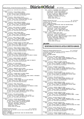 Sexta Feira, 10 de Fevereiro de 2012
        A Partir de: 12/01/2012 Até 12/01/2012
                                                     Diário Oficial                                   Nº 25742
                                                                               Nome: (94569/1) ALESSANDRA PAIVA PUERTA ALVES
                                                                                                                                         Página 57
Processo N.:                                                                       A Partir de: 26/12/2011 Até 24/01/2012	
    Nome: (107379/1) ODILZO BOTELHO JUNIOR                                         Cargo/Função: (11568) DGA-2 SERVIDOR
        Cargo/Função: (10979) PAPILOSCOPISTA                                       Substituído: (94975/1) RUBENS SADAO OKADA
        Un. Adm: (159093) COORD. DE PERICIAS EXTERNAS                              Un. Adm: (158879) DIR.-GERAL DA POLITEC
        A Partir de: 05/01/2012 Até 05/01/2012                                      PUBLICADA, REGISTRADA, CUMPRA-SE.
Processo N.:                                                                         Cuiabá-MT, 10 de Fevereiro de 2012.
    Nome: (230109/1) PABLO RODRIGO POLITA                                            Rubens Sadao Okada
        Cargo/Função: (10987) TECNICO DE NECROPSIA                                   Diretor Geral da POLITEC
        Un. Adm: (159573) GER. DE MEDICINA LEGAL DE SINOP
        A Partir de: 09/01/2012 Até 09/01/2012                             PORTARIA/POLITEC/00017/2012                            DE: 10/02/2012
Processo N.:                                                               O Diretor Geral da POLITEC no uso de suas atribuições que lhes são
    Nome: (48469/12) PAULO BORGES DE ALENCAR                               conferidas por lei,
        Cargo/Função: (10910) PERITO CRIMINAL OFICIAL                      Resolve: TORNAR SEM EFEITO
        Un. Adm: (159093) COORD. DE PERICIAS EXTERNAS                      Evento: DESIGNAÇÃO EM SUBSTITUIÇÃO CARGO EM COMISSÃO/FUNÇÃO
        A Partir de: 02/01/2012 Até 02/01/2012                             Processo N.: 746/2011
Processo N.:                                                                   Nome: (94569/1) ALESSANDRA PAIVA PUERTA ALVES
    Nome: (94629/1) PAULO EDUARDO DE SIQUEIRA                                      A Partir de: 07/12/2011 Até 05/01/2012	
        Cargo/Função: (11622) DGA-8 SERVIDOR                                       Cargo/Função: (11584) DGA-4 SERVIDOR
        Un. Adm: (159670) GER. REGIONAL DA POLITEC DE DIAMANTINO                   Substituído: (94975/1) RUBENS SADAO OKADA
        A Partir de: 03/01/2012 Até 03/01/2012                                     Un. Adm: (158887) DIR.-GERAL ADJ. DA POLITEC
Processo N.:                                                               Processo N.: 856354/11
    Nome: (107355/1) PAULO RICARDO PAELO                                       Nome: (94975/1) RUBENS SADAO OKADA
        Cargo/Função: (10979) PAPILOSCOPISTA                                       A Partir de: 07/12/2011 Até 05/01/2012	
        Un. Adm: (159093) COORD. DE PERICIAS EXTERNAS                              Cargo/Função: (11568) DGA-2 SERVIDOR
        A Partir de: 02/01/2012 Até 02/01/2012                                     Substituído: (94644/1) PATRICIA DE CASSIA VALERIO FACHONE
Processo N.:                                                                       Un. Adm: (158879) DIR.-GERAL DA POLITEC
    Nome: (81147/1) PEDRO CONRADO DA PENHA                                          PUBLICADA, REGISTRADA, CUMPRA-SE.
        Cargo/Função: (6050) AGENTE DESENV. ECON. SOCIAL                             Cuiabá-MT, 10 de Fevereiro de 2012.
        Un. Adm: (159093) COORD. DE PERICIAS EXTERNAS                                Rubens Sadao Okada
        A Partir de: 01/01/2012 Até 01/01/2012                                       Diretor Geral da POLITEC
Processo N.:
    Nome: (48761/2) PRUDENTE ALENCAR DE ARRUDA NETO
        Cargo/Função: (11665) FUNÇÃO DGA 10 LC/266 SERVIDOR                SEJUDH
        Un. Adm: (158879) DIR.-GERAL DA POLITEC
        A Partir de: 01/01/2012 Até 01/01/2012
Processo N.:                                                                  SECRETARIA DE ESTADO DE JUSTIÇA E DIREITOS HUMANOS
    Nome: (230223/1) RENATO BARBOSA GUANAES SIMOES
        Cargo/Função: (10910) PERITO CRIMINAL OFICIAL
        Un. Adm: (159018) DIR. METROPOLITANA DE CRIMINALISTICA
                                                                           BOLETIM DE PESSOAL/SEJUDH/00060/2012                  DE: 10/02/2012
        A Partir de: 01/01/2012 Até 01/01/2012
                                                                           O Secretário de Estado de Justiça e Direitos Humanos no uso de suas
Processo N.: sol
                                                                           atribuições que lhes são conferidas por lei,
    Nome: (68689/3) RICARDO SEVERINO DA SILVA
                                                                           Resolve: CONCEDER
        Cargo/Função: (10987) TECNICO DE NECROPSIA
                                                                           Evento: ADICIONAL NOTURNO
        Un. Adm: (159514) GER. DE MEDICINA LEGAL DE BARRA DO GARÇAS
                                                                           Processo N.:
        A Partir de: 01/01/2012 Até 01/01/2012
                                                                               Nome: (79470/2) ABEL FRAGA DE OLIVEIRA
Processo N.:
                                                                                   Cargo/Função: (10290) AGENTE SISTEMA PENITENC LC 423
    Nome: (75359/3) ROBERTO EMANUEL LIMA MENDES
                                                                                   Un. Adm: (172057) UNID.ESPEC.CONTROLE MOVIMENTACAO PESSOAL
        Cargo/Função: (11622) DGA-8 SERVIDOR
                                                                                   A Partir de: 03/01/2012 Até 03/01/2012
        Un. Adm: (159107) GER. DE PERICIAS EM CRIMES DE TRANSITO
                                                                           Processo N.:
        A Partir de: 03/01/2012 Até 03/01/2012
                                                                               Nome: (114771/1) ABRAAO DOS SANTOS CARVALHO
Processo N.:
                                                                                   Cargo/Função: (10290) AGENTE SISTEMA PENITENC LC 423
    Nome: (24650/1) RUI SILVA BASTOS
                                                                                   Un. Adm: (162272) SUPERINT. DE GESTAO DE PENITENCIARIAS
        Cargo/Função: (10979) PAPILOSCOPISTA
                                                                                   A Partir de: 23/01/2012 Até 23/01/2012
        Un. Adm: (159093) COORD. DE PERICIAS EXTERNAS
                                                                           Processo N.:
        A Partir de: 01/01/2012 Até 01/01/2012
                                                                               Nome: (85449/1) ADALBERTO SILVA DALTRO
Processo N.:
                                                                                   Cargo/Função: (10290) AGENTE SISTEMA PENITENC LC 423
    Nome: (108401/1) SEBASTIAO DIAS DE MOURA
                                                                                   Un. Adm: (162345) SUBDIR. DA PENITENCIARIA PASCOAL RAMOS
        Cargo/Função: (11665) FUNÇÃO DGA 10 LC/266 SERVIDOR
                                                                                   A Partir de: 04/01/2012 Até 04/01/2012
        Un. Adm: (158879) DIR.-GERAL DA POLITEC
                                                                           Processo N.:
        A Partir de: 05/01/2012 Até 05/01/2012
                                                                               Nome: (115300/1) ADAO ELIAS JUNIOR
Processo N.: sol
                                                                                   Cargo/Função: (10290) AGENTE SISTEMA PENITENC LC 423
    Nome: (107374/1) SILBENE MARIA DE ARRUDA FRANCA
                                                                                   Un. Adm: (162345) SUBDIR. DA PENITENCIARIA PASCOAL RAMOS
        Cargo/Função: (11622) DGA-8 SERVIDOR
                                                                                   A Partir de: 03/01/2012 Até 03/01/2012
        Un. Adm: (159123) GER. DE PERICIAS EM CRIMES CONTRA O PATRIMONIO
                                                                           Processo N.:
        A Partir de: 01/01/2012 Até 01/01/2012
                                                                               Nome: (233324/1) ADEL LOPES DA SILVA
Processo N.:
                                                                                   Cargo/Função: (10290) AGENTE SISTEMA PENITENC LC 423
    Nome: (104964/2) SILVANA PACHECO
                                                                                   Un. Adm: (162566) DIR. DA PENITENCIARIA DE AGUA BOA
        Cargo/Função: (11665) FUNÇÃO DGA 10 LC/266 SERVIDOR
                                                                                   A Partir de: 04/01/2012 Até 04/01/2012
        Un. Adm: (158879) DIR.-GERAL DA POLITEC
                                                                           Processo N.:
        A Partir de: 02/01/2012 Até 02/01/2012
                                                                               Nome: (217557/2) ADEMIR PEREIRA DA MATA
Processo N.:
                                                                                   Cargo/Função: (10290) AGENTE SISTEMA PENITENC LC 423
    Nome: (139200/2) TADEU JUNIOR GROSS
                                                                                   Un. Adm: (162345) SUBDIR. DA PENITENCIARIA PASCOAL RAMOS
        Cargo/Função: (10910) PERITO CRIMINAL OFICIAL
                                                                                   A Partir de: 02/01/2012 Até 02/01/2012
        Un. Adm: (159646) GER. DE CRIMINALISTICA DE TANGARA DA SERRA
                                                                           Processo N.:
        A Partir de: 01/01/2012 Até 01/01/2012                                 Nome: (117514/1) ADEVAIR SIMEAO DE SOUZA
Processo N.:                                                                       Cargo/Função: (10290) AGENTE SISTEMA PENITENC LC 423
    Nome: (81375/1) VALDEMIR GOMES DE ANDRADE                                      Un. Adm: (162345) SUBDIR. DA PENITENCIARIA PASCOAL RAMOS
        Cargo/Função: (6076) AUXILIAR DESENV. ECON. SOCIAL                         A Partir de: 03/01/2012 Até 03/01/2012
        Un. Adm: (159557) COORD. REGIONAL DA POLITEC DE SINOP              Processo N.:
        A Partir de: 01/01/2012 Até 01/01/2012                                 Nome: (207993/2) ADILSON CORTEZ DA SILVA
Processo N.:                                                                       Cargo/Função: (10290) AGENTE SISTEMA PENITENC LC 423
    Nome: (81384/1) VIRO ALBINO STRIEDER                                           Un. Adm: (162337) DIR. DA PENITENCIARIA PASCOAL RAMOS - CUIABA
        Cargo/Função: (6050) AGENTE DESENV. ECON. SOCIAL                           A Partir de: 02/01/2012 Até 02/01/2012
        Un. Adm: (159557) COORD. REGIONAL DA POLITEC DE SINOP              Processo N.:
        A Partir de: 14/01/2012 Até 14/01/2012                                 Nome: (85444/1) ADILSON GONCALO DA COSTA
Processo N.:                                                                       Cargo/Função: (10290) AGENTE SISTEMA PENITENC LC 423
    Nome: (107365/1) ZUILTON BRAZ MARCELINO                                        Un. Adm: (162388) SUBDIR. DO CENTRO DE RESSOCIALIZAÇAO DE CUIABA
        Cargo/Função: (10910) PERITO CRIMINAL OFICIAL                              A Partir de: 04/01/2012 Até 04/01/2012
        Un. Adm: (159093) COORD. DE PERICIAS EXTERNAS                      Processo N.:
        A Partir de: 01/01/2012 Até 01/01/2012                                 Nome: (99354/3) ADMILSON SIQUEIRA ROSA
          PUBLICADA, REGISTRADA, CUMPRA-SE.                                        Cargo/Função: (10290) AGENTE SISTEMA PENITENC LC 423
          Cuiabá-MT, 10 de Fevereiro de 2012.                                      Un. Adm: (162388) SUBDIR. DO CENTRO DE RESSOCIALIZAÇAO DE CUIABA
          Rubens Sadao Okada                                                       A Partir de: 01/01/2012 Até 01/01/2012
          Diretor Geral da POLITEC                                         Processo N.:
                                                                               Nome: (78912/5) ADOLFO ANTONIO DAS CHAGAS
PORTARIA/POLITEC/00016/2012                         DE: 10/02/2012                 Cargo/Função: (11665) FUNÇÃO DGA 10 LC/266 SERVIDOR
O Diretor Geral da POLITEC no uso de suas atribuições que lhes são                 Un. Adm: (162345) SUBDIR. DA PENITENCIARIA PASCOAL RAMOS
conferidas por lei,                                                                A Partir de: 01/01/2012 Até 01/01/2012
Resolve: DESIGNAR                                                          Processo N.:
Evento: DESIGNAÇÃO EM SUBSTITUIÇÃO CARGO EM COMISSÃO/FUNÇÃO                    Nome: (115473/1) ADONIAS TRINDADE DE SOUZA
Processo N.: 56321/12                                                              Cargo/Função: (10290) AGENTE SISTEMA PENITENC LC 423
 