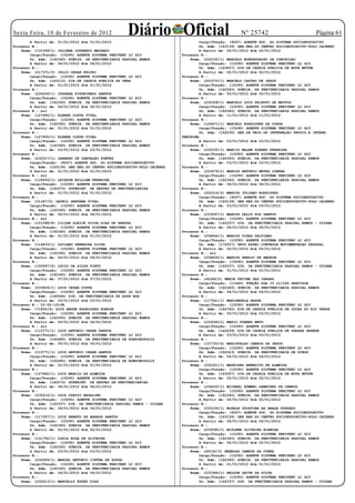 Sexta Feira, 10 de Fevereiro de 2012
        A Partir de: 01/01/2012 Até 01/01/2012
                                                     Diário Oficial                                   Nº 25742                           Página 61
                                                                                   Cargo/Função: (9247) AGENTE SOC. DO SISTEMA SOCIOEDUCATIVO
Processo N.:                                                                       Un. Adm: (163139) GER.REG.DO CENTRO SOCIOEDUCATIVO-POLO CACERES
    Nome: (131099/1) JULIANA LOURENCO MACHADO                                      A Partir de: 02/01/2012 Até 02/01/2012
        Cargo/Função: (10290) AGENTE SISTEMA PENITENC LC 423              Processo N.:
        Un. Adm: (162345) SUBDIR. DA PENITENCIARIA PASCOAL RAMOS              Nome: (232330/1) MARCELO BONDESPACHO DA CONCEIÇAO
        A Partir de: 04/01/2012 Até 04/01/2012                                     Cargo/Função: (10290) AGENTE SISTEMA PENITENC LC 423
Processo N.:                                                                       Un. Adm: (163007) DIR.DE CADEIA PUBLICA DE NOVA MUTUM
    Nome: (217371/2) JULIO CESAR PRIORI                                            A Partir de: 02/01/2012 Até 02/01/2012
        Cargo/Função: (10290) AGENTE SISTEMA PENITENC LC 423              Processo N.:
        Un. Adm: (163112) DIR.DE CADEIA PUBLICA DE VERA                       Nome: (201570/1) MARCELO CASTRO DE JESUS
        A Partir de: 01/01/2012 Até 01/01/2012                                     Cargo/Função: (10290) AGENTE SISTEMA PENITENC LC 423
Processo N.:                                                                       Un. Adm: (162345) SUBDIR. DA PENITENCIARIA PASCOAL RAMOS
    Nome: (234249/1) JUSSARA FIGUEIREDO SANTOS                                     A Partir de: 02/01/2012 Até 02/01/2012
        Cargo/Função: (10290) AGENTE SISTEMA PENITENC LC 423              Processo N.:
        Un. Adm: (162345) SUBDIR. DA PENITENCIARIA PASCOAL RAMOS              Nome: (233328/1) MARCELO LUIZ PEIXOTO DE MATTOS
        A Partir de: 04/01/2012 Até 04/01/2012                                     Cargo/Função: (10290) AGENTE SISTEMA PENITENC LC 423
Processo N.: sol                                                                   Un. Adm: (162345) SUBDIR. DA PENITENCIARIA PASCOAL RAMOS
    Nome: (127400/1) KLEBER COSTA VITAL                                            A Partir de: 11/01/2012 Até 11/01/2012
        Cargo/Função: (10290) AGENTE SISTEMA PENITENC LC 423              Processo N.:
        Un. Adm: (162345) SUBDIR. DA PENITENCIARIA PASCOAL RAMOS              Nome: (129471/1) MARCELO RODRIGUES DA COSTA
        A Partir de: 01/01/2012 Até 01/01/2012                                     Cargo/Função: (10290) AGENTE SISTEMA PENITENC LC 423
Processo N.:                                                                       Un. Adm: (162230) GER.DE UNID.DE INTERNAÇAO PROVIS.E INTERN.
    Nome: (127400/1) KLEBER COSTA VITAL                                   FEMININA
        Cargo/Função: (10290) AGENTE SISTEMA PENITENC LC 423                       A Partir de: 03/01/2012 Até 03/01/2012
        Un. Adm: (162345) SUBDIR. DA PENITENCIARIA PASCOAL RAMOS          Processo N.:
        A Partir de: 03/01/2012 Até 03/01/2012                                Nome: (232035/1) MARCIO MALAN SOARES FERREIRA
Processo N.:                                                                       Cargo/Função: (10290) AGENTE SISTEMA PENITENC LC 423
    Nome: (232317/1) LEANDRO DE CARVALHO PONTES                                    Un. Adm: (162345) SUBDIR. DA PENITENCIARIA PASCOAL RAMOS
        Cargo/Função: (9247) AGENTE SOC. DO SISTEMA SOCIOEDUCATIVO                 A Partir de: 03/01/2012 Até 03/01/2012
        Un. Adm: (163139) GER.REG.DO CENTRO SOCIOEDUCATIVO-POLO CACERES   Processo N.:
        A Partir de: 01/01/2012 Até 01/01/2012                                Nome: (233676/1) MARCOS ANTONIO NEVES CORREA
Processo N.: sol                                                                   Cargo/Função: (10290) AGENTE SISTEMA PENITENC LC 423
    Nome: (118493/1) LEIRSON WILLIAM FERREIRA                                      Un. Adm: (162345) SUBDIR. DA PENITENCIARIA PASCOAL RAMOS
        Cargo/Função: (10290) AGENTE SISTEMA PENITENC LC 423                       A Partir de: 04/01/2012 Até 04/01/2012
        Un. Adm: (162272) SUPERINT. DE GESTAO DE PENITENCIARIAS           Processo N.:
        A Partir de: 01/01/2012 Até 01/01/2012                                Nome: (204314/2) MARCOS JULIANO RODRIGUES
Processo N.:                                                                       Cargo/Função: (9247) AGENTE SOC. DO SISTEMA SOCIOEDUCATIVO
    Nome: (31347/2) LEONIL SANTANA VITAL                                           Un. Adm: (163139) GER.REG.DO CENTRO SOCIOEDUCATIVO-POLO CACERES
        Cargo/Função: (10290) AGENTE SISTEMA PENITENC LC 423                       A Partir de: 03/01/2012 Até 03/01/2012
        Un. Adm: (162345) SUBDIR. DA PENITENCIARIA PASCOAL RAMOS          Processo N.:
        A Partir de: 06/01/2012 Até 06/01/2012                                Nome: (233097/1) MARCOS LELIS DOS SANTOS
Processo N.: sol                                                                   Cargo/Função: (10290) AGENTE SISTEMA PENITENC LC 423
    Nome: (101288/8) LILIAN GLEICE SILVA DIAS DE ARRUDA                            Un. Adm: (162337) DIR. DA PENITENCIARIA PASCOAL RAMOS - CUIABA
        Cargo/Função: (10290) AGENTE SISTEMA PENITENC LC 423                       A Partir de: 06/01/2012 Até 06/01/2012
        Un. Adm: (162345) SUBDIR. DA PENITENCIARIA PASCOAL RAMOS          Processo N.:
        A Partir de: 01/01/2012 Até 01/01/2012                                Nome: (236844/1) MARCOS PIRES SALVIANO
Processo N.:                                                                       Cargo/Função: (10290) AGENTE SISTEMA PENITENC LC 423
    Nome: (114833/1) LUCIANO FERREIRA SILVA                                        Un. Adm: (172057) UNID.ESPEC.CONTROLE MOVIMENTACAO PESSOAL
        Cargo/Função: (10290) AGENTE SISTEMA PENITENC LC 423                       A Partir de: 02/01/2012 Até 02/01/2012
        Un. Adm: (162345) SUBDIR. DA PENITENCIARIA PASCOAL RAMOS          Processo N.: sol
        A Partir de: 04/01/2012 Até 04/01/2012                                Nome: (234829/1) MARCOS SERGIO DE AMORIM
Processo N.:                                                                       Cargo/Função: (10290) AGENTE SISTEMA PENITENC LC 423
    Nome: (100097/2) LUCIO DA SILVA PINTO                                          Un. Adm: (162337) DIR. DA PENITENCIARIA PASCOAL RAMOS - CUIABA
        Cargo/Função: (10290) AGENTE SISTEMA PENITENC LC 423                       A Partir de: 01/01/2012 Até 01/01/2012
        Un. Adm: (162345) SUBDIR. DA PENITENCIARIA PASCOAL RAMOS          Processo N.:
        A Partir de: 07/01/2012 Até 07/01/2012                                Nome: (44366/2) MARIA FATIMA DAS CHAGAS
Processo N.:                                                                       Cargo/Função: (11665) FUNÇÃO DGA 10 LC/266 SERVIDOR
    Nome: (233826/1) LUIS CESAR COSTA                                              Un. Adm: (162345) SUBDIR. DA PENITENCIARIA PASCOAL RAMOS
        Cargo/Função: (10290) AGENTE SISTEMA PENITENC LC 423                       A Partir de: 04/01/2012 Até 04/01/2012
        Un. Adm: (162566) DIR. DA PENITENCIARIA DE AGUA BOA               Processo N.:
        A Partir de: 03/01/2012 Até 03/01/2012                                Nome: (117541/1) MARIANGELA HASSE
Processo N.: 03-02-12JN.                                                          Cargo/Função: (10290) AGENTE SISTEMA PENITENC LC 423
    Nome: (71850/6) LUIZ ANDRE RODRIGUES RONDON                                    Un. Adm: (162760) DIR.DE CADEIA PUBLICA DE LUCAS DO RIO VERDE
        Cargo/Função: (10290) AGENTE SISTEMA PENITENC LC 423                       A Partir de: 03/01/2012 Até 03/01/2012
        Un. Adm: (162345) SUBDIR. DA PENITENCIARIA PASCOAL RAMOS          Processo N.:
        A Partir de: 04/01/2012 Até 04/01/2012                                Nome: (233549/1) MARIO TORRES NETO
Processo N.: sol                                                                   Cargo/Função: (10290) AGENTE SISTEMA PENITENC LC 423
    Nome: (115771/1) LUIZ ANTONIO CESAR SANTOS                                     Un. Adm: (162639) DIR.DE CADEIA PUBLICA DE VARZEA GRANDE
        Cargo/Função: (10290) AGENTE SISTEMA PENITENC LC 423                       A Partir de: 03/01/2012 Até 03/01/2012
        Un. Adm: (162485) SUBDIR. DA PENITENCIARIA DE RONDONOPOLIS        Processo N.:
        A Partir de: 05/01/2012 Até 05/01/2012                                Nome: (127720/4) MARISVALDO CAMPOS DE JESUS
Processo N.:                                                                       Cargo/Função: (10290) AGENTE SISTEMA PENITENC LC 423
    Nome: (115771/1) LUIZ ANTONIO CESAR SANTOS                                     Un. Adm: (162523) SUBDIR. DA PENITENCIARIA DE SINOP
        Cargo/Função: (10290) AGENTE SISTEMA PENITENC LC 423                       A Partir de: 04/01/2012 Até 04/01/2012
        Un. Adm: (162485) SUBDIR. DA PENITENCIARIA DE RONDONOPOLIS        Processo N.:
        A Partir de: 01/01/2012 Até 01/01/2012                                Nome: (232321/1) MAURIDES BENEDITO DE ALMEIDA
Processo N.:                                                                       Cargo/Função: (10290) AGENTE SISTEMA PENITENC LC 423
    Nome: (127480/1) LUIZ MARCIO DE ALMEIDA                                        Un. Adm: (163007) DIR.DE CADEIA PUBLICA DE NOVA MUTUM
        Cargo/Função: (10290) AGENTE SISTEMA PENITENC LC 423                       A Partir de: 02/01/2012 Até 02/01/2012
        Un. Adm: (162272) SUPERINT. DE GESTAO DE PENITENCIARIAS           Processo N.:
        A Partir de: 06/01/2012 Até 06/01/2012                                Nome: (234250/1) MICHAEL HUMMEL DAMACENO DE CAMPOS
Processo N.:                                                                       Cargo/Função: (10290) AGENTE SISTEMA PENITENC LC 423
    Nome: (235215/1) LUIZ OTAVIO NATALINO                                          Un. Adm: (162345) SUBDIR. DA PENITENCIARIA PASCOAL RAMOS
        Cargo/Função: (10290) AGENTE SISTEMA PENITENC LC 423                       A Partir de: 02/01/2012 Até 02/01/2012
        Un. Adm: (162337) DIR. DA PENITENCIARIA PASCOAL RAMOS - CUIABA    Processo N.:
        A Partir de: 04/01/2012 Até 04/01/2012                                Nome: (233159/1) MIRELE CRISTINA DA GRAÇA FURTADO
Processo N.:                                                                       Cargo/Função: (9247) AGENTE SOC. DO SISTEMA SOCIOEDUCATIVO
    Nome: (117357/1) LUIZ RENATO DE BARROS SANTOS                                  Un. Adm: (163139) GER.REG.DO CENTRO SOCIOEDUCATIVO-POLO CACERES
        Cargo/Função: (10290) AGENTE SISTEMA PENITENC LC 423                       A Partir de: 04/01/2012 Até 04/01/2012
        Un. Adm: (162345) SUBDIR. DA PENITENCIARIA PASCOAL RAMOS          Processo N.:
        A Partir de: 02/01/2012 Até 02/01/2012                                Nome: (233095/1) MISLENE OLIVEIRA ALENCAR
Processo N.:                                                                       Cargo/Função: (10290) AGENTE SISTEMA PENITENC LC 423
    Nome: (131792/1) LUZIA ROSA DE OLIVEIRA                                        Un. Adm: (162345) SUBDIR. DA PENITENCIARIA PASCOAL RAMOS
        Cargo/Função: (10290) AGENTE SISTEMA PENITENC LC 423                       A Partir de: 02/01/2012 Até 02/01/2012
        Un. Adm: (162345) SUBDIR. DA PENITENCIARIA PASCOAL RAMOS          Processo N.:
        A Partir de: 03/01/2012 Até 03/01/2012                                Nome: (49192/3) NEEMIAS CAMPOS DA CUNHA
Processo N.:                                                                       Cargo/Função: (10290) AGENTE SISTEMA PENITENC LC 423
    Nome: (232009/1) MARCEL ANTONIO CINTRA DE SOUZA                                Un. Adm: (162345) SUBDIR. DA PENITENCIARIA PASCOAL RAMOS
        Cargo/Função: (10290) AGENTE SISTEMA PENITENC LC 423                       A Partir de: 01/01/2012 Até 01/01/2012
        Un. Adm: (162345) SUBDIR. DA PENITENCIARIA PASCOAL RAMOS          Processo N.:
        A Partir de: 04/01/2012 Até 04/01/2012                                Nome: (233384/1) NELSON LEITE DA SILVA
Processo N.:                                                                       Cargo/Função: (10290) AGENTE SISTEMA PENITENC LC 423
    Nome: (232413/1) MARCELLY EGUES DIAS                                           Un. Adm: (162337) DIR. DA PENITENCIARIA PASCOAL RAMOS - CUIABA
 