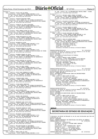 Sexta Feira, 10 de Fevereiro de 2012
Processo N.:
                                                     Diário Oficial                                   Nº 25742                           Página 63
                                                                                   Un. Adm: (162337) DIR. DA PENITENCIARIA PASCOAL RAMOS - CUIABA
    Nome: (234038/1) SILVIO DIAS DE MOURA                                          A Partir de: 01/01/2012 Até 01/01/2012
        Cargo/Função: (10290) AGENTE SISTEMA PENITENC LC 423               Processo N.:
        Un. Adm: (162345) SUBDIR. DA PENITENCIARIA PASCOAL RAMOS               Nome: (131772/1) WEVIANE ISABEL CORREA DE MIRANDA
        A Partir de: 04/01/2012 Até 04/01/2012                                     Cargo/Função: (10290) AGENTE SISTEMA PENITENC LC 423
Processo N.:                                                                       Un. Adm: (162345) SUBDIR. DA PENITENCIARIA PASCOAL RAMOS
    Nome: (233102/1) SIRLEIDE RODRIGUES GOMES                                      A Partir de: 04/01/2012 Até 04/01/2012
        Cargo/Função: (9247) AGENTE SOC. DO SISTEMA SOCIOEDUCATIVO         Processo N.:
        Un. Adm: (163139) GER.REG.DO CENTRO SOCIOEDUCATIVO-POLO CACERES        Nome: (232414/1) WILLIAM DE OLIVEIRA CASTRO
        A Partir de: 03/01/2012 Até 03/01/2012                                     Cargo/Função: (9247) AGENTE SOC. DO SISTEMA SOCIOEDUCATIVO
Processo N.:                                                                       Un. Adm: (163139) GER.REG.DO CENTRO SOCIOEDUCATIVO-POLO CACERES
    Nome: (232197/1) SIVANILDO DE SOUZA CAVALCANTE                                 A Partir de: 01/01/2012 Até 01/01/2012
        Cargo/Função: (10290) AGENTE SISTEMA PENITENC LC 423               Processo N.:
        Un. Adm: (162345) SUBDIR. DA PENITENCIARIA PASCOAL RAMOS               Nome: (117510/1) WILLIAN TAQUES DE CASTRO
        A Partir de: 03/01/2012 Até 03/01/2012                                     Cargo/Função: (10290) AGENTE SISTEMA PENITENC LC 423
Processo N.:                                                                       Un. Adm: (162345) SUBDIR. DA PENITENCIARIA PASCOAL RAMOS
    Nome: (131793/1) SUELY SAMPAIO ROCHA DA SILVA                                  A Partir de: 02/01/2012 Até 02/01/2012
        Cargo/Função: (10290) AGENTE SISTEMA PENITENC LC 423               Processo N.: sol
        Un. Adm: (162345) SUBDIR. DA PENITENCIARIA PASCOAL RAMOS               Nome: (127081/4) WILSON RODRIGUES DOS SANTOS
        A Partir de: 08/01/2012 Até 08/01/2012                                     Cargo/Função: (10290) AGENTE SISTEMA PENITENC LC 423
Processo N.:                                                                       Un. Adm: (163112) DIR.DE CADEIA PUBLICA DE VERA
    Nome: (129093/2) SUZANA ESCOLASTICA DE LARA                                    A Partir de: 01/01/2012 Até 01/01/2012
        Cargo/Função: (10290) AGENTE SISTEMA PENITENC LC 423               Processo N.:
        Un. Adm: (162345) SUBDIR. DA PENITENCIARIA PASCOAL RAMOS               Nome: (233090/1) ZOEL DE OLIVEIRA RAMOS
        A Partir de: 01/01/2012 Até 01/01/2012                                     Cargo/Função: (9247) AGENTE SOC. DO SISTEMA SOCIOEDUCATIVO
Processo N.:                                                                       Un. Adm: (163139) GER.REG.DO CENTRO SOCIOEDUCATIVO-POLO CACERES
    Nome: (221795/2) VALDEMIR DA SILVA                                             A Partir de: 02/01/2012 Até 02/01/2012
        Cargo/Função: (10290) AGENTE SISTEMA PENITENC LC 423                         PUBLICADA, REGISTRADA, CUMPRA-SE.
        Un. Adm: (163112) DIR.DE CADEIA PUBLICA DE VERA                              Cuiabá-MT, 10 de Fevereiro de 2012.
        A Partir de: 02/01/2012 Até 02/01/2012                                       Paulo Inacio Dias Lessa
Processo N.:                                                                         Secretário de Estado de Justiça e Direitos Humanos
    Nome: (232523/1) VALDESON BENEDITO DE SOUZA
        Cargo/Função: (10290) AGENTE SISTEMA PENITENC LC 423
                                                                           PORTARIA/SEJUDH/00030/2012                            DE: 10/02/2012
        Un. Adm: (162388) SUBDIR. DO CENTRO DE RESSOCIALIZAÇAO DE CUIABA
                                                                           O Secretário de Estado de Justiça e Direitos Humanos no uso de suas
        A Partir de: 01/01/2012 Até 01/01/2012
                                                                           atribuições que lhes são conferidas por lei,
Processo N.:
                                                                           Resolve: DESIGNAR
    Nome: (122214/1) VALTEMIR FONSECA DE PAIVA
                                                                           Evento: Designação de Função/Função de Confiança
        Cargo/Função: (10290) AGENTE SISTEMA PENITENC LC 423
        Un. Adm: (162485) SUBDIR. DA PENITENCIARIA DE RONDONOPOLIS         Processo N.: of027/12
        A Partir de: 02/01/2012 Até 02/01/2012                                 Nome: (127598/4) MARCELO LOPES FIGUEREDO
Processo N.:                                                                       Cargo/Função: (11665) FUNÇÃO DGA 10 LC/266 SERVIDOR
    Nome: (75958/2) VALTER TEIXEIRA DE OLIVEIRA                                    Un. Adm: (162515) DIR. DA PENITENCIARIA DE SINOP
        Cargo/Função: (10290) AGENTE SISTEMA PENITENC LC 423                       A Partir de: 01/02/2012 Até
        Un. Adm: (162345) SUBDIR. DA PENITENCIARIA PASCOAL RAMOS                     PUBLICADA, REGISTRADA, CUMPRA-SE.
        A Partir de: 12/01/2012 Até 12/01/2012                                       Cuiabá-MT, 10 de Fevereiro de 2012.
Processo N.:                                                                         Paulo Inacio Dias Lessa
    Nome: (233733/1) VANIL DE JESUS CORTEZ                                           Secretário de Estado de Justiça e Direitos Humanos
        Cargo/Função: (10290) AGENTE SISTEMA PENITENC LC 423
        Un. Adm: (162345) SUBDIR. DA PENITENCIARIA PASCOAL RAMOS           PORTARIA/SEJUDH/00029/2012                            DE: 10/02/2012
        A Partir de: 03/01/2012 Até 03/01/2012                             O Secretário de Estado de Justiça e Direitos Humanos no uso de suas
Processo N.:                                                               atribuições que lhes são conferidas por lei,
    Nome: (125071/1) VICTO TIAGO FERRERIA DE LANES                         Resolve: TORNAR SEM EFEITO
        Cargo/Função: (10290) AGENTE SISTEMA PENITENC LC 423               Evento: DESIGNAÇÃO EM SUBSTITUIÇÃO CARGO EM COMISSÃO/FUNÇÃO
        Un. Adm: (162272) SUPERINT. DE GESTAO DE PENITENCIARIAS            Processo N.: 6617/12
        A Partir de: 04/01/2012 Até 04/01/2012                                 Nome: (125077/1) MARIA LEITE DA SILVA
Processo N.:                                                                       A Partir de: 02/01/2012 Até 31/01/2012	
    Nome: (118691/1) VIDARLAN ABREU LOPES                                          Cargo/Função: (11614) DGA-7 SERVIDOR
        Cargo/Função: (10290) AGENTE SISTEMA PENITENC LC 423                       Substituído: (70437/16) MARIA GISELMA FERREIRA DA SILVA
        Un. Adm: (162485) SUBDIR. DA PENITENCIARIA DE RONDONOPOLIS                 Un. Adm: (162485) SUBDIR. DA PENITENCIARIA DE RONDONOPOLIS
        A Partir de: 04/01/2012 Até 04/01/2012                                      PUBLICADA, REGISTRADA, CUMPRA-SE.
Processo N.:                                                                         Cuiabá-MT, 10 de Fevereiro de 2012.
    Nome: (233280/1) VIVIAN MARIA BENEVIDES                                          Paulo Inacio Dias Lessa
        Cargo/Função: (9247) AGENTE SOC. DO SISTEMA SOCIOEDUCATIVO                   Secretário de Estado de Justiça e Direitos Humanos
        Un. Adm: (163139) GER.REG.DO CENTRO SOCIOEDUCATIVO-POLO CACERES
        A Partir de: 05/01/2012 Até 05/01/2012
                                                                           PORTARIA/SEJUDH/00028/2012                         DE: 10/02/2012
Processo N.:
                                                                           O Secretário de Estado de Justiça e Direitos Humanos no uso de suas
    Nome: (114859/1) WADIH BUTAKKA NETO
                                                                           atribuições que lhes são conferidas por lei,
        Cargo/Função: (10290) AGENTE SISTEMA PENITENC LC 423
                                                                           Resolve: DESIGNAR
        Un. Adm: (162345) SUBDIR. DA PENITENCIARIA PASCOAL RAMOS
                                                                           Evento: DESIGNAÇÃO EM SUBSTITUIÇÃO CARGO EM COMISSÃO/FUNÇÃO
        A Partir de: 01/01/2012 Até 01/01/2012
                                                                           Processo N.: 2012
Processo N.:
                                                                               Nome: (125077/1) MARIA LEITE DA SILVA
    Nome: (127583/1) WALMOR LIMA TEIXEIRA
                                                                                   A Partir de: 18/12/2011 Até 16/01/2012	
        Cargo/Função: (10290) AGENTE SISTEMA PENITENC LC 423
                                                                                   Cargo/Função: (11614) DGA-7 SERVIDOR
        Un. Adm: (162175) SUPERINT. DO SISTEMA SOCIOEDUCATIVO
                                                                                   Substituído: (70437/16) MARIA GISELMA FERREIRA DA SILVA
        A Partir de: 01/01/2012 Até 01/01/2012
                                                                                   Un. Adm: (162485) SUBDIR. DA PENITENCIARIA DE RONDONOPOLIS
Processo N.:
                                                                                    PUBLICADA, REGISTRADA, CUMPRA-SE.
    Nome: (232329/1) WANDERSON ALEX SILVA COSTA
                                                                                     Cuiabá-MT, 10 de Fevereiro de 2012.
        Cargo/Função: (9247) AGENTE SOC. DO SISTEMA SOCIOEDUCATIVO
                                                                                     Paulo Inacio Dias Lessa
        Un. Adm: (163139) GER.REG.DO CENTRO SOCIOEDUCATIVO-POLO CACERES
                                                                                     Secretário de Estado de Justiça e Direitos Humanos
        A Partir de: 01/01/2012 Até 01/01/2012
Processo N.:
    Nome: (232862/1) WELINGTON APARECIDO AIRES                             SEDUC
        Cargo/Função: (9247) AGENTE SOC. DO SISTEMA SOCIOEDUCATIVO
        Un. Adm: (163139) GER.REG.DO CENTRO SOCIOEDUCATIVO-POLO CACERES
        A Partir de: 02/01/2012 Até 02/01/2012                                SECRETARIA DE ESTADO DE EDUCAÇÃO
Processo N.:
    Nome: (233715/1) WELINGTON OLIVEIRA MENDES
        Cargo/Função: (10290) AGENTE SISTEMA PENITENC LC 423
        Un. Adm: (162566) DIR. DA PENITENCIARIA DE AGUA BOA                O Secretário de Estado de Educação no uso de suas atribuições que lhes são
        A Partir de: 02/01/2012 Até 02/01/2012                             conferidas por lei,
Processo N.:                                                               Resolve: AUTORIZAR
    Nome: (202018/3) WELINGTON PEREIRA DE SOUZA                            Objeto: CONTRATO TEMPORARIO EM SUBSTITUIÇÃO POR MOTIVO DE URGÊNCIA
        Cargo/Função: (9247) AGENTE SOC. DO SISTEMA SOCIOEDUCATIVO         CONTRATO/SEDUC/04723/2012                            DE: 10/02/2012
        Un. Adm: (163139) GER.REG.DO CENTRO SOCIOEDUCATIVO-POLO CACERES            Processo Nº: 1000001087459
        A Partir de: 01/01/2012 Até 01/01/2012                                     Contratado: (213133/17) LUCIANA VANNI CARVALHO
Processo N.:                                                                       CPF: 885.167.841-34
    Nome: (233851/1) WELLIANE MACAUBA DO NASCIMENTO                                Cargo/Função: (3506) PROFESSOR EDUC. BASICA
        Cargo/Função: (10290) AGENTE SISTEMA PENITENC LC 423                       Referência: B-001	    Carga Horária: 05H
        Un. Adm: (162345) SUBDIR. DA PENITENCIARIA PASCOAL RAMOS                   Un. Adm: (015334) E.E. IR. LUCINDA FACHINI
        A Partir de: 01/01/2012 Até 01/01/2012                                     Substituído: (29254/1) CLEIDE SOARES RIBEIRO
Processo N.: sol                                                                   A Partir de: 22/11/2011 Até 23/12/2011
    Nome: (233399/1) WENDY ALVES DA CRUZ                                   CONTRATO/SEDUC/04724/2012                            DE: 10/02/2012
        Cargo/Função: (10290) AGENTE SISTEMA PENITENC LC 423                       Processo Nº: 1000001085306
 