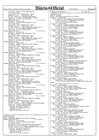 Sexta Feira, 10 de Fevereiro de 2012
        Contratado: (220889/14) LEILA MARA MARTINS
                                                      Diário Oficial         PORTARIA/SEDUC/00068/2012
                                                                                                             Nº 25742                      Página 64
                                                                                                                                  DE: 10/02/2012
        CPF: 032.063.636-40                                                  O Secretário de Estado de Educação no uso de suas atribuições que lhes são
        Cargo/Função: (3506) PROFESSOR EDUC. BASICA                          conferidas por lei,
        Referência: B-001	    Carga Horária: 06H                             Resolve: DESIGNAR
        Un. Adm: (142166) E.E. DOM FRANCO DALLA VALLE                        Evento: Designação de Função/Função de Confiança
        Substituído: (121756/7) LUCIANO APARECIDO DIMAZZI                    Processo N.: 1000001131615
        A Partir de: 01/12/2011 Até 23/12/2011                                   Nome: (33539/1) ALAIDE VANDERLEIA COELHO CONSTANTINO
CONTRATO/SEDUC/04725/2012                               DE: 10/02/2012               Cargo/Função: (9903) COORDENADOR PEDAGOGICO/FDE
        Processo Nº: 1000001111229                                                   Un. Adm: (015504) E.E.E MUNDO NOVO
        Contratado: (224494/8) KARINA MARTINS DA SILVA                               A Partir de: 24/01/2012 Até 21/12/2013
        CPF: 023.436.931-02                                                  Processo N.: 1000001130695
        Cargo/Função: (3506) PROFESSOR EDUC. BASICA                              Nome: (124622/6) ALESSANDRA TORREZAN SANCHES DANTAS
        Referência: B-001	    Carga Horária: 10H                                     Cargo/Função: (9903) COORDENADOR PEDAGOGICO/FDE
        Un. Adm: (038636) E.E. PROFª. MARIA ELZA FERREIRA INACIO                     Un. Adm: (016500) E.E. MARIO SPINELLI
        Substituído: (19777/1) CARMELITA MARIA DA SILVA                              A Partir de: 25/01/2012 Até 21/12/2013
        A Partir de: 24/11/2011 Até 09/12/2011                               Processo N.: 1000001131106
CONTRATO/SEDUC/04726/2012                               DE: 10/02/2012           Nome: (73552/28) ALEXANDRA DE SOUZA MAIA
        Processo Nº: 1000001111230                                                   Cargo/Função: (9903) COORDENADOR PEDAGOGICO/FDE
        Contratado: (228940/3) JANE RODRIGUES DA SILVA                               Un. Adm: (009393) E.E. JOAO BRIENE DE CAMARGO
        CPF: 022.312.271-85                                                          A Partir de: 25/01/2012 Até 23/12/2013
        Cargo/Função: (3506) PROFESSOR EDUC. BASICA                          Processo N.: 1000001131751
        Referência: B-001	    Carga Horária: 10H                                 Nome: (51680/10) AMARILDO BERTASSO
        Un. Adm: (038636) E.E. PROFª. MARIA ELZA FERREIRA INACIO                     Cargo/Função: (9903) COORDENADOR PEDAGOGICO/FDE
        Substituído: (19777/1) CARMELITA MARIA DA SILVA                              Un. Adm: (015687) E.E. OSCAR SOARES
        A Partir de: 24/11/2011 Até 09/12/2011                                       A Partir de: 25/01/2012 Até 21/12/2012
CONTRATO/SEDUC/04727/2012                               DE: 10/02/2012       Processo N.: 1000001131768
        Processo Nº: 1000001107470                                               Nome: (93273/23) ANA CRISTINA SARAIVA GENOVA
        Contratado: (229323/4) LARDIYJANIA DINIZ SIQUEIRA                            Cargo/Função: (9903) COORDENADOR PEDAGOGICO/FDE
        CPF: 697.902.134-68                                                          Un. Adm: (013374) E.E. MANOEL SOARES CAMPOS
        Cargo/Função: (3506) PROFESSOR EDUC. BASICA                                  A Partir de: 25/01/2012 Até 21/12/2013
        Referência: B-001	    Carga Horária: 20H                             Processo N.: 1000001131721
        Un. Adm: (076201) E.E. PROF. JOAO CRISOSTOMO DE FIGUEIREDO               Nome: (205181/9) ANA MARIA GRIGOLETTO
        Substituído: (70471/5) RAIMUNDO JOAO DA SILVA                                Cargo/Função: (9903) COORDENADOR PEDAGOGICO/FDE
        A Partir de: 01/12/2011 Até 23/12/2011                                       Un. Adm: (013374) E.E. MANOEL SOARES CAMPOS
CONTRATO/SEDUC/04728/2012                               DE: 10/02/2012               A Partir de: 25/01/2012 Até 21/12/2013
        Processo Nº: 1000001114441                                           Processo N.: 1000001131573
        Contratado: (230595/6) APARECIDA MARCELINO DE MIRANDA                    Nome: (93263/1) CLAUDIA BARROS DA COSTA
        CPF: 367.738.321-87                                                          Cargo/Função: (9903) COORDENADOR PEDAGOGICO/FDE
        Cargo/Função: (3506) PROFESSOR EDUC. BASICA                                  Un. Adm: (013803) E.E. APOLONIO BOURET DE MELO
        Referência: B-001	    Carga Horária: 14H                                     A Partir de: 25/01/2012 Até 21/12/2012
        Un. Adm: (009938) E.E. PROFª. PACIANA TORRES DE SANTANA              Processo N.: 1000001130631
        Substituído: (16230/1) MARIONEY PEDROSO DE ALMEIDA                       Nome: (39172/1) CRISTINA APARECIDA DE OLIVEIRA NEGRISOLLI
        A Partir de: 02/09/2011 Até 30/09/2011                                       Cargo/Função: (9903) COORDENADOR PEDAGOGICO/FDE
CONTRATO/SEDUC/04729/2012                               DE: 10/02/2012               Un. Adm: (069612) E.E. GARCIA EDMUNDO ZEFFERINO
        Processo Nº: 1000001114443                                                   A Partir de: 02/01/2012 Até 31/12/2013
        Contratado: (230595/7) APARECIDA MARCELINO DE MIRANDA                Processo N.: 1000001131716
        CPF: 367.738.321-87                                                      Nome: (84854/34) EUNICE MUNIZ MELO DA MATA
        Cargo/Função: (3506) PROFESSOR EDUC. BASICA                                  Cargo/Função: (9903) COORDENADOR PEDAGOGICO/FDE
        Referência: B-001	    Carga Horária: 14H                                     Un. Adm: (013803) E.E. APOLONIO BOURET DE MELO
        Un. Adm: (009938) E.E. PROFª. PACIANA TORRES DE SANTANA                      A Partir de: 25/01/2012 Até 21/12/2012
        Substituído: (16230/1) MARIONEY PEDROSO DE ALMEIDA                   Processo N.: 1000001131743
        A Partir de: 03/10/2011 Até 28/10/2011                                   Nome: (201857/19) FABIANA ELIAS DA SILVA
CONTRATO/SEDUC/04730/2012                              DE: 10/02/2012                Cargo/Função: (9903) COORDENADOR PEDAGOGICO/FDE
        Processo Nº: 1000001111205                                                   Un. Adm: (013773) E.E. 29 DE JUNHO
        Contratado: (231086/7) SUELY CARDOSO INACIO DE JESUS                         A Partir de: 25/01/2012 Até 21/12/2012
        CPF: 003.769.521-56                                                  Processo N.: 1000001131469
        Cargo/Função: (3506) PROFESSOR EDUC. BASICA                              Nome: (226873/1) FAGNER RONDON DE MATOS
        Referência: B-001	    Carga Horária: 04H                                     Cargo/Função: (3697) SECRETARIO DE ESCOLA/FDE
        Un. Adm: (145769) E.E. FRANCISCA BARROS DE CARVALHO                          Un. Adm: (154946) CENTRO DE EDUC.DE JOVEM E ADULTO-CEJA PAULO
        Substituído: (75095/2) VANUSA FERREIRA DA SILVA SOUZA                FREIRE
        A Partir de: 03/11/2011 Até 23/12/2011                                       A Partir de: 02/01/2012 Até 31/03/2012
CONTRATO/SEDUC/04731/2012                               DE: 10/02/2012       Processo N.: 1000001130801
        Processo Nº: 1000001115504                                               Nome: (33109/1) FRANCISCA FRANCIS PEREIRA
        Contratado: (237675/1) TALITA TEIXEIRA FEITOSA                               Cargo/Função: (3689) DIRETOR DE ESCOLA/FDE
        CPF: 034.061.541-90                                                          Un. Adm: (044261) E.E. MARIA DA GLORIA VARGAS UCHOA
        Cargo/Função: (3468) TEC ADM EDUC PROFISSIONALIZADO-30                       A Partir de: 03/01/2012 Até 31/12/2013
        Referência: A-001	    Carga Horária: 30H                             Processo N.: 1000001131801
        Un. Adm: (038709) E.E. JUSCELINO KUBISTCHEK                              Nome: (215938/3) GENICE WENTZ
        Substituído: (226813/1) JUCIELLE EVANGELISTA SILVA AGUIAR                    Cargo/Função: (9903) COORDENADOR PEDAGOGICO/FDE
        A Partir de: 27/11/2011 Até 05/02/2012                                       Un. Adm: (013374) E.E. MANOEL SOARES CAMPOS
CONTRATO/SEDUC/04732/2012                               DE: 10/02/2012               A Partir de: 25/01/2012 Até 21/12/2012
        Processo Nº: 1000001114765                                           Processo N.: 1000001131759
        Contratado: (56674/43) ROSIMEIRE APARECIDA DE ANDRADE                    Nome: (66799/40) JOACIR TEREZINHA DA SILVA
        CPF: 531.610.841-87                                                          Cargo/Função: (9903) COORDENADOR PEDAGOGICO/FDE
        Cargo/Função: (3506) PROFESSOR EDUC. BASICA                                  Un. Adm: (012157) E.E. DEP. EMANUEL PINHEIRO
        Referência: B-001	    Carga Horária: 04H                                     A Partir de: 25/01/2012 Até 21/12/2012
        Un. Adm: (011045) E.E. PROFª. ELIZABETH DE FREITAS MAGALHAES         Processo N.: 1000001130621
        Substituído: (87540/2) ADRIANA SOCORRO                                   Nome: (121990/7) JULIO CESAR ROSSETTO
        A Partir de: 01/11/2011 Até 23/12/2011                                       Cargo/Função: (10898) DIRETOR DE ESCOLA
          PUBLICADA, REGISTRADA, CUMPRA-SE.                                          Un. Adm: (013358) E.E. NOSSA SENHORA DO PERPETUO SOCORRO
          Cuiabá-MT, 10 de Fevereiro de 2012.                                        A Partir de: 03/01/2012 Até 31/12/2013
          Saguas Moraes Sousa                                                Processo N.: 1000001130778
          Secretário de Estado de Educação                                       Nome: (215113/1) KEDIMA REGINA PASQUALOTTO PAZINATO
                                                                                     Cargo/Função: (3697) SECRETARIO DE ESCOLA/FDE
                                                                                     Un. Adm: (127728) E.E. PROF. VALDOMIRO TEODORO CANDIDO
                                                                                     A Partir de: 01/01/2012 Até 30/03/2012
O Secretário de Estado de Educação no uso de suas atribuições que lhes são   Processo N.: 1000001131843
conferidas por lei,                                                              Nome: (112747/15) LILIAN NOGUEIRA DE OLIVEIRA
Resolve: RETIFICAR                                                                   Cargo/Função: (9903) COORDENADOR PEDAGOGICO/FDE
Objeto: CONTRATAÇÃO TEMPORARIA POR MOTIVO DE URGÊNCIA                                Un. Adm: (015610) E.E. LUDOVICO DA RIVA NETO
CONTRATO/SEDUC/04733/2012                          DE: 10/02/2012                    A Partir de: 25/01/2012 Até 21/12/2013
        Processo Nº: 1000001109484                                           Processo N.: 1000001131730
        Contratado: (213164/6) CIDNEIA BATISTA NUNES                             Nome: (216631/10) LILIANE LENZ DOS SANTOS
        CPF: 029.857.469-14                                                          Cargo/Função: (9903) COORDENADOR PEDAGOGICO/FDE
        Cargo/Função: (3506) CONTR.TEMP.FUNCAO PROF. HABILITADO                      Un. Adm: (015733) E.E. IARA MARIA MINOTTO GOMES
        Referência: B-001 Carga Horária: 29 horas semanais                           A Partir de: 25/01/2012 Até 21/12/2012
        Un. Adm: (156418) C.E.J.A. BENEDITO SANTANA DA SILVA FREIRE          Processo N.: 1000001131784
        A Partir de: 24/12/2011 Até 16/01/2012                                   Nome: (215381/2) LUCIA MARESTONE
          PUBLICADA, REGISTRADA, CUMPRA-SE.                                          Cargo/Função: (9903) COORDENADOR PEDAGOGICO/FDE
          Cuiabá-MT, 10 de Fevereiro de 2012.                                        Un. Adm: (015687) E.E. OSCAR SOARES
          Saguas Moraes Sousa                                                        A Partir de: 25/01/2012 Até 21/12/2012
          Secretário de Estado de Educação                                   Processo N.: 1000001131766
                                                                                 Nome: (120777/10) LUCIANA VIZONI SCAFURO
 