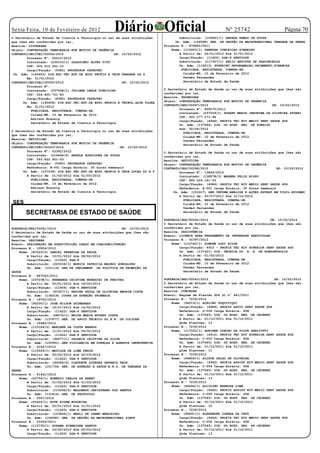 Sexta Feira, 10 de Fevereiro de 2012                 Diário Oficial
O Secretário de Estado de Ciencia e Tecnologia no uso de suas atribuições
                                                                                                             Nº 25742
                                                                                     Substituído: (106841/1) ANDREA RAMOS DE SOUZA
                                                                                                                                           Página 70
que lhes são conferidas por lei,                                                   Un. Adm: (154598) GER. DE GESTÃO DA MACRORREGIONAL TANGARÁ DA SERRA
Resolve: DISTRATAR                                                           Processo N.: 876842/2011
Objeto: CONTRATAÇÃO TEMPORARIA POR MOTIVO DE URGÊNCIA                            Nome: (115453/1) VANESSA CONCEICAO PINHEIRO
CONTRATO/SECITEC/00004/2012                           DE: 10/02/2012                 A Partir de: 02/01/2012 Até 31/01/2012	
        Processo Nº: 55510/2012                                                      Cargo/Função: (11622) DGA-8 SERVIDOR
        Contratado: (230103/1) GLASSINEI ALVES TITO                                  Substituído: (117327/1) AECIO BATISTA DE VASCONCELOS
        CPF: 500.515.551-15                                                          Un. Adm: (116513) SUPERINT.PROGRAMACAO,ORCAMENTO,FINANCAS
        Cargo/Função: (9385) PROFESSOR CEPROTEC                                       PUBLICADA, REGISTRADA, CUMPRA-SE.
 Un. Adm: (145653) DIR.ESC.TÉC.EST.DE EDUC.PROFIS.E TECN.TANGARÁ DA S                  Cuiabá-MT, 10 de Fevereiro de 2012.
        Em: 31/01/2012                                                                 Vander Fernandes
CONTRATO/SECITEC/00005/2012                               DE: 10/02/2012               Secretário de Estado de Saúde
        Processo Nº:
        Contratado: (237068/1) JULIANA CARLA VINDILINO                       O Secretário de Estado de Saúde no uso de suas atribuições que lhes são
        CPF: 004.800.721-83                                                  conferidas por lei,
        Cargo/Função: (9385) PROFESSOR CEPROTEC                              Resolve: PRORROGAR
      Un. Adm: (145408) DIR.ESC.TÉC.EST.DE EDUC.PROFIS.E TECNOL.ALTA FLORE   Objeto: CONTRATAÇÃO TEMPORARIA POR MOTIVO DE URGÊNCIA
        Em: 31/01/2012                                                       CONTRATO/SES/00297/2012                                 DE: 10/02/2012
                                                                                     Processo Nº: 828570/2011
          PUBLICADA, REGISTRADA, CUMPRA-SE.
                                                                                     Contratado: (237029/1) SUZANY MARIA JERONIMA DA SILVEIRA STUANI
          Cuiabá-MT, 10 de Fevereiro de 2012.
                                                                                     CPF: 000.277.571-96
          Adriano Breunig
                                                                                     Cargo/Função: (4946) PROFIS TEC NIV MEDIO SERV SAUDE SUS
          Secretário de Estado de Ciencia e Tecnologia
                                                                                     Un. Adm: (137464) DIR. DO HOSP. REG. DE SORRISO
                                                                                     Até: 30/04/2012
O Secretário de Estado de Ciencia e Tecnologia no uso de suas atribuições
                                                                                       PUBLICADA, REGISTRADA, CUMPRA-SE.
que lhes são conferidas por lei,
                                                                                       Cuiabá-MT, 10 de Fevereiro de 2012.
Resolve: RETIFICAR
                                                                                       Vander Fernandes
Objeto: CONTRATAÇÃO TEMPORARIA POR MOTIVO DE URGÊNCIA                                  Secretário de Estado de Saúde
CONTRATO/SECITEC/00003/2012                              DE: 10/02/2012
        Processo Nº: 53342/2012                                              O Secretário de Estado de Saúde no uso de suas atribuições que lhes são
        Contratado: (216944/5) ANGELA RODRIGUES DE SOUZA                     conferidas por lei,
        CPF: 593.822.601-53                                                  Resolve: RETIFICAR
        Cargo/Função: (9385) PROFESSOR CEPROTEC                              Objeto: CONTRATAÇÃO TEMPORARIA POR MOTIVO DE URGÊNCIA
        Referência: B-001 Carga Horária: 20 horas semanais                   CONTRATO/SES/00298/2012                                    DE: 10/02/2012
      Un. Adm: (157538) DIR.ESC.TÉC.EST.DE EDUC.PROFIS.E TECN.LUCAS DO R.V           Processo Nº: 13845/2012
        A Partir de: 01/02/2012 Até 01/05/2012                                       Contratado: (138578/3) WAGNER FELIX BISPO
          PUBLICADA, REGISTRADA, CUMPRA-SE.                                          CPF: 865.524.141-53
          Cuiabá-MT, 10 de Fevereiro de 2012.                                        Cargo/Função: (4946) PROFIS TEC NIV MEDIO SERV SAUDE SUS
          Adriano Breunig                                                            Referência: A-001 Carga Horária: 30 horas semanais
          Secretário de Estado de Ciencia e Tecnologia                            Un. Adm: (151017) GER.INFORM,ANÁLISE E AÇÕES ESTRAT.EM VIGIL.EPIDEMI
                                                                                     A Partir de: 02/07/2011 Até 31/12/2012
                                                                                       PUBLICADA, REGISTRADA, CUMPRA-SE.
SES                                                                                    Cuiabá-MT, 10 de Fevereiro de 2012.
                                                                                       Vander Fernandes
       SECRETARIA DE ESTADO DE SAÚDE                                                   Secretário de Estado de Saúde

                                                                             PORTARIA/SES/00042/2012                                 DE: 10/02/2012
                                                                             O Secretário de Estado de Saúde no uso de suas atribuições que lhes são
PORTARIA/SES/00041/2012                                  DE: 10/02/2012      conferidas por lei,
O Secretário de Estado de Saúde no uso de suas atribuições que lhes são      Resolve: DESISTÊNCIA
conferidas por lei,                                                          Evento: LICENCA PARA TRATAMENTO DE INTERESSE PARTICULAR
Resolve: DESIGNAR                                                            Processo N.: 50397/2012
Evento: DESIGNAÇÃO EM SUBSTITUIÇÃO CARGO EM COMISSÃO/FUNÇÃO                      Nome: (115742/1) SIMONE LODI SILVA
Processo N.: 10954/2012                                                              Cargo/Função: 4912 - PROFIS TEC NIV SUPERIOR SERV SAUDE SUS
    Nome: (87020/2) DANIEL FERREIRA DE PAULA                                         Un. Adm: (137421) DIR. TÉCNICA DO H. R. DE RONDONÓPOLIS
        A Partir de: 10/01/2012 Até 08/02/2012	                                      A Partir de: 01/02/2012
        Cargo/Função: (11525) DGA-8                                                    PUBLICADA, REGISTRADA, CUMPRA-SE.
        Substituído: (225536/1) MONICA PATRICIA MACEDO GONCALVES                       Cuiabá-MT, 10 de Fevereiro de 2012.
        Un. Adm: (151114) GER.DE IMPLEMENT. DA POLÍTICA DE PROMOÇÃO DA                 Vander Fernandes
SAÚDE                                                                                  Secretário de Estado de Saúde
Processo N.: 867063/2011
    Nome: (237238/1) FERNANDA CRISTINA MORESCHI DE FREITAS                   PORTARIA/SES/00043/2012                                  DE: 10/02/2012
        A Partir de: 02/01/2012 Até 18/05/2012	                              O Secretário de Estado de Saúde no uso de suas atribuições que lhes são
        Cargo/Função: (11606) DGA-6 SERVIDOR                                 conferidas por lei,
        Substituído: (93327/1) REGINA PAULA DE OLIVEIRA AMORIM COSTA         Resolve: CONCEDER
        Un. Adm: (136018) COORD.DE ATENÇÃO PRIMÁRIA                          Evento: Regime de Plantão SUS LC nº 441/2011
Processo N.: 19752/2012                                                      Processo N.: 7239/2012
    Nome: (95200/1) JOSE NILSON GUIMARAES                                        Nome: (94019/1) ACELINO POQUIVIQUI
        A Partir de: 16/01/2012 Até 14/02/2012	                                      Cargo/Função: (4989) PROFIS APOIO SERV SAUDE SUS
        Cargo/Função: (11622) DGA-8 SERVIDOR                                         Referência: D-004 Carga Horária: 40H
        Substituído: (58076/1) NEIDE MARIA NOVAES COSTA                              Un. Adm: (137545) DIR. DO HOSP. REG. DE CÁCERES
        Un. Adm: (137677) GER. DE APOIO TÉCNICO DO H.R. DE COLÍDER                   A Partir de: 01/12/2011 Até 31/12/2011
Processo N.: 16480/2012                                                              Qtde Plantoes: 13
    Nome: (110164/2) MARLENE DA COSTA BARROS                                 Processo N.: 7239/2012
        A Partir de: 11/01/2012 Até 09/02/2012	                                  Nome: (117022/1) ADRIANA COELHO DA SILVA GRACIOTTI
        Cargo/Função: (11622) DGA-8 SERVIDOR                                         Cargo/Função: (4912) PROFIS TEC NIV SUPERIOR SERV SAUDE SUS
        Substituído: (96677/1) VALERIA CRISTINA DA SILVA                             Referência: C-003 Carga Horária: 40H
        Un. Adm: (150991) GER.VIGILÂNCIA EM DOENÇAS E AGRAVOS IMUNOPREVIN.           Un. Adm: (137545) DIR. DO HOSP. REG. DE CÁCERES
Processo N.: 21407/2012                                                              A Partir de: 01/12/2011 Até 31/12/2011
    Nome: (115509/1) MATILDE DE LIMA PERIN                                           Qtde Plantoes: 11
        A Partir de: 02/02/2012 Até 02/03/2012	                              Processo N.: 7239/2012
        Cargo/Função: (11622) DGA-8 SERVIDOR                                     Nome: (94859/1) AILTON CELSO DE OLIVEIRA
        Substituído: (42084/2) CLAUDETE LOURDES SAVARIS TACH                         Cargo/Função: (4962) PROFIS ASSIST NIV MEDIO SERV SAUDE SUS
        Un. Adm: (151734) GER. DE ATENÇÃO À SAÚDE-E.R.S. DE TANGARÁ DA               Referência: C-004 Carga Horária: 40H
SERRA                                                                                Un. Adm: (137545) DIR. DO HOSP. REG. DE CÁCERES
Processo N.: 41461/2012                                                              A Partir de: 01/12/2011 Até 31/12/2011
    Nome: (63756/1) ROBERIO CARLOS DE ABREU                                          Qtde Plantoes: 13
        A Partir de: 01/02/2012 Até 01/03/2012	                              Processo N.: 7239/2012
        Cargo/Função: (11622) DGA-8 SERVIDOR                                     Nome: (94494/1) ALCIDINO BARBOSA LIMA
        Substituído: (115296/2) WALDEMIR CAPISTRANO DOS SANTOS                       Cargo/Função: (4962) PROFIS ASSIST NIV MEDIO SERV SAUDE SUS
        Un. Adm: (131814) GER. DE PROTOCOLO                                          Referência: C-004 Carga Horária: 40H
Processo N.: 2507/2012                                                               Un. Adm: (137545) DIR. DO HOSP. REG. DE CÁCERES
    Nome: (93422/1) RUTE EIDAM NOGUEIRA                                              A Partir de: 01/12/2011 Até 31/12/2011
        A Partir de: 02/01/2012 Até 31/01/2012	                                      Qtde Plantoes: 12
        Cargo/Função: (11622) DGA-8 SERVIDOR                                 Processo N.: 7239/2012
        Substituído: (123846/1) MARLI DE CARMO MARCHIORI                         Nome: (94491/1) ALEXANDRE CORREA DA CRUZ
        Un. Adm: (154580) GER. DE GESTÃO DA MACRORREGIONAL SINOP                     Cargo/Função: (4946) PROFIS TEC NIV MEDIO SERV SAUDE SUS
Processo N.: 23354/2011                                                              Referência: C-004 Carga Horária: 40H
    Nome: (115735/1) SUZANA SCHNEIDER SANTOS                                         Un. Adm: (137545) DIR. DO HOSP. REG. DE CÁCERES
        A Partir de: 23/02/2012 Até 22/03/2012	                                      A Partir de: 01/12/2011 Até 31/12/2011
        Cargo/Função: (11622) DGA-8 SERVIDOR                                         Qtde Plantoes: 13
 