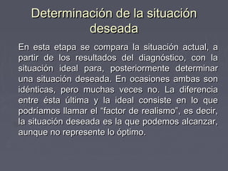 Determinación de la situación
            deseada
En esta etapa se compara la situación actual, a
partir de los resultados del diagnóstico, con la
situación ideal para, posteriormente determinar
una situación deseada. En ocasiones ambas son
idénticas, pero muchas veces no. La diferencia
entre ésta última y la ideal consiste en lo que
podríamos llamar el “factor de realismo”, es decir,
la situación deseada es la que podemos alcanzar,
aunque no represente lo óptimo.
 