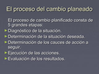 El proceso del cambio planeado
  El proceso de cambio planificado consta de
  5 grandes etapas:
► Diagnóstico de la situación.
► Determinación de la situación deseada.
► Determinación de los cauces de acción a
  seguir.
► Ejecución de las acciones.
► Evaluación de los resultados.
 