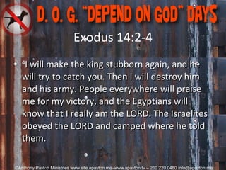 Exodus 14:2-4 4 I will make the king stubborn again, and he will try to catch you. Then I will destroy him and his army. People everywhere will praise me for my victory, and the Egyptians will know that I really am the LORD. The Israelites obeyed the LORD and camped where he told them. 
