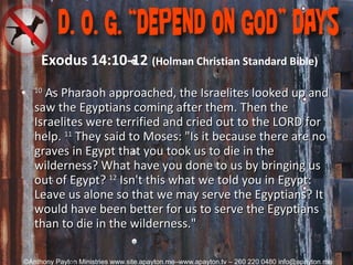   Exodus 14:10-12   (Holman Christian Standard Bible) 10  As Pharaoh approached, the Israelites looked up and saw the Egyptians coming after them. Then the Israelites were terrified and cried out to the LORD for help.  11  They said to Moses: "Is it because there are no graves in Egypt that you took us to die in the wilderness? What have you done to us by bringing us out of Egypt?  12  Isn't this what we told you in Egypt: Leave us alone so that we may serve the Egyptians? It would have been better for us to serve the Egyptians than to die in the wilderness."  