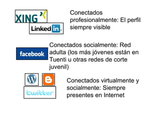 Conectados virtualmente y
socialmente: Siempre
presentes en Internet
Conectados socialmente: Red
adulta (los más jóvenes están en
Tuenti u otras redes de corte
juvenil)
Conectados
profesionalmente: El perfil
siempre visible
 