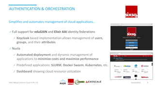 AUTHENTICATION & ORCHESTRATION
Full support for eduGAIN and Elixir AAI identity federations
Keycloak based implementation allows management of users,
groups, and their attributes
Nuvla
Automated deployment and dynamic management of
applications to minimize costs and maximize performance
Predefined applications: SLURM, Docker Swarm, Kubernetes, etc.
Dashboard showing cloud resource utilization
Helix Nebula Science Cloud D-PIL-3.4 Unclassified 9
Simplifies and automates management of cloud applications…
 