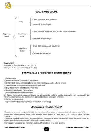 SEGURIDADE SOCIAL


                                          - Direito de todos e dever do Estado
                      Saúde
                                          - Independe de contribuição



                                          - Direito de todos, desde que tenha a condição de necessitado
Seguridade           Assistência
 Social                 Social
                                          - Independe de contribuição



                                          - Direito de todos (segurado facultativo)
                      Previdência
                        Social
                                          - Depende de contribuição




 Importante!!!
 Princípios da Assistência Social (Art. 203, CF)
 Princípios da Previdência Social (Art. 201, CF)


                           ORGANIZAÇÃO E PRINCÍPIOS CONSTITUCIONAIS

 1) Solidariedade
 2) Universalidade da cobertura e do atendimento
 3) Uniformidade e equivalência dos benefícios e serviços às populações urbanas e rurais
 4) Seletividade e distributividade dos benefícios e serviços
 5) Equidade na forma de participação no custeio
 6) Irredutibilidade do valor dos benefícios
 7) Diversidade da base de financiamento
 8) Caráter democrático e descentralização da administração mediante gestão quadripartite com participação do
 Governo, das empresas, dos trabalhadores e dos aposentados nos órgãos colegiados
 9) Tríplice forma de custeio
 10) Preexistência do custeio em relação ao benefício ou ao serviço


                                        LEGISLAÇÃO PREVIDENCIÁRIA

 Conceito: compreende o conjunto de leis e atos normativos referentes ao funcionamento de todo sistema securitário.
 Fontes: leis e jurisprudência, tendo como principais fontes formais a CF/88, Lei 8.212/91, Lei 8.213/91 e Decreto
 3.048/99.
 Autonomia: é pacífica na doutrina e na jurisprudência a autonomia do direito previdenciário frente aos demais ramos do
 direito, sendo o mesmo enquadrado como ramo do direito público.
 Interpretação: busca a correta mens legis, ou seja, a finalidade da lei ou o seu objetivo.

 Prof. Bernardo Machado                                                                       DIREITO PREVIDENCIÁRIO
                                                                52
 