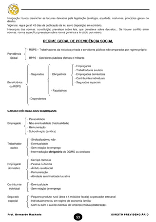Integração: busca preencher as lacunas deixadas pela legislação (analogia, equidade, costumes, princípios gerais do
direito).
Vigência: regra geral, 45 dias da publicação da lei, salvo disposição em contrário.
Hierarquia das normas: constituição prevalece sobre leis, que prevalece sobre decretos... Se houver conflito entre
normas: norma específica prevalece sobre norma genérica e in dúbio pro misero.


                               REGIME GERAL DE PREVIDÊNCIA SOCIAL

                 - RGPS – Trabalhadores da iniciativa privada e servidores públicos não amparados por regime próprio
Previdência
  Social         - RPPS – Servidores públicos efetivos e militares


                                                          - Empregados
                                                          - Trabalhadores avulsos
                   - Segurados       - Obrigatórios       - Empregados domésticos
                                                          - Contribuintes individuais
Beneficiários                                             - Segurados especiais
 do RGPS
                                        - Facultativos


                  - Dependentes



CARACTERÍSTICAS DOS SEGURADOS


                 - Pessoalidade
Empregado        - Não-eventualidade (habitualidade)
                 - Remuneração
                 - Subordinação (jurídica)


                   - Sindicalizado ou não
Trabalhador        - Eventualidade
  avulso           - Sem relação de emprego
                   - Intermediação obrigatório do OGMO ou sindicato


                   - Serviço contínuo
Empregado          - Pessoa ou família
doméstico          - Âmbito residencial
                   - Remuneração
                   - Atividade sem finalidade lucrativa


Contribuinte       - Eventualidade
 individual        - Sem relação de emprego


Segurado           - Pequeno produtor rural (área ≤ 4 módulos fiscais) ou pescador artesanal
especial           - Individualmente ou em regime de economia familiar
                   - Com ou sem o auxílio eventual de terceiros (mútua colaboração)


Prof. Bernardo Machado                                                                  DIREITO PREVIDENCIÁRIO
                                                            53
 