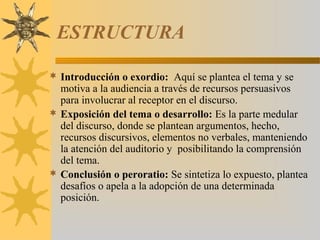 ESTRUCTURA

 Introducción o exordio: Aquí se plantea el tema y se
  motiva a la audiencia a través de recursos persuasivos
  para involucrar al receptor en el discurso.
 Exposición del tema o desarrollo: Es la parte medular
  del discurso, donde se plantean argumentos, hecho,
  recursos discursivos, elementos no verbales, manteniendo
  la atención del auditorio y posibilitando la comprensión
  del tema.
 Conclusión o peroratio: Se sintetiza lo expuesto, plantea
  desafíos o apela a la adopción de una determinada
  posición.
 