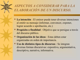 ASPECTOS A CONSIDERAR PARA LA
ELABORACIÓN DE UN DISCURSO.

 La intención : El emisor puede tener diversas intenciones
  al emitir su mensaje (informar, convencer, exponer,
  lograr acuerdo o aprobación, etc.)
 Propósito o finalidad : Objetivo que se persigue a través
  del discurso público.
 Organización de las ideas : Estas deben estar
  organizadas en orden de importancia.
 Uso de distintos tipos de discursos : Se integran
  diversas formas discursivas: expositiva, argumentativa,
  descriptiva, narrativa, informativa.
 