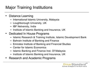 Major Training Institutions Distance Learning International Islamic University, Malaysia Loughborough University, UK IBF Netversity, India Institute of Islamic Banking and Insurance, UK Dedicated In House Programs Islamic Research & Training Institute, Islamic Development Bank Bahrain Institute of Banking and Finance  Emirates Institute of Banking and Financial Studies Center for Islamic Economics Islamic Banking and Finance Inst. Of Malaysia Institute of Islamic Banking and Insurance, UK Research and Academic Programs 