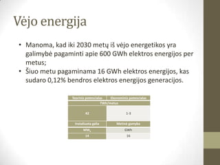 Vėjo energija
• Manoma, kad iki 2030 metų iš vėjo energetikos yra
  galimybė pagaminti apie 600 GWh elektros energijos per
  metus;
• Šiuo metu pagaminama 16 GWh elektros energijos, kas
  sudaro 0,12% bendros elektros energijos generacijos.

                 Teorinis potencialas    Ekonominis potencialas
                                    TWh/metus

                         42                       1-3

                  Instaliuota galia         Metinė gamyba
                       MWe                       GWh
                         14                       16
 