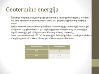 Geoterminė energija
• Šveicarija yra pasaulio lyderė pagal geoterminių jutiklių panaudojimą. Nė viena
  kita šalis neturi tokio didelio jutiklių skaičiaus, proporcingai šalies paviršiaus
  plotui;
• Karšto vandens žemiau žemės paviršiaus (vandeningųjų sluoksnių) šaltiniai gali
  būti pasiekti gręžimo būdu ir pažangiosių geoterminių sistemų technologijos
  pagalba energija gali būti gaunamas iš sausų uolienų sluoksnių;
• Esant temperatūrai virš 100 ° C, šie energijos šaltiniai gali būti naudojami elektros
  energijos gamybai, o likusi šiluma gali būti naudojama šildymui.


                        Instaliuota galia      Metinė gamyba

                             MWt                    TJ

                             1054                  5‘729
 