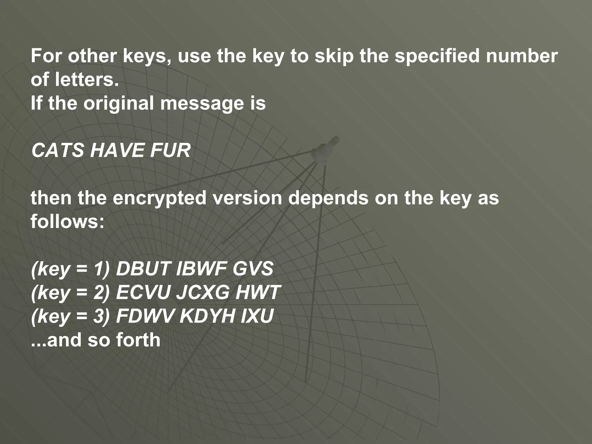 For other keys, use the key to skip the specified number of letters. If the original message is CATS HAVE FUR then the encrypted version depends on the key as follows: (key = 1) DBUT IBWF GVS (key = 2) ECVU JCXG HWT (key = 3) FDWV KDYH IXU ...and so forth 