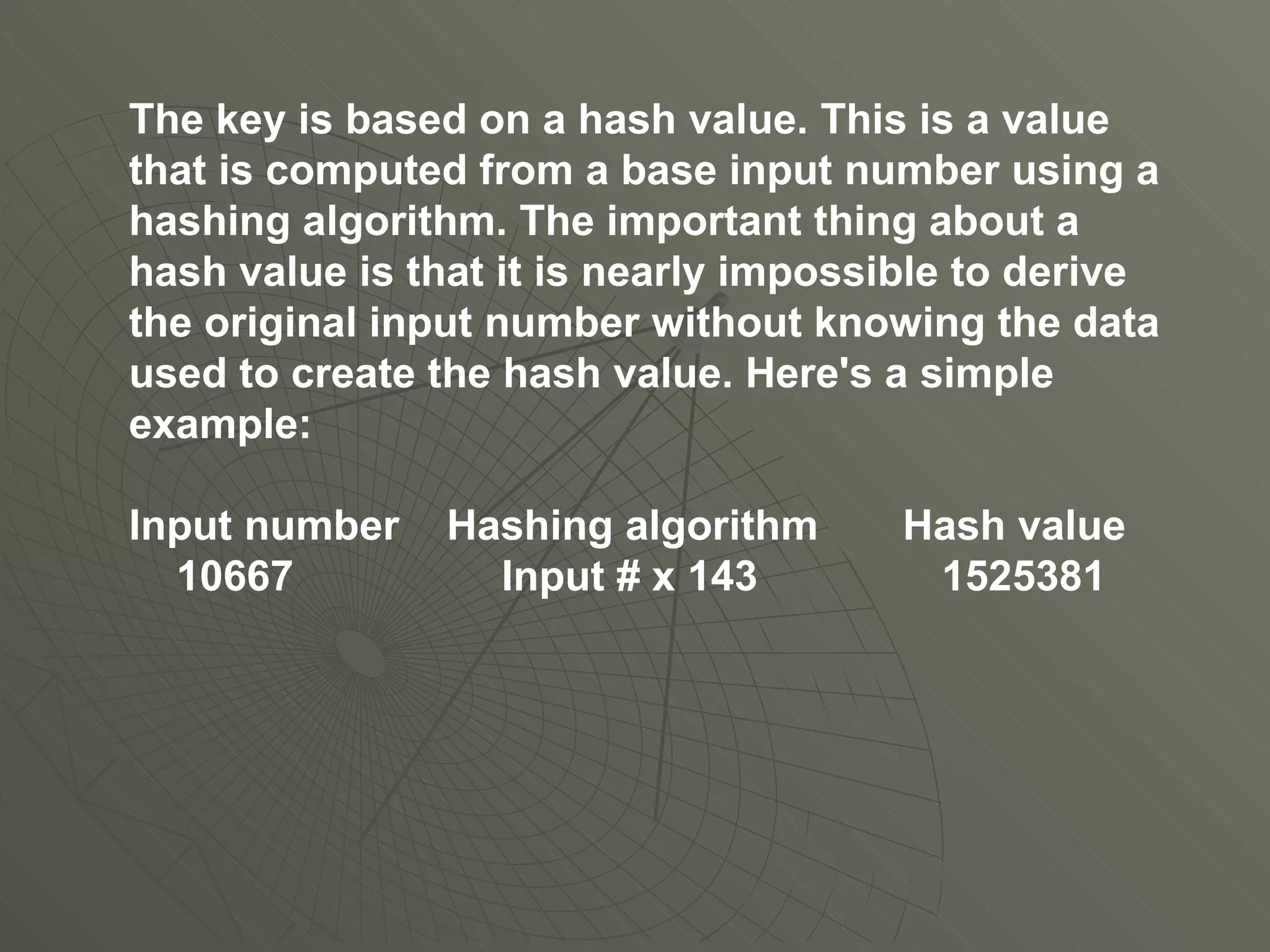 The key is based on a hash value. This is a value that is computed from a base input number using a hashing algorithm. The important thing about a hash value is that it is nearly impossible to derive the original input number without knowing the data used to create the hash value. Here's a simple example:  Input number   Hashing algorithm   Hash value 10667   Input # x 143   1525381 