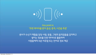 Key point 4.
‘주변 데이타를 받아 음성, 충격, 시간을 측정’
센서가 수신기 역할을 담당 사람, 동물, 그밖의 움직임들을 감지하고
쌓이는 정보를 인풋 데이타로 활용하여
사람들에게 쉬운 비쥬얼 또는 언어로 정보 제공

Wednesday, November 6, 13

 