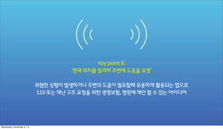 Key point 8.
‘현재 위치를 알리며 주변에 도움을 요청’
위험한 상황이 발생하거나 주변의 도움이 필요할때 유용하게 활용되는 앱으로
119 또는 재난 구조 요청을 위한 생명보험, 병원에 제안 할 수 있는 아이디어

Wednesday, November 6, 13

 