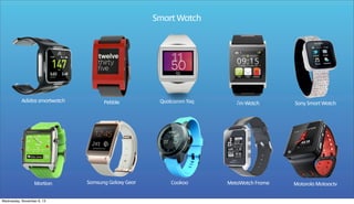Smart Watch

Adidas smartwatch

Pebble

Martian

Samsung Galaxy Gear

Wednesday, November 6, 13

Qualcomm Toq

Cookoo

i’m Watch

Sony Smart Watch

MetaWatch Frame

Motorola Motoactv

 