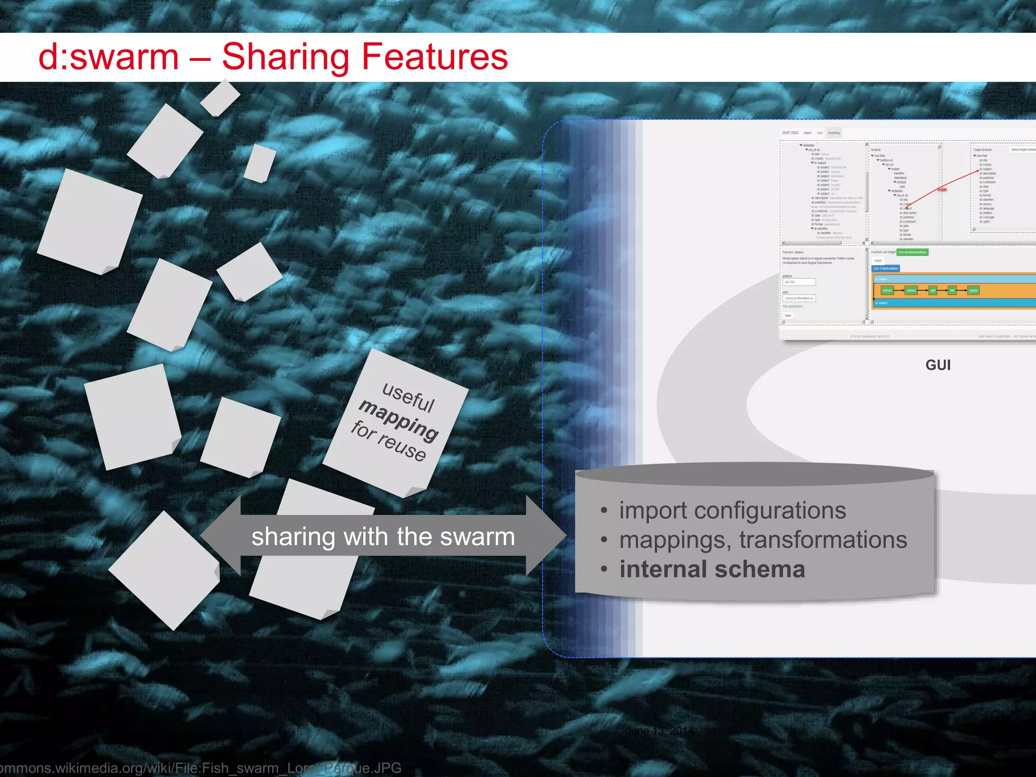 Sächsische Landesbibliothek – Staats- und Universitätsbibliothek Dresden slub-dresden.de
© Creative Commons Attribution 3.0
d:swarm – Sharing Features
June 13, 2014
GUI
• import configurations
• mappings, transformations
• internal schema
sharing with the swarm
ommons.wikimedia.org/wiki/File:Fish_swarm_Loro_Parque.JPG
 