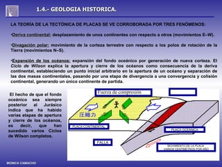 1.4.- GEOLOGIA HISTORICA.

 LA TEORÍA DE LA TECTÓNICA DE PLACAS SE VE CORROBORADA POR TRES FENÓMENOS:

 •Deriva continental: desplazamiento de unos continentes con respecto a otros (movimientos E–W).

 •Divagación polar: movimiento de la corteza terrestre con respecto a los polos de rotación de la
 Tierra (movimientos N–S).

 •Expansión de los océanos: expansión del fondo oceánico por generación de nueva corteza. El
 Ciclo de Wilson explica la apertura y cierre de los océanos como consecuencia de la deriva
 continental, estableciendo un punto inicial arbitrario en la apertura de un océano y separación de
 las dos masas continentales, pasando por una etapa de divergencia a una convergencia y colisión
 continental, generando un único continente de partida.


 El hecho de que el fondo
                                           Fuerza de compresión
oceánico sea siempre
posterior    al   Jurásico
indica que ha habido
varias etapas de apertura
y cierre de los océanos,
es    decir,    que   han     PLACA CONTINENTAL
sucedido varios Ciclos                                                       PLACA OCEÁNICA

de Wilson completos.
                                          FALLA
                                                                           MOVIMIENTO DE LA PLACA
                                                                         VARIOS CENTÍMETROS POR AÑO




MONICA CAMACHO
 