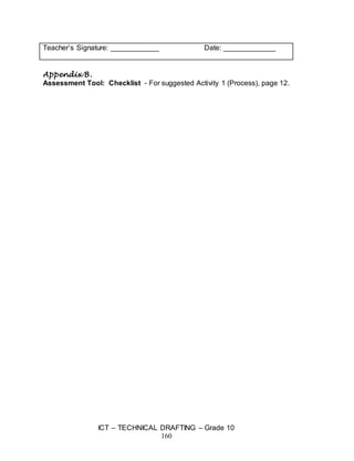 ICT – TECHNICAL DRAFTING – Grade 10
160
Teacher’s Signature: ____________ Date: _____________
Appendix B.
Assessment Tool: Checklist - For suggested Activity 1 (Process), page 12.
 