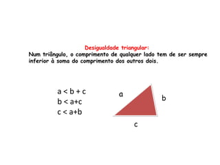   Desigualdade triangular: Num triângulo, o comprimento de qualquer lado tem de ser sempre inferior à soma do comprimento dos outros dois. a < b + c b < a+c c < a+b a b c 