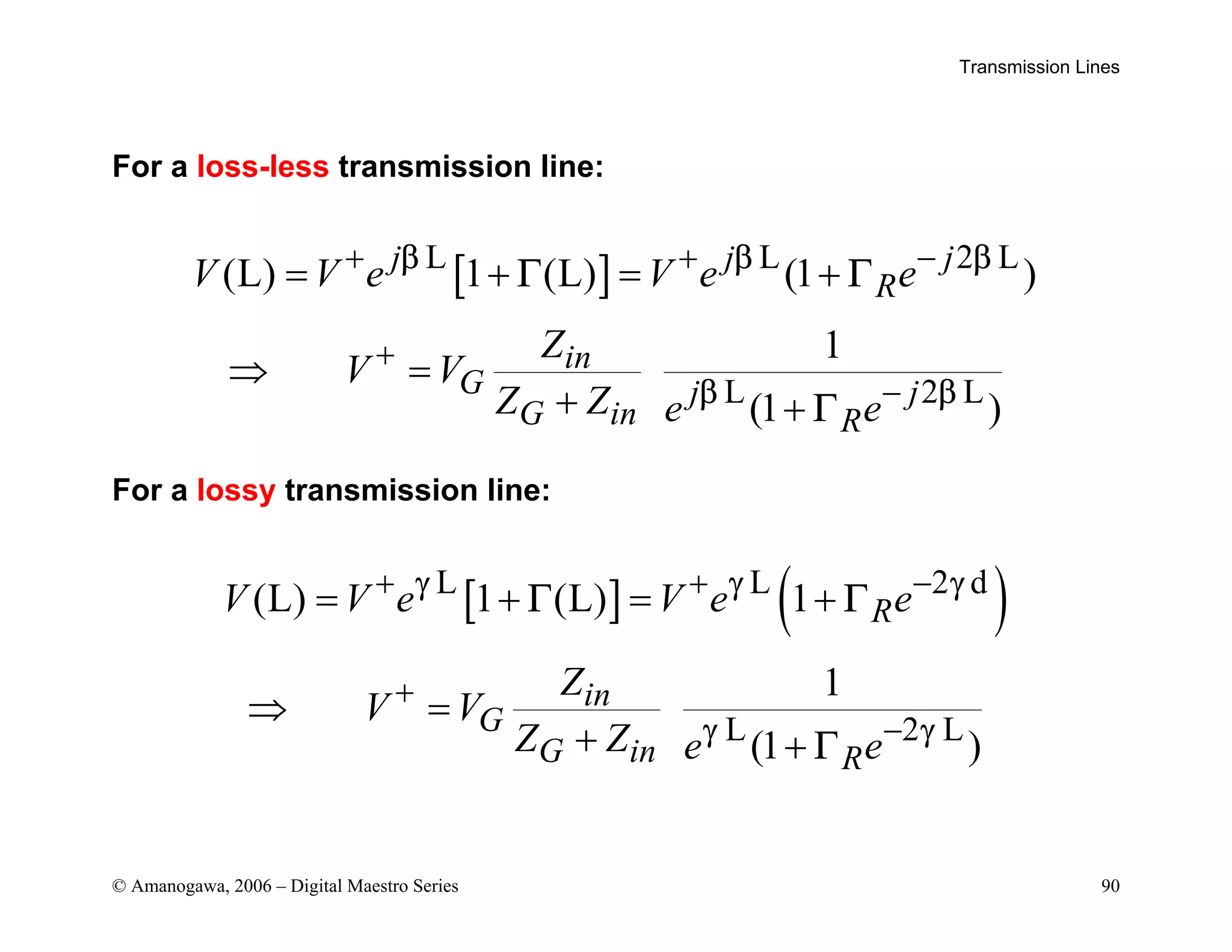 Transmission Lines
© Amanogawa, 2006 – Digital Maestro Series 90
For a loss-less transmission line:
[ ]
L L 2 L
(L) 1 (L) (1 )
j j j
R
V V e V e e
β β β
Γ Γ
+ + −
= + = +
L 2 L
1
(1 )
in
G j j
G in R
Z
V V
Z Z e e
β β
Γ
+
−
⇒ =
+ +
For a lossy transmission line:
[ ] ( )
L L 2 d
(L) 1 (L) 1 R
V V e V e e
γ γ γ
Γ Γ
+ + −
= + = +
L 2 L
1
(1 )
in
G
G in R
Z
V V
Z Z e e
γ γ
Γ
+
−
⇒ =
+ +
 