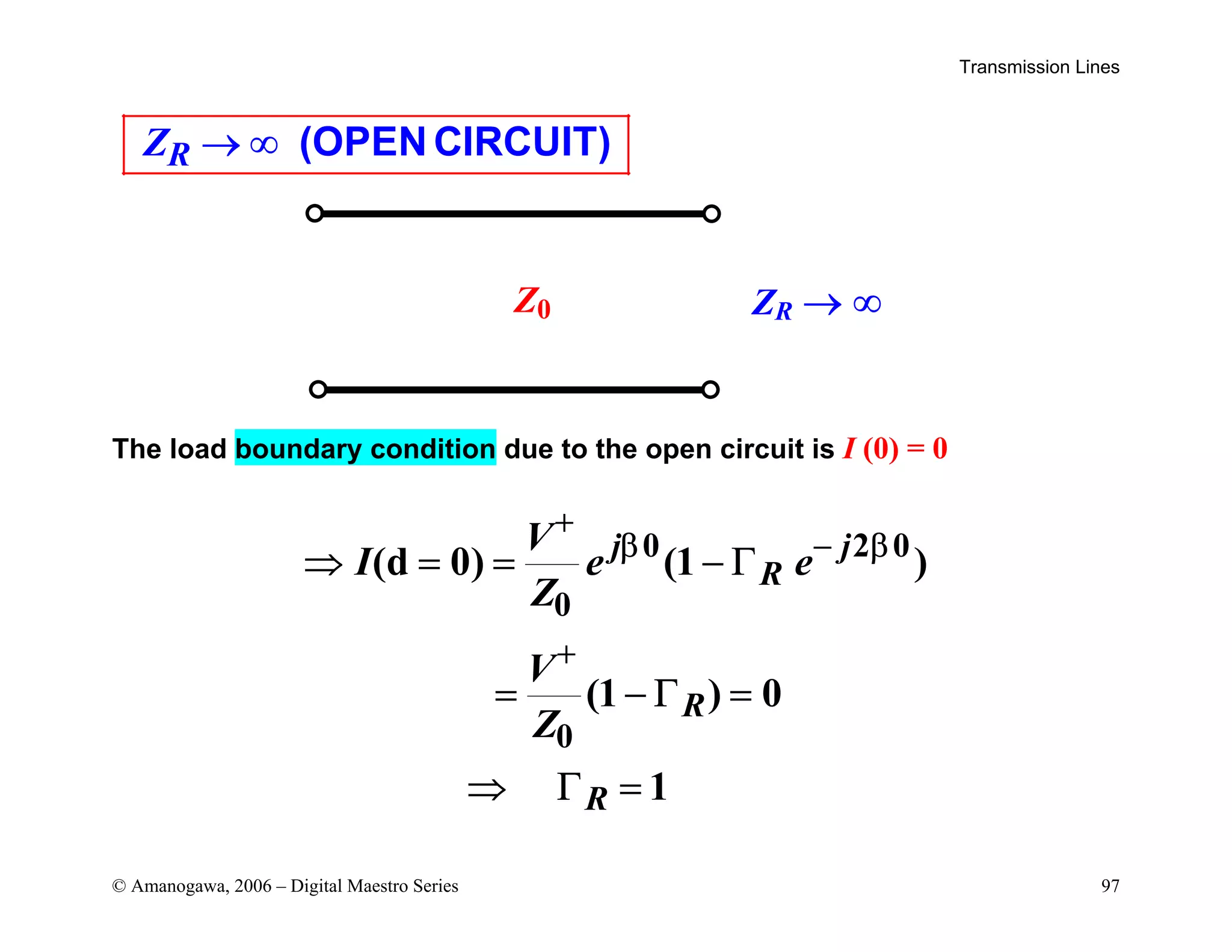 Transmission Lines
© Amanogawa, 2006 – Digital Maestro Series 97
R
Z → ∞ (OPEN CIRCUIT)
The load boundary condition due to the open circuit is I (0) = 0
0 2 0
0
0
(d 0) (1 )
(1 ) 0
1
j j
R
R
R
V
I e e
Z
V
Z
+
β − β
+
⇒ = = − Γ
= − Γ =
⇒ Γ =
ZR → ∞
Z0
 