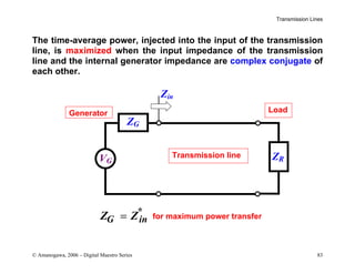 Transmission Lines
© Amanogawa, 2006 – Digital Maestro Series 83
The time-average power, injected into the input of the transmission
line, is maximized when the input impedance of the transmission
line and the internal generator impedance are complex conjugate of
each other.
Z Z
G in
= *
Zin
ZR
ZG
Transmission line
Load
Generator
for maximum power transfer
VG
 
