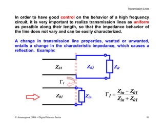 Transmission Lines
© Amanogawa, 2006 – Digital Maestro Series 91
In order to have good control on the behavior of a high frequency
circuit, it is very important to realize transmission lines as uniform
as possible along their length, so that the impedance behavior of
the line does not vary and can be easily characterized.
A change in transmission line properties, wanted or unwanted,
entails a change in the characteristic impedance, which causes a
reflection. Example:
Γ1
ZR
Z01 Z02
Z01 Zin
Γ1
in 01
in 01
Z Z
Z Z
=
−
+
 
