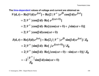 Transmission Lines
© Amanogawa, 2006 – Digital Maestro Series 100
The time-dependent values of voltage and current are obtained as
( )
(d, ) Re[ (d) ] Re[2 | | cos( d) ]
2| |cos( d) Re[ ]
2| |cos( d) Re[(cos( ) sin( )]
2| |cos( d)cos( )
j t j j t
j t
V t V e V e e
V e
V t j t
V t
ω + θ ω
+ ω +θ
+
+
= = β
= β ⋅
= β ⋅ ω + θ + ω + θ
= β ω + θ
0
( )
0
0
0
(d, ) Re[ (d) ] Re[2 | | sin( d) ]/
2| |sin( d) Re[ ]/
2| |sin( d) Re[ cos( ) sin( )]/
| |
2 sin( d)sin( )
j t j j t
j t
I t I e j V e e Z
V j e Z
V j t t Z
V
t
Z
ω + θ ω
+ ω +θ
+
+
= = β
= β ⋅
= β ⋅ ω + θ − ω + θ
= − β ω + θ
 