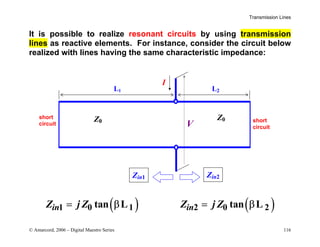 Transmission Lines
© Amarcord, 2006 – Digital Maestro Series 116
It is possible to realize resonant circuits by using transmission
lines as reactive elements. For instance, consider the circuit below
realized with lines having the same characteristic impedance:
( ) ( )
1 0 1 2 0 2
tan L tan L
in in
Z j Z Z j Z
= β = β
I
V
L2
L1
short
circuit
short
circuit
Zin1 Zin2
Z0 Z0
 