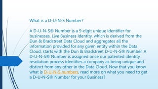 What is a D-U-N-S Number?
A D-U-N-S® Number is a 9-digit unique identifier for
businesses. Live Business Identity, which is derived from the
Dun & Bradstreet Data Cloud and aggregates all the
information provided for any given entity within the Data
Cloud, starts with the Dun & Bradstreet D-U-N-S® Number. A
D-U-N-S® Number is assigned once our patented identity
resolution process identifies a company as being unique and
distinct from any other in the Data Cloud. Now that you know
what is D-U-N-S numbers, read more on what you need to get
a D-U-N-S® Number for your Business?