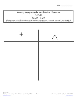 Name: ____________________




                   Literacy Strategies in the Social Studies Classroom
                                          3/15/11
                                     10:00 – 11:00
       Sheraton Greensboro Hotel/Koury Convention Center, Room: Augusta A




                                         +




Presented by:
Scott Garren – Coordinating Teacher for Middle School Social Studies, WCPSS   &   Dr. Denise Vargas – Social Studies Department Chair, WCPSS
sgarren@wcpss.net                                                                                                          dvargas@wcpss.net
 